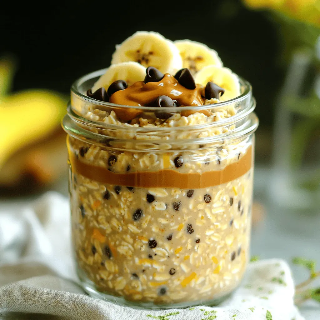 To make Peanut Butter Cup Protein Overnight Oats, you will need: - 1 cup rolled oats - 2 cups unsweetened almond milk - 2 tablespoons natural peanut butter - 2 tablespoons chocolate-flavored protein powder - 1 tablespoon honey or pure maple syrup - 1 tablespoon chia seeds - 1/4 teaspoon pure vanilla extract - A pinch of sea salt - 2 tablespoons mini dark chocolate chips You can add fun toppings to your oats like: - Sliced bananas - Crushed nuts (almonds or walnuts) - A dollop of extra peanut butter Each ingredient in this recipe adds flavor and nutrition. - Rolled oats provide fiber, which helps keep you full. - Almond milk is low in calories and dairy-free. - Peanut butter adds healthy fats and protein. - Chocolate protein powder boosts protein content without extra calories. - Honey or maple syrup adds a touch of sweetness. - Chia seeds are rich in omega-3s and help thicken the oats. - Vanilla extract enhances flavor without added sugar. - Sea salt balances sweetness and enhances taste. - Dark chocolate chips add a treat while giving antioxidants. This simple mix creates a tasty, healthy breakfast that fuels your day! 1. Start by taking a medium mixing bowl. Add 1 cup of rolled oats and 2 cups of unsweetened almond milk. Make sure the oats are fully soaked. 2. Next, add 2 tablespoons of natural peanut butter. You can choose creamy or crunchy. Then, add 2 tablespoons of chocolate-flavored protein powder. 3. Sweeten your mix with 1 tablespoon of honey or pure maple syrup. Add 1 tablespoon of chia seeds for texture and health. 4. Pour in 1/4 teaspoon of pure vanilla extract and a pinch of sea salt. 5. Now it’s time to mix! Use a whisk or spoon to blend everything well. Make sure the peanut butter is spread out evenly. 6. Gently fold in 2 tablespoons of mini dark chocolate chips. This adds a fun chocolatey touch. 7. Transfer the mixture into two airtight jars. Leave a little room at the top for the oats to expand. 8. Seal the jars and put them in the fridge overnight or for at least 6 hours. This soaking time is key for the best texture. - Mix the oats and almond milk first. This helps the oats soak up the milk quickly. - When adding peanut butter, warm it slightly. This makes it easier to mix. - Use a whisk for a smoother blend. It helps break up any clumps of peanut butter. - Be gentle when adding chocolate chips. You want them to stay whole for bites of chocolate. Soaking overnight is vital. It allows the oats to absorb the almond milk. This makes them soft and creamy. Chia seeds also thicken the mix, adding fiber and nutrients. If you skip this step, the oats may be too hard. A good soak leads to a tasty treat that’s ready to eat! To make great overnight oats, follow some simple tips. First, always use rolled oats. They soak well and stay chewy. Instant oats become mushy, and that’s not what we want. Second, ensure the oats sit in enough liquid. Use a 2:1 ratio of liquid to oats. This helps them absorb flavors and become creamy. Third, mix the ingredients well. Stir until everything blends, especially the peanut butter. You can easily change the flavor of your overnight oats. Try different nut butters like almond or cashew for a twist. If you want a sweeter taste, add more honey or syrup. To mix up the texture, add nuts or seeds. They will give your oats a satisfying crunch. Want a chocolate kick? Swap in different chocolate protein powders or add cocoa powder. Add fruits like berries or apples for natural sweetness and freshness. Store your overnight oats in airtight containers. Glass jars work well, too. This keeps them fresh and prevents spills. They last about five days in the fridge. If you notice any strange smells or colors, it’s best to discard them. For meal prep, make a few jars at once. This way, you have a quick breakfast ready to go. {{image_4}} You can change up the recipe to fit your needs. If you are gluten-free, use gluten-free oats. For nut allergies, try sunflower seed butter instead of peanut butter. This keeps the flavor tasty and safe. If you want lower sugar, swap honey for a sugar-free sweetener. Mixing flavors can make your oats fun! Use vanilla protein powder for a sweet twist. If you love chocolate, try a chocolate nut butter. You can even add cocoa powder for a richer taste. For a fruity touch, add cinnamon or nutmeg. These flavors enhance the overall dish. To make it vegan, use maple syrup instead of honey. Almond milk is already vegan, so you are set there! For gluten-free oats, check the label. Not all oats are gluten-free, so pick those that are certified. These small changes let everyone enjoy this dish. To keep your Peanut Butter Cup Protein Overnight Oats fresh, use airtight jars. I love using glass jars because they hold the flavor well. After you prepare the oats, fill each jar, leaving some space at the top. This space allows the oats to expand. Make sure the jars are sealed tightly before placing them in the fridge. This way, your oats stay safe and tasty! These oats will last in the fridge for about 3 to 5 days. I recommend making them on a Sunday for easy breakfasts during the week. For meal prep, you can double or triple the recipe. Just divide the mixture among more jars. This saves time and makes breakfast easy. If you want to add toppings, keep them separate until you’re ready to eat. This keeps them fresh and crunchy. Always check your oats before eating. If you see mold or a strange smell, toss them out. The oats may also change color or texture, which means they’re not good anymore. If they feel slimy or sticky, it’s best to throw them away. Trust your senses! Fresh oats should smell nutty and chocolatey, with a smooth texture. Enjoy your delicious, safe breakfast! You can keep these oats in the fridge for up to five days. This makes them a great meal prep option. Just ensure they are in airtight containers to maintain freshness. If you notice any off smells or changes in texture, it’s best to toss them. Yes, you can use quick oats. However, the texture will change. Quick oats will absorb liquid faster and may become mushy. If you prefer a chewier bite, stick with rolled oats. They hold their shape better and provide a heartier feel. If you're not a fan of almond milk, you can use other plant-based milks. Options like oat milk or soy milk work well. You can also use regular dairy milk if you prefer. Just remember that each milk type can slightly change the flavor and creaminess of your oats. Peanut Butter Cup Protein Overnight Oats are simple and tasty. We discussed key ingredients, step-by-step instructions, and tips to make the best oats. You learned how to customize your oats and store them for later. Remember, the right ingredients make a big difference. Experiment with flavors to find your favorite mix. Keep these oats fresh for quick, healthy meals. Enjoy creating your perfect bowl!