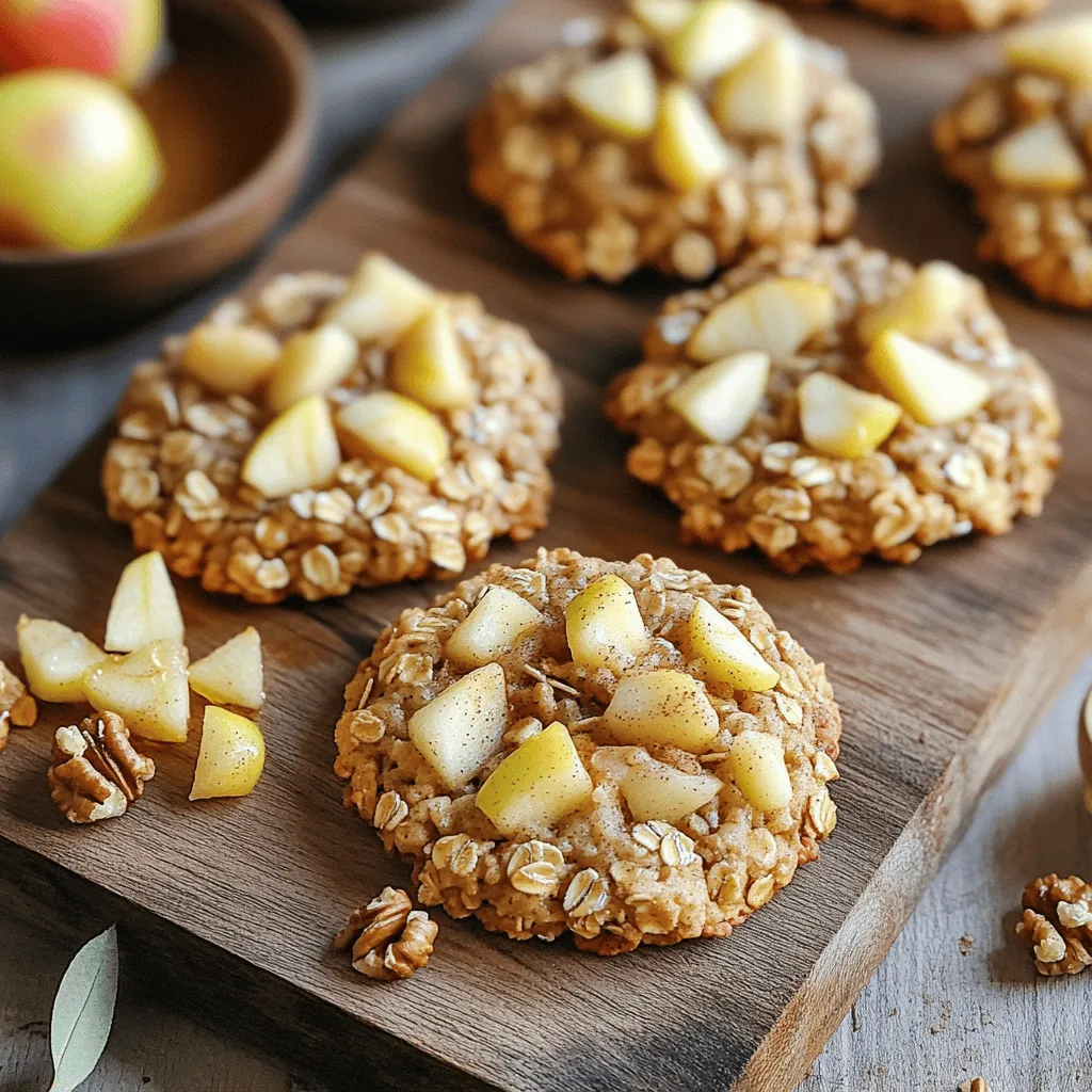 - 1 cup rolled oats - 1 cup whole wheat flour - 1 teaspoon baking soda - 1 teaspoon ground cinnamon - 1/2 teaspoon ground nutmeg - 1/4 teaspoon salt - 1/2 cup unsweetened applesauce - 1/4 cup almond butter (or preferred nut butter) - 1/4 cup honey or maple syrup - 1 teaspoon pure vanilla extract - 1 cup diced apples (peeled and cored) - 1/3 cup raisins or chopped walnuts I love using simple and healthy ingredients for my Apple Pie Oatmeal Breakfast Cookies. The base starts with rolled oats and whole wheat flour, which give my cookies great texture. Baking soda helps them rise, making them soft and chewy. Next, I add spices to create that warm, cozy apple pie flavor. Ground cinnamon and nutmeg bring a lovely taste, while a little salt balances everything out. For moisture and sweetness, I use unsweetened applesauce and almond butter. Honey or maple syrup adds a touch of natural sweetness. The vanilla extract rounds it all out with a rich aroma. I often toss in diced apples for a fresh crunch. If you want a little extra, raisins or walnuts make perfect add-ins. They boost flavor and add fun texture. These ingredients come together to make cookies that are not just tasty but also wholesome. - Preheat the oven to 350°F (175°C). - Line a baking sheet with parchment paper. Start by preheating your oven. It helps the cookies bake evenly. While the oven warms, grab a baking sheet and line it with parchment paper. This step keeps the cookies from sticking and makes cleanup simple. - Combine rolled oats, whole wheat flour, baking soda, cinnamon, nutmeg, and salt. In a large bowl, mix the rolled oats and whole wheat flour. Add baking soda, cinnamon, nutmeg, and salt. Stir these dry ingredients well until they blend evenly. This mix gives the cookies their great flavor and texture. - Whisk together applesauce, almond butter, honey (or maple syrup), and vanilla extract. In another bowl, whisk together the applesauce and almond butter. Add honey or maple syrup, along with the vanilla extract. Whisk until smooth. This mix adds moisture and sweetness to the cookies. - Gradually add wet ingredients to dry ingredients and mix. - Fold in diced apples and optional add-ins. Now, pour the wet mix into the dry mix. Stir well until everything combines. Next, fold in the diced apples. If you want extra flavor, add raisins or chopped walnuts. This step brings in that apple pie taste. - Scoop dough onto prepared baking sheet, leaving space between cookies. - Flatten cookies slightly and bake for 12-15 minutes. Using a tablespoon, scoop the dough onto the baking sheet. Leave some space between each scoop. Lightly flatten the tops with your spoon. Bake them in the oven for 12 to 15 minutes. Watch for the edges to turn golden brown. - Cool cookies on the baking sheet for 5 minutes. - Transfer to a wire rack to cool completely. Once baked, let the cookies cool on the sheet for about five minutes. This allows them to set. After that, move them to a wire rack to cool fully. Enjoy the wonderful smell while they cool down! To make your cookies chewy, use less flour. A thicker dough means a crunchier cookie. Try baking your cookies for 12 minutes for chewiness. For a crispier texture, bake them for up to 15 minutes. Keep an eye on them to avoid burning. If you need a nut-free option, swap almond butter for sunflower seed butter. You can also use cashew or peanut butter if you prefer. For sweeteners, replace honey with agave syrup for a lighter taste. Maple syrup adds a nice flavor too. For uniform cookies, use a tablespoon to scoop the dough. This ensures each cookie is the same size. If you want to make a big batch, simply double the recipe. Just remember to adjust your baking time based on the size of your cookies. {{image_4}} You can make these cookies even more fun! Here are a few ideas: - Add spices like ginger or cloves. These spices bring warmth and depth. - Try dark chocolate chips for a rich, sweet twist. They pair well with apples. Need to adapt the recipe? No problem! - For gluten-free cookies, use oat flour or almond flour. They work great and taste good. - You can also make them vegan. Just swap the honey for maple syrup. Don’t be afraid to get creative! - Use different fruits like juicy pears or mixed berries. They add a fresh taste. - Experiment with nuts and seeds. Walnuts, almonds, or sunflower seeds give a nice crunch. To keep your cookies fresh, store them in an airtight container. This helps prevent them from getting dry. Place a piece of bread in the container to help keep cookies soft. Use a container made of glass or plastic with a tight lid. Keep the cookies at room temperature, away from heat and light. Freezing cookies is easy. Let them cool completely first. Place cookies in a single layer on a baking sheet. Freeze them for about an hour until firm. After that, transfer them to a freezer bag. Remove as much air as possible before sealing. To thaw, take out a cookie and leave it at room temperature. For warm cookies, microwave them for about 10 seconds. When stored properly, these cookies last about a week at room temperature. You can keep frozen cookies for up to three months. Signs that cookies have gone stale include a hard texture or a dry taste. If they lose their tasty flavor, it's time to toss them out. Enjoy your fresh cookies while they last! Yes, you can make these cookies gluten-free! Use gluten-free rolled oats and almond flour instead of whole wheat flour. You can also try oat flour, which works well. To make the cookies sweeter, you can add more honey or maple syrup. You could also use mashed bananas for natural sweetness. If you like, try adding a bit of brown sugar too. Store the cookies in an airtight container at room temperature. They stay fresh for about a week. You can also refrigerate them for longer shelf life. Just let them warm up before serving. Yes, you can add protein powder! Start with one scoop and mix it into the dry ingredients. Make sure to reduce the flour slightly to keep the texture nice. Serve the cookies warm with a sprinkle of cinnamon. Pair them with yogurt or fresh fruit for a balanced breakfast. You can also add a drizzle of honey for extra sweetness. You now have a simple and tasty recipe for Apple Pie Oatmeal Breakfast Cookies. We covered the key ingredients, easy steps, and helpful tips. You can customize the flavors and even store them well for later. Remember, perfect cookies start with the right mix of dry and wet ingredients. Try new flavors and adjust to your taste. Enjoy making these cookies as a fun breakfast or snack option!