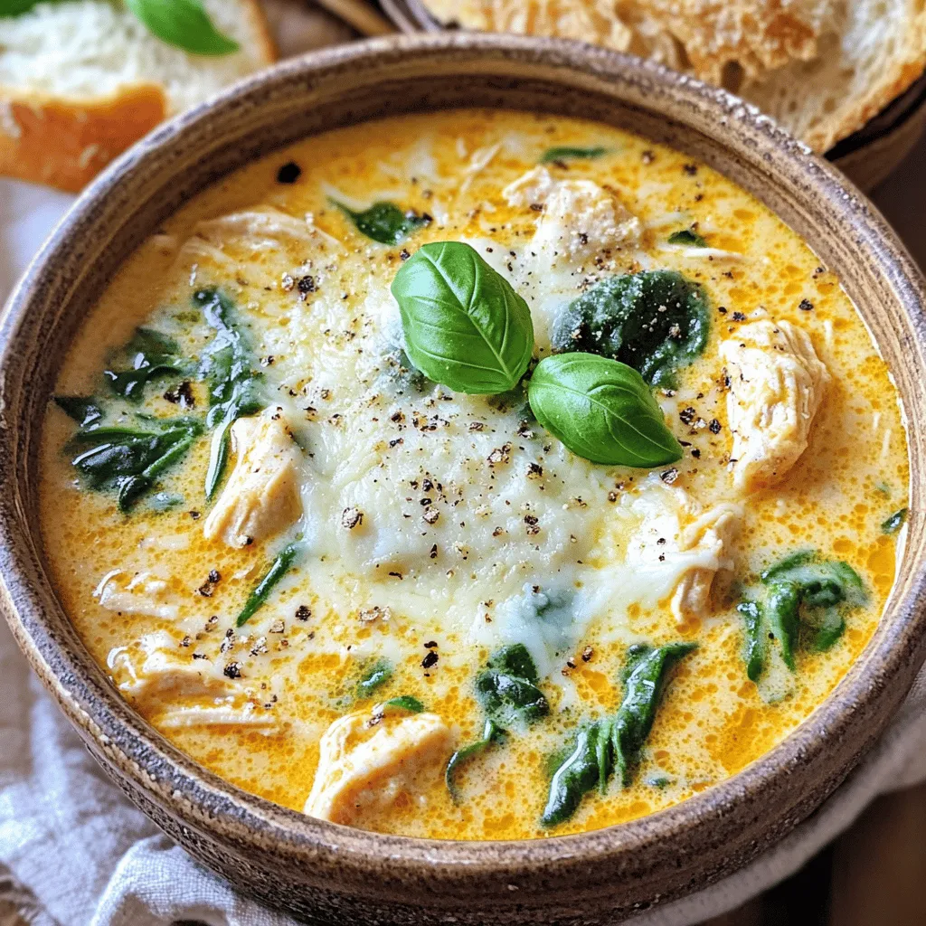 - 1 lb boneless, skinless chicken breasts, diced - 1 medium onion, finely chopped - 4 cloves garlic, minced - 3 cups chicken broth - 1 can crushed tomatoes (15 oz) - 8 oz lasagna noodles, broken into bite-sized pieces - 1 cup heavy cream - 1 cup grated Parmesan cheese - 2 cups fresh spinach, roughly chopped - 2 teaspoons Italian seasoning - Salt and pepper to taste - Fresh basil leaves, for garnish - Olive oil, for cooking - Large pot - Wooden spoon or spatula - Measuring cups and spoons This recipe uses simple, fresh ingredients to create a rich and creamy soup. The chicken gives it protein, while the garlic and onion add depth. Lasagna noodles make it hearty. The cream and Parmesan cheese make it smooth and rich. Fresh spinach adds color and nutrition. You can adjust the seasonings to match your taste. Always keep some fresh basil on hand for a lovely finish. Having the right tools makes cooking easier and more fun! Start by heating about 2 tablespoons of olive oil in a large pot over medium heat. Once the oil is hot, add 1 pound of diced chicken breasts. Cook the chicken for about 5 to 7 minutes. You want it to turn golden brown and be fully cooked. Remember to season it with salt and pepper while it cooks. After it’s done, remove the chicken from the pot and set it aside in a bowl. In the same pot, add 1 medium finely chopped onion. Sauté it for about 3 to 4 minutes. You want the onion to turn translucent. Then, add 4 minced garlic cloves. Cook the garlic for about 1 more minute. Stir often to keep it from burning. This step fills your kitchen with great smells! Next, pour in 3 cups of chicken broth and 1 can of crushed tomatoes. Stir everything well to mix. Bring this mixture to a gentle simmer. Once it’s simmering, add 8 ounces of broken lasagna noodles. Sprinkle in 2 teaspoons of Italian seasoning. Cook it for about 10 to 12 minutes. Check the noodles to ensure they are al dente and tender. Now reduce the heat to low. Stir in 1 cup of heavy cream and 1 cup of grated Parmesan cheese. Mix until the cheese melts and the soup is creamy. Then, add the chicken back into the pot. Stir it in well so that the chicken is fully incorporated. Take 2 cups of fresh spinach and fold it into the soup. Let it wilt for about 2 to 3 minutes. After that, taste the soup. Adjust the seasoning with more salt and pepper if needed. This adds color and nutrition to your soup! Ladle the soup into bowls for serving. For a nice touch, garnish each bowl with fresh basil leaves. You can also sprinkle on more Parmesan cheese for extra flavor. Serve this warm soup with a side of crusty bread. It’s perfect for dipping! If you like a bit of heat, add a pinch of red pepper flakes on top. Enjoy your hearty and creamy soup! To get the right creaminess, use more or less cream based on your taste. If you like it rich, add more cream. If you prefer lighter soup, use less. The noodles should cook until they are al dente, which means they are soft but still have a bite. This prevents them from becoming mushy in the soup. For extra flavor, consider adding spices like red pepper flakes or smoked paprika. These can give your soup a nice kick. Using homemade chicken broth adds great depth to the soup. It makes the taste richer than store-bought broth. If you have a busy week, prep your ingredients ahead of time. Chop your veggies and store them in the fridge. You can also cook the chicken in advance and store it. For leftovers, keep them in an airtight container in the fridge. To reheat, warm it on the stove over low heat. Stir often to keep it creamy. {{image_4}} You can swap out the chicken for rotisserie chicken. This saves time and adds great flavor. Just shred the chicken and stir it in at the end. For a vegetarian twist, use mushrooms instead of chicken. Sautéing them adds a rich, savory taste to the soup. To change the flavor, try adding different herbs and spices. Basil, oregano, or even thyme can add a fresh twist. You can also adjust the richness by using different cheeses. Mixing in mozzarella or using ricotta can create a creamier texture and a unique taste. If you want to mix it up, consider using alternatives to traditional lasagna noodles. You can use egg noodles or even spiralized zucchini for a lighter option. For gluten-free needs, look for gluten-free lasagna noodles made from rice or corn. These options keep the dish delicious and accessible for everyone. To store leftovers, let the soup cool down first. Place it in an airtight container. Store it in the fridge for up to 3 days. For best quality, eat within this time frame. You can freeze the soup for later use. Just make sure it is completely cool. Pour it into freezer-safe containers. It can last up to 3 months in the freezer. To thaw, move it to the fridge overnight. Reheat on the stove over medium heat until warm. Use glass or plastic airtight containers. They keep the soup fresh longer. Avoid using containers that are not freezer-safe to prevent freezer burn. Yes, you can use other cheeses! Here are some great options: - Mozzarella cheese for a stretchy, melty texture. - Ricotta cheese for a creamy, rich taste. - Cheddar cheese for a sharper flavor. Using a mix of these can add depth to your soup! To adapt this recipe for a slow cooker: 1. Sauté the chicken, onion, and garlic in a pan first. 2. Transfer them to the slow cooker. 3. Add chicken broth, crushed tomatoes, and lasagna noodles. 4. Cook on low for 4-6 hours or high for 2-3 hours. 5. Stir in cream, Parmesan, and spinach just before serving. This soup pairs well with many sides: - Warm, crusty bread for dipping. - A fresh garden salad to balance the meal. - Garlic bread for an extra flavor boost. These options complement the creamy soup nicely! To add some heat to your soup, try these tips: - Add red pepper flakes when sautéing the garlic. - Stir in diced jalapeños or serrano peppers. - Use spicy Italian sausage instead of chicken. These changes will give your soup a nice kick! This blog post explored how to make a delicious One-Pot Creamy Garlic Parmesan Chicken Lasagna Soup. You learned about the main and additional ingredients needed, including chef tips for cooking. We discussed easy methods to enhance flavors and create variations to suit your taste. In summary, this soup is simple, tasty, and perfect for any meal. Enjoy it hot with your favorite sides. This dish is sure to impress everyone, all while being quick and easy to prepare.