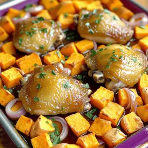 - 4 boneless, skinless chicken thighs - 2 large sweet potatoes, peeled and cut into 1-inch cubes - 1 red onion, thinly sliced - 3 tablespoons pure maple syrup - 2 tablespoons extra virgin olive oil - 1 teaspoon garlic powder - 1 teaspoon smoked paprika - 1 teaspoon dried thyme - Salt and freshly ground black pepper to taste - Fresh parsley, finely chopped The main ingredients for this dish are simple and wholesome. The chicken thighs bring a rich, juicy flavor. Sweet potatoes add a touch of sweetness and nutrition. The red onion gives a nice kick. The marinade is where the magic happens. Maple syrup adds sweetness, while olive oil adds richness. Garlic powder gives depth. Smoked paprika brings a warm, smoky taste. Dried thyme adds a hint of earthiness. Finally, salt and pepper round out the flavors. When you finish cooking, sprinkle fresh parsley on top. It adds color and freshness. This dish not only looks great but tastes amazing too. You can enjoy it any night of the week. Set your oven to 400°F (200°C). This helps the chicken and sweet potatoes cook evenly. In a large bowl, mix together these ingredients: - 3 tablespoons pure maple syrup - 2 tablespoons extra virgin olive oil - 1 teaspoon garlic powder - 1 teaspoon smoked paprika - 1 teaspoon dried thyme - Salt and freshly ground black pepper Stir well until blended. The maple syrup gives a sweet touch that pairs well with the chicken. Add the chicken thighs to the bowl. Make sure to coat them completely in the marinade. Let the chicken sit for about 15 minutes. This gives time for the flavors to soak in. While the chicken marinates, prepare your veggies. Cut the sweet potatoes into 1-inch cubes. Slice the red onion thinly. On a large sheet pan, spread the sweet potatoes and onion. Drizzle with a bit of olive oil and sprinkle with salt and pepper. Toss them well to coat. Now, place the marinated chicken thighs on top of the sweet potatoes and onions. This helps the chicken juices flow down and flavor the veggies. Slide the sheet pan into the oven. Roast for 25-30 minutes. Check that the chicken reaches 165°F (75°C) inside. Ensure the sweet potatoes are fork-tender. For that nice, crispy texture, switch the oven to broil. Broil for 2-3 minutes. This gives the chicken a beautiful caramelized look. When done, take the sheet pan out of the oven. Let it rest for a couple of minutes. Before serving, sprinkle with fresh parsley. This adds color and a fresh taste to your dish. To ensure your chicken is cooked just right, check its internal temperature. Use a meat thermometer to see if it hits 165°F (75°C). This temperature keeps the chicken juicy and safe to eat. Insert the thermometer into the thickest part of the thigh, avoiding bones. If it reads 165°F, your chicken is done! If not, return it to the oven and check again in a few minutes. To get sweet potatoes that are soft and tender, cut them into 1-inch cubes. This size cooks evenly and quickly. If you cut them smaller, they may turn mushy. Larger pieces take longer and may not cook through. Keep an eye on them while roasting. You want them fork-tender but not overcooked. Check them after 25 minutes by piercing with a fork. If it goes in easily, they are ready. For deeper flavor in your chicken, let it marinate longer. While 15 minutes gives a nice taste, try marinating for 30 minutes or even up to 2 hours if you can. Just keep the chicken in the fridge while it soaks up the flavors. This time allows the maple syrup, garlic, and spices to really infuse into the meat. The longer it sits, the better it will taste when cooked. {{image_4}} You can swap chicken thighs for chicken breasts if you prefer. Chicken breasts cook faster and are leaner than thighs. If you're looking for a new taste, try pork tenderloin or turkey cutlets. These meats blend well with maple glaze. Just make sure you adjust the cooking time. Always check that your protein reaches 165°F (75°C) for safety. Feel free to change up the veggies! Carrots add a nice crunch and sweetness. Brussels sprouts give a hearty flavor and pair well with maple. Bell peppers can add color and a sweet taste, too. Choose any mix of your favorite vegetables. Just remember to cut them into similar sizes for even cooking. If you're out of maple syrup, honey works great. Honey has a similar sweetness and adds a nice flavor. You can also use agave syrup. It has a mild taste and is a good vegan option. Just keep the amount the same as maple syrup. Adjust to your taste if you like things sweeter. To store leftovers, let the dish cool first. Transfer the chicken and sweet potatoes to an airtight container. Keep it in the refrigerator for up to three days. Make sure to cover it well to keep the flavor fresh. If you want to freeze the dish, use a freezer-safe container. It can last up to three months. To prevent freezer burn, wrap it tightly in plastic wrap before sealing. Label the container with the date for easy tracking. When it’s time to enjoy leftovers, the oven is best. Preheat it to 350°F (175°C). Place the chicken and sweet potatoes on a baking sheet. Heat for about 15-20 minutes until warm. You can also use the microwave, but it may not keep the same crisp texture. Enjoy your delicious meal again! Yes, you can use skin-on chicken thighs. Skin-on thighs add flavor and moisture. The skin crisps up nicely when roasted. If you prefer skinless, just use boneless thighs as the recipe suggests. Both options work well, but skin-on gives a richer taste. Just adjust cooking time slightly if needed, as skin-on may take a bit longer to cook. Yes, this recipe is gluten-free. The main ingredients do not contain gluten. Make sure your maple syrup is pure and not mixed with additives. Check labels for any hidden gluten sources. Always use fresh herbs and spices, avoiding blends that may have gluten. This way, you enjoy a safe and tasty meal. You can easily spice it up! Add red pepper flakes to the marinade for heat. Another option is to use cayenne pepper or hot sauce. Mix in a teaspoon or more, depending on how spicy you like it. You could also add sliced jalapeños to the sweet potatoes. It’s a fun way to boost flavor and heat! This recipe brings together tender chicken, sweet potatoes, and bold flavors. We've covered the key ingredients, simple steps, and helpful tips to make it perfect. You can feel confident trying out variations, whether with different meats or vegetables. Storing and reheating leftovers will keep your meal tasty. With this guide, you’ll enjoy a delicious dish that’s easy to prepare. Dive into cooking and savor the flavors!