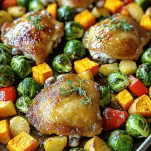 - 4 chicken thighs (bone-in, skin-on) - 1/4 cup pure maple syrup - 2 tablespoons Dijon mustard - 2 cups Brussels sprouts, halved - 2 cups sweet potatoes, diced into 1-inch pieces - 1 red bell pepper, sliced into thin strips - 1 teaspoon garlic powder - 1 teaspoon onion powder - 1 teaspoon smoked paprika - 2 tablespoons extra virgin olive oil - Salt and freshly ground black pepper to taste Gather these simple ingredients to create a tasty Maple Dijon Sheet-Pan Chicken and Veggies. The chicken thighs give a rich flavor, while the pure maple syrup and Dijon mustard add a sweet and tangy twist. The Brussels sprouts, sweet potatoes, and red bell pepper not only add color but also complement the chicken’s taste. This dish is healthy and satisfying. For seasoning, garlic powder, onion powder, and smoked paprika work wonders. They boost the flavor and make each bite delicious. Olive oil, salt, and pepper round out the marinade, ensuring everything tastes great. This meal is easy to prepare and perfect for a weeknight dinner. You can also mix and match veggies based on what you have on hand. Enjoy! Preheating your oven to 425°F (220°C) is key. This high heat helps cook the chicken and veggies evenly. If you skip this step, your food may cook unevenly. In a small bowl, mix together the maple syrup, Dijon mustard, olive oil, garlic powder, onion powder, and smoked paprika. Don’t forget to add salt and pepper. Whisk until smooth. This marinade gives the chicken a sweet and tangy flavor. Place the chicken thighs in a large bowl or resealable bag. Pour half of the marinade over them. Make sure each thigh is fully coated. Refrigerate for at least 15 minutes. For best results, let it sit overnight. This helps the flavors soak into the chicken. In another large bowl, add the halved Brussels sprouts, diced sweet potatoes, and sliced red bell pepper. Drizzle the remaining marinade over the veggies. Use your hands or a spatula to mix well. Ensure each piece is covered in marinade for delicious flavor. Take a large baking sheet and arrange the marinated chicken thighs in the center, skin-side up. Place the veggies around the chicken. Spread them out in a single layer. This allows the heat to circulate and cook everything evenly. Put the baking sheet in the preheated oven. Bake for 25-30 minutes. Check the chicken for doneness when it reaches 165°F (75°C). The veggies should be fork-tender. For crispy chicken skin, broil for an extra 2-3 minutes at the end. Once out of the oven, let the sheet pan rest for a few minutes. Garnish with fresh thyme, if desired. Serve warm and let everyone help themselves to chicken and veggies. Enjoy this colorful and tasty dish! Marinating chicken adds depth to the dish. I suggest marinating for at least 15 minutes. If you have time, let it soak overnight. This extra time lets the flavors mix well. It makes the chicken juicy and tasty. To roast veggies right, cut them into even pieces. This helps them cook evenly. I like to spread them out on the pan. If they are too close, they may steam instead of roast. For a colorful mix, keep the Brussels sprouts, sweet potatoes, and red bell pepper in a single layer. For crispy chicken skin, use the broiler at the end. After baking, turn on the broiler for 2-3 minutes. This step adds a nice crunch. Watch closely so it doesn’t burn. The result is perfectly browned, crispy skin that everyone will love! {{image_4}} You can switch out chicken thighs for chicken breasts. Chicken breasts cook faster and can be a bit drier. If you want more options, try turkey thighs or even pork tenderloin. Each choice will bring its own flavor. Adjust cooking times for each protein to ensure they are safe to eat. Brussels sprouts, sweet potatoes, and red bell peppers make a great mix. But don’t stop there! You can use carrots, zucchini, or green beans. Just chop them to a similar size. This helps them cook evenly. Mixing different colors adds fun to your meal! Want to spice things up? Change the marinade! Add fresh herbs like rosemary or basil for bright flavor. You can also try different mustards like whole grain for a crunchy texture. A splash of balsamic vinegar can give it a tangy twist. Experimenting makes cooking fun and keeps meals exciting! To keep your Maple Dijon Sheet-Pan Chicken & Veggies fresh, follow these steps: - Cool the dish: Let it cool to room temperature before storing. - Use airtight containers: Place leftovers in airtight containers to avoid moisture loss. - Refrigerate promptly: Store in the fridge within two hours to ensure safety. Leftovers can last up to three days in the refrigerator. Reheating is key to enjoying leftover chicken and veggies. Here are some methods: - Oven: Preheat the oven to 350°F (175°C). Place the chicken and veggies on a baking sheet. Heat for about 15-20 minutes until warmed through. - Microwave: Place portions on a microwave-safe plate. Heat for 1-2 minutes, checking halfway for even warming. Both methods keep the flavor intact and the chicken juicy. Freezing is great for future meals. Here's how to do it: - Cool completely: Ensure the dish is fully cooled before freezing. - Use freezer-safe containers: Transfer the chicken and veggies into freezer-safe containers or bags. - Label and date: Mark containers with the date for tracking. To defrost, move the dish to the fridge overnight. Reheat it as mentioned above for the best taste. You can marinate the chicken for at least 15 minutes. For more flavor, try 2 hours or even overnight. The longer you marinate, the richer the taste. Just remember to keep it in the fridge while it sits. Yes! You can swap in many veggies. Carrots, green beans, or zucchini work great. Just cut them in even pieces for even cooking. This allows for fun variations every time you make the dish. Absolutely! This dish is perfect for meal prep. You can cook a large batch and store it. Just keep it in airtight containers. It holds well in the fridge for up to four days. You can heat it up easily for quick meals. You can serve this chicken with rice or quinoa. A fresh salad or crusty bread pairs well too. Feel free to add a light sauce or dressing for extra flavor. These sides complement the sweet and tangy chicken perfectly. This article covered key ingredients needed to make Maple Dijon Chicken. It included step-by-step instructions for easy cooking. We also shared tips for enhancing flavor and achieving perfect veggies. Various options for protein and vegetable swaps let you customize your dish. Finally, we discussed storage tips to keep leftovers fresh. Cooking can be fun and rewarding. Enjoy experimenting with the recipe to suit your taste. Happy cooking!