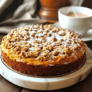 - 2 cups all-purpose flour - 1 teaspoon baking powder - 1 teaspoon baking soda - 1 teaspoon ground cinnamon - 1/2 teaspoon ground nutmeg - 1/2 teaspoon salt - 1 cup pumpkin puree - 1 cup granulated sugar - 1/2 cup brown sugar, packed - 1/2 cup unsalted butter, softened - 2 large eggs - 1 teaspoon vanilla extract - 1/2 cup chopped walnuts or pecans - Streusel topping ingredients: - 1/2 cup all-purpose flour - 1/2 cup brown sugar, packed - 1/4 cup unsalted butter, melted - 1 teaspoon ground cinnamon - 1/2 cup rolled oats The dry ingredients form the base of your cake. They provide structure and flavor. You'll mix flour, baking powder, baking soda, spices, and salt. The wet ingredients add moisture and sweetness. You'll combine pumpkin puree with sugars, butter, eggs, and vanilla. If you want some crunch, add chopped nuts. They bring a nice texture to the cake. The streusel topping adds sweetness and a crumbly texture. It uses more flour, brown sugar, oats, and butter mixed with cinnamon. This blend of ingredients creates a delightful cake perfect for fall. Each bite brings warmth and flavor, making it a cozy treat. - Preheat the oven to 350°F (175°C). - Grease a 9x13-inch baking dish with butter or non-stick spray. - In a large bowl, cream together softened butter, granulated sugar, and brown sugar. - Use an electric mixer on medium speed until fluffy, about 2-3 minutes. - Add the eggs one by one. Mix well after each addition. - Stir in pumpkin puree and vanilla extract until smooth. - In a separate bowl, whisk flour, baking powder, baking soda, ground cinnamon, ground nutmeg, and salt. - Gradually mix the dry ingredients into the wet mixture. Stir gently, avoiding overmixing. - If using nuts, fold them in gently at this stage. - To make the streusel, mix flour, brown sugar, rolled oats, and cinnamon in a bowl. - Pour in melted butter. Mix until crumbly with a fork or your fingers. - Evenly sprinkle the streusel over the batter for a tasty crunch. - Bake for 30-35 minutes. A toothpick should come out clean when inserted in the center. - Watch closely during the last few minutes for perfect doneness. - After baking, let the cake cool in the pan for at least 10 minutes before slicing. To make a soft and fluffy coffee cake, avoid overmixing the batter. When you mix the wet and dry ingredients, stir gently. Stop mixing as soon as you see no dry flour. This helps keep the cake tender. Using room temperature ingredients is key. When butter, eggs, and pumpkin are at room temperature, they blend better. This helps create a smooth batter and a nice rise in your cake. You can add fun spice variations to your coffee cake. Try using ginger or allspice for a warm kick. If you want a different taste, almond or maple extract can work wonders, too. Just a small amount will add a lovely depth of flavor. Serve your coffee cake warm and dust it with powdered sugar. This gives it a nice look and adds a sweet touch. For a cozy treat, pair each slice with your favorite coffee or a spiced chai. The warmth of the drink complements the cake perfectly. {{image_4}} You can make this coffee cake even more fun. Try adding chocolate chips to the batter. The sweet chocolate will blend well with the pumpkin. It makes each bite a treat! You can also swap out pumpkin for other purees. Applesauce or sweet potato puree work great. Each choice gives a new taste and texture. If you need a gluten-free option, use a gluten-free flour blend. It works well in this recipe. Just make sure it has a 1:1 ratio for best results. For vegan substitutions, replace the eggs with flax eggs. Mix one tablespoon of ground flaxseed with three tablespoons of water. Let it sit until it thickens. You can also use vegan butter instead of regular butter. Fall is a great time for fun flavors! Consider adding cranberries or diced apples to the mix. They add a nice tartness that balances the sweetness. You can also spice things up with holiday-themed spices. Adding ginger or cloves gives a warm, festive touch. These small changes bring a new twist to this delicious cake. Allow your pumpkin streusel coffee cake to cool fully before storage. This step keeps moisture from building up, which can make the cake soggy. Let it sit in the pan for about 10 minutes. After that, transfer it to a cooling rack. You can store the cake in two ways: refrigerate it or keep it at room temperature. For room temperature, wrap the cooled cake in plastic wrap. Place it in an airtight container. This method works well for short-term storage. If you want to save it for longer, opt for refrigeration. Wrap it tightly in plastic and then foil. This helps it last longer. You can also freeze the cake. Slice it first, then wrap each piece in plastic. Place the slices in a freezer bag. To keep your cake fresh, eat it within 3-5 days. If stored at room temperature, the cake stays good for about 2-3 days. Look for signs of spoilage, like mold or a sour smell. If it seems dry or hard, it’s best to toss it out. Enjoying it fresh will give you the best flavor and texture! Pumpkin streusel coffee cake lasts about 3 to 5 days. Store it in an airtight container. This keeps it fresh and moist. If you store it in the fridge, it may last a bit longer. Yes, you can make this cake ahead of time. It tastes great even after a day or two. Bake it and let it cool completely. Then, wrap it tightly in plastic wrap. This helps lock in moisture. The best way to reheat pumpkin coffee cake is in the oven. Preheat your oven to 350°F (175°C). Place the cake in for about 10 minutes. This warms it evenly and keeps it soft. You can also use the microwave for a quick heat-up. Yes, you can use fresh pumpkin. Just roast or steam it first, then mash it well. Make sure it is smooth like canned puree. This adds a nice, fresh flavor to your cake. Great drinks to enjoy with pumpkin streusel coffee cake include coffee or chai tea. A spiced cider also makes a cozy match. These drinks enhance the warm spices in the cake. This blog post covered all you need to make pumpkin streusel coffee cake. We explored the key ingredients, step-by-step instructions, and tips for perfecting your bake. I shared variations to match your tastes and dietary needs. Remember to cool your cake before storing for the best quality. Keep it fresh for longer with proper storage. Baking can be fun and rewarding, so give this recipe a try! Enjoy your delicious masterpiece with friends or family.