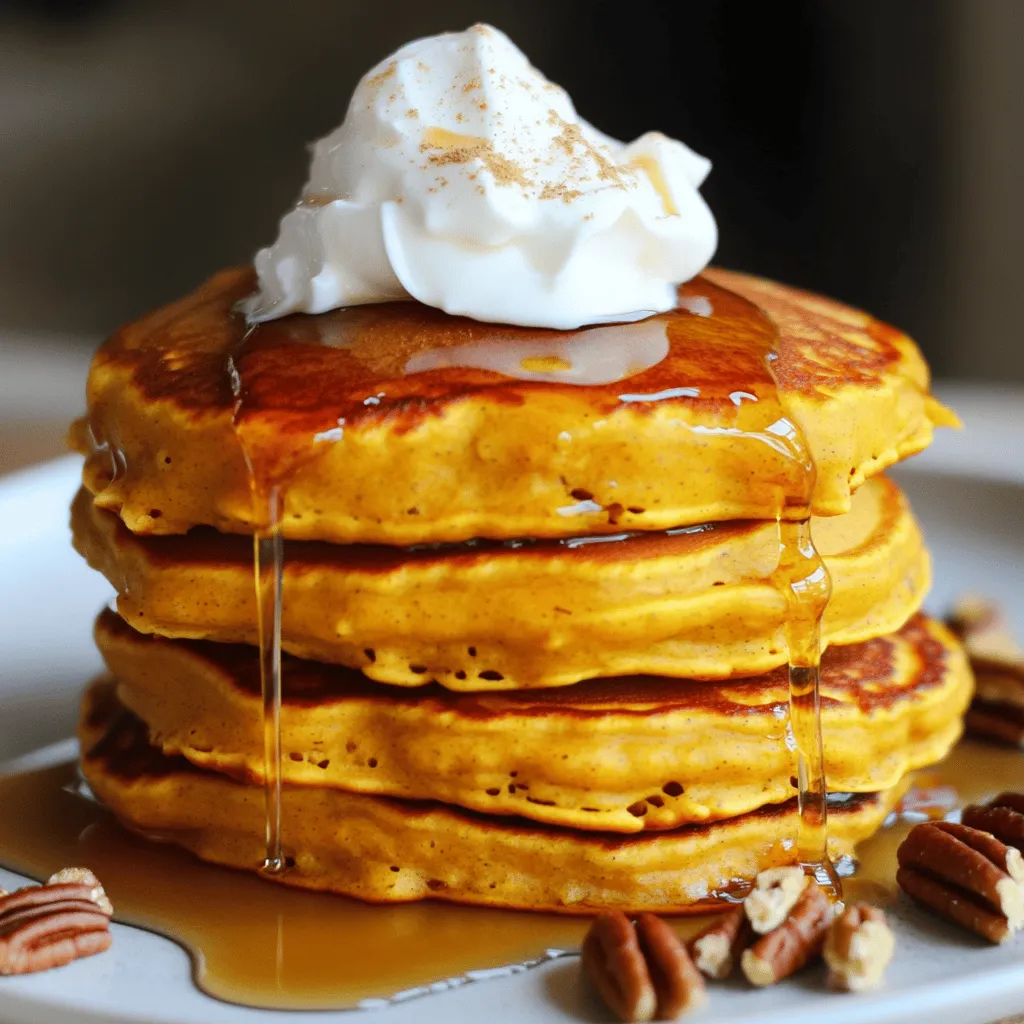 - 1 cup all-purpose flour - 1 teaspoon baking powder - 1/2 teaspoon baking soda - 1/4 teaspoon salt - 1 teaspoon pumpkin pie spice - 1 cup pumpkin puree (canned or fresh) - 1/2 cup cream cheese, softened to room temperature - 1/4 cup granulated sugar - 1 large egg - 1 teaspoon vanilla extract - 3/4 cup buttermilk (or substitute with regular milk mixed with 1 tablespoon vinegar) - 2 tablespoons maple syrup (plus extra for serving) - Butter or oil for cooking - Optional toppings (whipped cream, chopped nuts) When I make pumpkin cream cheese pancakes, I start with the dry ingredients. First, I mix the flour, baking powder, baking soda, salt, and pumpkin pie spice in a bowl. This blend gives the pancakes their nice rise and flavor. Next, I focus on the wet ingredients. I beat the softened cream cheese until it's smooth. Then, I add pumpkin puree, sugar, egg, vanilla, and maple syrup, mixing until creamy. This step adds richness and sweetness. For the cooking essentials, I use butter or oil in my pan. It helps the pancakes cook evenly and adds flavor. I also prepare optional toppings like whipped cream or chopped nuts, which make the pancakes even more delicious. With these ingredients ready, you're set for a cozy breakfast treat! Start by mixing the dry ingredients. In a medium bowl, add: - 1 cup all-purpose flour - 1 teaspoon baking powder - 1/2 teaspoon baking soda - 1/4 teaspoon salt - 1 teaspoon pumpkin pie spice Use a whisk to blend these ingredients well. This step is key to even flavor. Once mixed, set the bowl aside. You will come back to this later. Next, create the pumpkin mixture. In a larger bowl, beat the cream cheese. Use an electric mixer or a whisk. Make it smooth and creamy. Then, add: - 1 cup pumpkin puree - 1/4 cup granulated sugar - 1 large egg - 1 teaspoon vanilla extract - 2 tablespoons maple syrup Mix until well combined and smooth. The pumpkin and cream cheese make this mixture rich and tasty. Now, it’s time to combine everything. Gradually add the dry mixture to the pumpkin mixture. Alternate this with: - 3/4 cup buttermilk Stir gently. Do not overmix. The batter should be thick and slightly lumpy. Preheat a non-stick skillet over medium heat. Lightly grease it with butter or oil. For each pancake, pour about 1/4 cup of batter onto the skillet. Cook for 2-3 minutes. Look for bubbles on the surface and set edges. Flip the pancakes carefully. Cook for another 1-2 minutes until golden brown. Repeat with the rest of the batter. Add more butter or oil to the skillet as needed. Enjoy the aroma as they cook! To get fluffy pancakes, avoid overmixing the batter. Mix just until combined. If you mix too much, pancakes turn tough and dense. Use room temperature ingredients for the best results. When cream cheese, pumpkin, and eggs are warm, they blend better. This helps create a smooth batter that gives light pancakes. Aim for a skillet temperature of medium heat. If it’s too hot, pancakes may burn outside while staying raw inside. To test, sprinkle a few drops of water on the skillet. If they dance and evaporate, it’s ready. Prevent pancakes from sticking by using enough butter or oil. Coat the skillet lightly before each pancake. This keeps your pancakes intact and helps them cook evenly. Serve your pancakes stacked high on a plate. Drizzle them with maple syrup for a sweet touch. For added delight, top with whipped cream. Be creative with garnishes. Add chopped pecans or walnuts for crunch. A sprinkle of pumpkin pie spice on top makes a festive finish. {{image_4}} You can make your pancakes healthier with just a few changes. - Whole wheat flour option: Swap white flour for whole wheat flour. This boosts fiber and gives a nutty taste. - Sugar substitutes: Use honey or maple syrup instead of granulated sugar. This adds sweetness without refined sugar. Want to make your pancakes even tastier? Try these ideas. - Adding chocolate chips: Toss in some chocolate chips for a sweet surprise. They melt and create pockets of joy. - Incorporating nuts or fruit: Add chopped nuts like walnuts or pecans for crunch. You can also mix in blueberries or sliced bananas for extra flavor. Make your pancakes fit any holiday or season. - Christmas-spice variation: Add cinnamon and nutmeg for a warm holiday flavor. This makes your pancakes feel festive. - Pumpkin spice latte inspiration: Mix in a touch of coffee or espresso powder. This gives your pancakes a cozy coffee twist. To keep your pumpkin cream cheese pancakes fresh, store them in the fridge. Place the pancakes in an airtight container or wrap them in plastic wrap. This method helps maintain their soft texture. The pancakes will last about three to four days in the fridge. If you want to keep them longer, consider freezing. Reheating pancakes is easy and quick. The best method is to use a skillet. Heat the skillet over low to medium heat. Add a tiny bit of butter or oil to prevent sticking. Place the pancakes on the skillet and warm them for about one to two minutes per side. You can also use a microwave, but they might not stay as fluffy. If you freeze them, let them thaw in the fridge overnight before reheating. If you want to make more pancakes, simply scale the recipe. For example, doubling the ingredients will give you about sixteen pancakes. Store extra pancakes in the fridge or freezer like mentioned above. When you make larger batches, ensure you have enough space in your containers to avoid squishing them. Yes, you can use regular milk. Just mix one tablespoon of vinegar with three-quarters of a cup of milk. Let it sit for five minutes. This creates a similar acid that helps the pancakes rise. The texture will still be fluffy and soft, just like with buttermilk. To make pumpkin puree, start with a small pumpkin. Cut it in half and scoop out the seeds. Place the halves cut side down on a baking sheet. Roast them at 350°F for about 45 minutes. Once cool, scoop out the flesh and blend it until smooth. You can use this fresh puree in your pancakes. Toppings can add fun flavors and textures. Here are some great options: - Whipped cream - Maple syrup - Chopped pecans or walnuts - A sprinkle of extra pumpkin pie spice - Chocolate chips for sweetness Feel free to mix and match these toppings to make your pancakes even more delicious! This blog covered how to make delicious pumpkin cream cheese pancakes. We talked about all the ingredients, both dry and wet, needed for this recipe. You learned step-by-step instructions on mixing and cooking. I shared tips for perfect texture and creative serving ideas. Plus, we explored variations and storage info to help you enjoy your pancakes longer. In the end, making this dish is fun and rewarding. Try new toppings or variations to keep it exciting. Enjoy your cooking adventures!