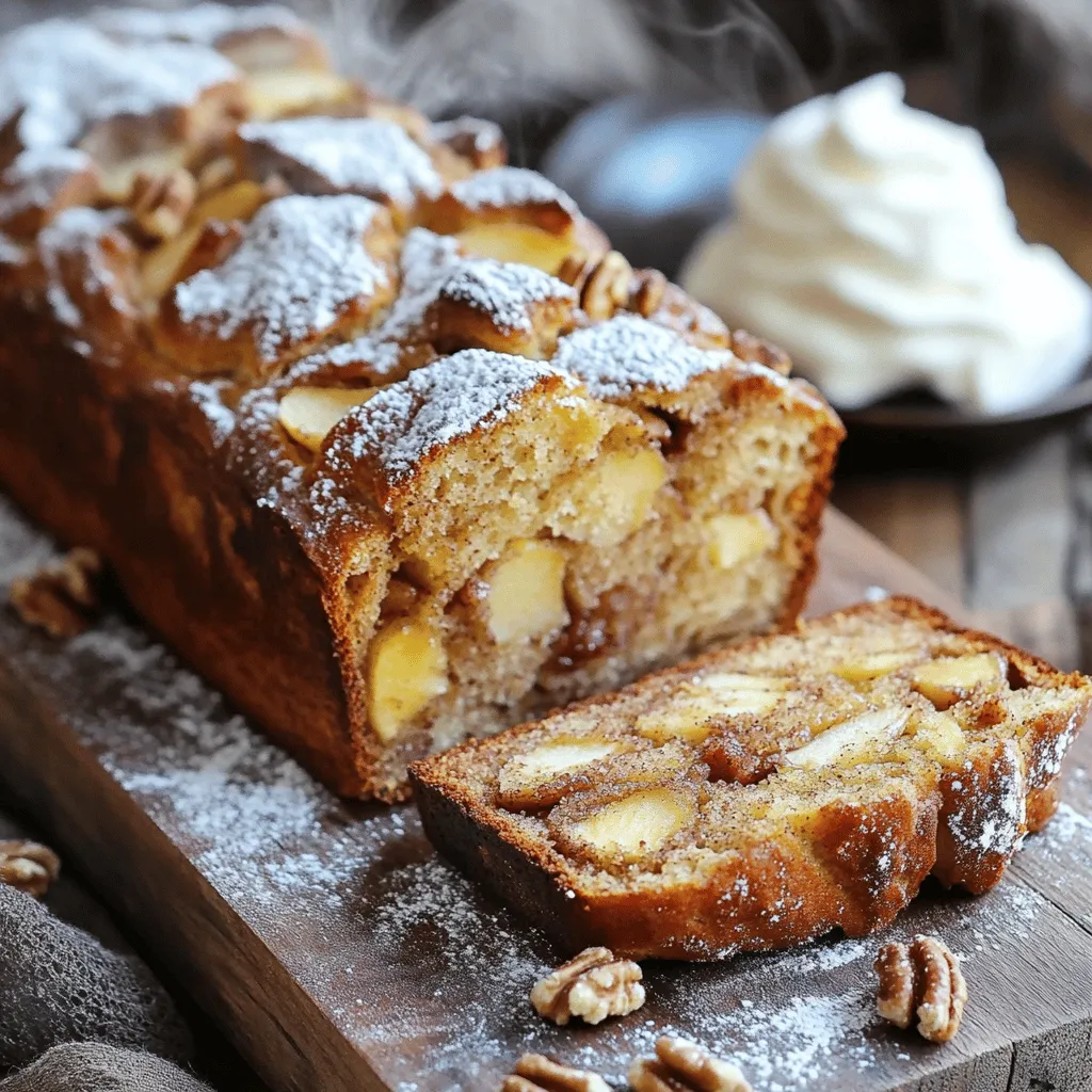 - 2 cups all-purpose flour - 1 teaspoon baking powder - 1/2 teaspoon baking soda - 1/2 teaspoon fine sea salt - 1 teaspoon ground cinnamon - 1/2 teaspoon ground nutmeg - 1/2 cup unsalted butter, softened - 1 cup packed brown sugar - 2 large eggs, at room temperature - 1 teaspoon pure vanilla extract - 1/2 cup buttermilk, at room temperature - 2 medium apples, peeled, cored, and chopped - 1/2 cup chopped walnuts or pecans (optional) - 1 tablespoon granulated sugar (for topping) To make my Easy Cinnamon Apple Bread, I focus on quality ingredients. The all-purpose flour gives the bread structure. Baking powder and baking soda add the right lift. Sea salt enhances the flavors. For warmth, I use ground cinnamon and nutmeg. These spices make the bread cozy and inviting. Butter adds richness, while brown sugar brings sweetness. Eggs help with binding, and vanilla adds a sweet aroma. Buttermilk keeps the bread moist and tender. Apples are the star of this recipe. I love using Granny Smith or Honeycrisp apples for their crispness and tang. If you want a crunch, add walnuts or pecans. Finish with a sprinkle of granulated sugar on top for a sweet crust. Each ingredient plays a key role in creating a delicious loaf. 1. Preheat your oven to 350°F (175°C). Grease a 9x5 inch loaf pan with cooking spray or butter. Line it with parchment paper. This makes it easy to take out the bread later. 2. Mix your dry ingredients. In a medium bowl, whisk together: - 2 cups all-purpose flour - 1 teaspoon baking powder - 1/2 teaspoon baking soda - 1/2 teaspoon fine sea salt - 1 teaspoon ground cinnamon - 1/2 teaspoon ground nutmeg Set this dry mixture aside while you work on the wet ingredients. 3. Prepare the wet mixture. In a large bowl, use an electric mixer. Cream together: - 1/2 cup unsalted butter (softened) - 1 cup packed brown sugar Beat them on medium speed until light and fluffy. This will take about 3-4 minutes. 4. Add eggs and vanilla. Mix in: - 2 large eggs (one at a time) Make sure to mix well after each egg. Then stir in: - 1 teaspoon pure vanilla extract 5. Combine wet and dry ingredients. Slowly add the dry mixture and: - 1/2 cup buttermilk (room temperature) Alternate adding them, starting and ending with the dry ingredients. Mix gently until just combined. Do not overmix! 6. Fold in apples and nuts. Carefully add: - 2 medium apples (peeled, cored, and chopped) - 1/2 cup chopped walnuts or pecans (optional) Use a rubber spatula to fold them in. Make sure they are evenly mixed. 1. Pour the batter into the loaf pan. Use a spatula to spread it evenly. Smooth the top so it looks nice. 2. Add the sugar topping. Sprinkle: - 1 tablespoon granulated sugar Evenly over the top of the batter. This creates a sweet, crunchy crust! 3. Bake the bread. Place it in the oven. Bake for 50-60 minutes. Check for doneness by inserting a toothpick into the center. If it comes out clean, it’s done! 4. Cool the bread. Let it cool in the pan for about 10 minutes. Then carefully move it to a wire rack to cool completely. - Best practices for mixing ingredients: Always mix dry and wet ingredients in separate bowls. This helps keep the baking powder and soda active. - How to avoid overmixing: Mix until just combined. You want a few lumps to keep the bread light. Overmixing makes the bread dense and tough. - Ensuring even baking: Spread the batter evenly in the pan. Use a rubber spatula to smooth the top. This ensures it bakes evenly. - Slicing and serving suggestions: Once the bread cools, slice it into thick pieces. Serve it on a rustic wooden board for a warm touch. - Adding garnishes like powdered sugar or whipped cream cheese: Dust the top with powdered sugar for a lovely look. Pair it with whipped cream cheese for a creamy, delightful bite. {{image_4}} You can make easy swaps in this recipe to suit your taste. - Using different types of apples: Granny Smith gives a tart kick. Honeycrisp adds a sweet touch. Feel free to mix them too! - Alternative nuts or seeds: If you don’t like walnuts or pecans, try almonds or sunflower seeds. Each brings a unique crunch to the bread. - Adjusting spices and sweetness: Want more spice? Add ginger or cloves. Prefer a sweeter bread? Increase the brown sugar by a quarter cup. You can also tweak the recipe for special diets. - Gluten-free options: Use a gluten-free flour blend. Just ensure it has xanthan gum for structure. - Dairy-free substitutions: Replace buttermilk with almond milk or coconut milk mixed with a splash of vinegar. Use dairy-free butter for a complete dairy-free treat. These variations make the recipe fun and personal. Experiment to find your perfect blend! After baking your cinnamon apple bread, let it cool in the pan for about 10 minutes. This helps the bread set and makes it easier to remove. Next, transfer the bread to a wire rack. Let it cool completely before storing. For short-term storage, keep the bread at room temperature. Wrap it in plastic wrap or foil. This keeps it fresh for up to 3 days. If you notice any moisture, it’s better to store it in a paper bag. Avoid putting it in the fridge, as cold air can make the bread dry. To freeze your cinnamon apple bread, first, let it cool completely. Wrap the bread tightly in plastic wrap. Then, place it in a freezer-safe bag or container. This keeps air out and prevents freezer burn. Your bread can last up to 3 months in the freezer. When you’re ready to enjoy it, take the bread out of the freezer. Remove the wrap and let it thaw at room temperature. For a warm treat, you can reheat slices in the microwave for 10-15 seconds. For the oven, preheat it to 350°F (175°C) and warm the bread for about 10 minutes. Enjoy the warm, comforting aroma again! How long does cinnamon apple bread last? Cinnamon apple bread can last about 3 to 4 days at room temperature. Just cover it well to keep it fresh. If you store it in the fridge, it can last up to a week. Can I use a different pan size? Yes, you can use a different pan size. A smaller pan makes a thicker loaf, while a larger one makes a thinner one. Adjust the baking time as needed. What can I do if my bread is too dense? If your bread is dense, try mixing the batter less. Overmixing can cause this problem. Also, check your baking powder and baking soda for freshness. How to tell when the bread is fully baked? To check if the bread is done, insert a toothpick into the center. If it comes out clean, your bread is ready. It should also feel firm to the touch. This blog post covered the best ingredients and steps to create cinnamon apple bread. You learned how to mix and bake for perfect results. We shared useful tips for presentation and variations to match your taste. Try different apples or nuts to make it your own. Follow our storage and freezing tips to enjoy your bread longer. Enjoy baking and experimenting with this delicious recipe!