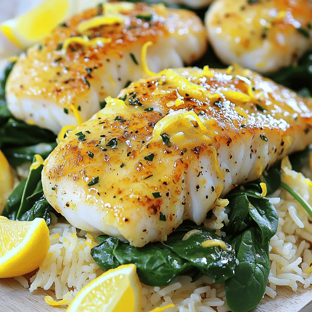 - 4 cod fillets (approximately 6 oz each) - 4 tablespoons unsalted butter, divided - 4 cloves garlic, finely minced - Juice and zest from 1 large lemon - 1 teaspoon smoked paprika - 1 teaspoon dried parsley - Salt and freshly ground black pepper to taste - 1 cup jasmine rice - 2 cups vegetable broth (or water) - 1 cup fresh baby spinach (optional) - Lemon wedges for serving Gathering the right ingredients makes a big difference in your dish. For this recipe, you’ll need fresh cod fillets. They should be firm and have a nice, clean smell. I love using unsalted butter for its rich flavor. Garlic brings great taste, so use fresh cloves. The lemon juice and zest add brightness and zing. The seasonings are key too. Smoked paprika gives a warm, smoky note, while dried parsley adds color. Salt and pepper are must-haves to enhance all the flavors. When it comes to the rice, jasmine works best for its fragrant aroma. Use vegetable broth for extra depth. If you want some greens, fresh spinach is a tasty option. Lastly, lemon wedges make a great finishing touch for serving. This mix of ingredients creates a flavorful dish that you and your family will love. Let's get ready to cook! Boiling the broth Start by bringing 2 cups of vegetable broth to a boil. Use a medium saucepan over medium-high heat. This takes just a few minutes. Cooking the rice Once the broth is boiling, add 1 cup of jasmine rice. Stir it gently and cover the pot with a lid. Lower the heat to low and let it cook for 15 minutes. The rice will soak up the broth and become tender. Fluffing and seasoning the rice After cooking, remove the pot from the heat. Use a fork to fluff the rice. Add the zest and juice of the lemon. Season it with salt to taste. Keep the rice warm while you cook the cod. Heating the pan and butter Use a large skillet to cook the cod. Heat 2 tablespoons of butter over medium-high heat. Wait until the butter melts and bubbles. Sautéing garlic Add 4 cloves of minced garlic to the skillet. Sauté the garlic for about 1 minute. You want it fragrant and just turning golden. Seasoning and cooking cod Take 4 cod fillets and season both sides with smoked paprika, salt, and pepper. Carefully place them in the skillet. Cook for 4-5 minutes on each side. The cod should be golden brown and flake easily with a fork. Adding remaining butter After the cod is cooked, lower the heat. Add the remaining 2 tablespoons of butter to the skillet. Let it melt and mix with the garlic and lemon juices. Stirring in spinach (optional) If you want, add 1 cup of fresh baby spinach. Stir it in and let it wilt. This adds a nice color and flavor to the dish. Combining flavors Make sure to mix everything well in the skillet. The garlic butter sauce should blend with the cod and spinach. This adds a delicious richness to your meal. To check if your cod is done, look for a few signs. The fish should be opaque and flake easily with a fork. If it still looks shiny or translucent, give it another minute or two. Avoid overcooking, as this can make the fish dry. Aim for about 4-5 minutes per side. If you're unsure, keep a close watch on it near the end of cooking. When cooking rice, always start with the right water-to-rice ratio. For jasmine rice, a 2:1 ratio of broth to rice works perfectly. Once cooked, let it sit for a few minutes with the lid on. This helps the rice absorb any remaining moisture. Use a fork to fluff the rice gently. For added flavor, mix in lemon zest and a pinch of salt right after fluffing. You can switch up the fish if you like. Try salmon or tilapia for a new taste. Each fish has its own flavor and texture. You can also cook the fish in an oven or on a grill. For oven cooking, set it to 400°F and bake for 12-15 minutes. If grilling, use a medium-high heat for about 5-6 minutes per side. This adds a nice char and smoky flavor. {{image_4}} To keep your Minute Garlic Butter Cod and Lemon Rice fresh, store leftovers right. First, let the dish cool to room temperature. Then, use airtight containers. This helps lock in flavors and moisture. Place the cod and rice in separate containers if possible. This way, you avoid soggy rice. Store in the fridge and eat within three days. When it's time to enjoy your leftovers, you have options. The microwave is quick but can dry out the fish. If you prefer the stovetop, it gives better results. Heat a pan over low heat. Add a splash of broth or water to keep moisture. Place the cod in the pan and cover it. This helps it warm evenly. For the rice, add a little water before reheating. This keeps it fluffy and tasty. Enjoy your meal again, just like the first time! This Minute Garlic Butter Cod & Lemon Rice is not only tasty but also nutritious. Each serving contains about 400 calories. Here’s a quick look at key nutrients: - Protein: 30 grams - Fats: 18 grams - Carbohydrates: 40 grams These numbers can vary based on serving sizes and ingredients used. Cod is an excellent source of omega-3 fatty acids, which are great for heart health. These healthy fats can help reduce inflammation and improve brain function. Cod also provides high-quality protein, which supports muscle health. Garlic is known for its many benefits. It can boost your immune system and may help lower blood pressure. Plus, it adds a great flavor to dishes. Lemon is rich in vitamin C. This vitamin is vital for skin health and boosts your immune system. The bright taste of lemon also enhances the dish, making it even more enjoyable. By enjoying this dish, you not only treat your taste buds but also nourish your body! You can check the cod in a few ways. First, look for a golden brown color on the outside. Next, gently poke the fish with a fork. If it flakes easily, it is done. The inside should be opaque and not translucent. Cooking time is about 4-5 minutes on each side. Keep an eye on it to avoid overcooking. Yes, you can use frozen cod. Just make sure to thaw it first. Thaw the fish in the fridge overnight or place it in cold water for quick thawing. Once thawed, pat it dry before cooking. This helps the fish brown better. Cook the frozen fish for a minute or two longer than fresh. You can serve various sides with this dish. Here are some great options: - Steamed vegetables like broccoli or green beans - A crisp green salad with a light dressing - Roasted potatoes or sweet potatoes - Couscous or quinoa seasoned with herbs If you want an alternative meal idea, try serving the cod with a side of pasta or a light soup. These will balance the rich flavors of the garlic butter sauce. This blog post covered how to make a tasty cod dish. You learned about key ingredients, cooking steps, and how to serve it. We also shared helpful tips and storage ideas to keep your meal fresh. Remember, well-cooked cod is tender, and lemon rice adds great flavor. Try different fish or methods for variety. Enjoy your cooking journey and share this recipe with friends!
