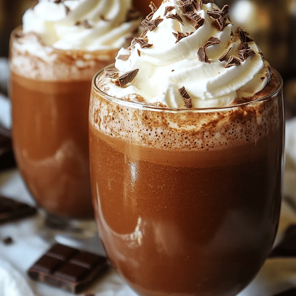 - 2 cups unsweetened almond milk - 1 scoop chocolate protein powder - 2 tablespoons unsweetened cocoa powder - 1 tablespoon natural peanut butter (or almond butter) - 1 tablespoon honey or maple syrup (adjust to taste) - ½ teaspoon vanilla extract - A pinch of sea salt - Whipped cream (store-bought or homemade) for topping - Chocolate shavings or cocoa nibs for garnish (optional) This shake is packed with nutrients. It has protein from the powder and nut butter. Almond milk keeps it low in calories. Here’s a rough breakdown per serving: - Calories: 250 - Protein: 20g - Carbs: 20g - Fat: 10g - Fiber: 3g These numbers can change based on the brands you choose. When making your Protein Hot Cocoa Shake, I suggest these brands: - Almond Milk: Califia Farms or Silk - Protein Powder: Optimum Nutrition or Vega - Cocoa Powder: Hershey’s or Ghirardelli - Nut Butter: Jif Natural or Justin’s - Sweeteners: Manuka Honey or Grade A Maple Syrup These brands offer great taste and quality for your delicious shake! Start by pouring 2 cups of unsweetened almond milk into your blender. Almond milk gives this shake a light and creamy base. The unsweetened kind keeps it healthy and lets the cocoa shine. Make sure to use a high-speed blender for a smooth texture. Next, add 1 scoop of chocolate protein powder. This boosts the shake’s protein and flavor. Then, mix in 2 tablespoons of unsweetened cocoa powder. This adds rich chocolate taste. It’s a perfect blend of nutrition and indulgence. Now, secure the lid on your blender. Blend the mixture on high for about 30-45 seconds. Watch for a smooth and frothy mix. After blending, taste your shake. If it needs more sweetness, add 1 tablespoon of honey or maple syrup. Blend again for a few seconds to mix well. Pour your delicious hot cocoa shake into two large glasses. Top each glass with whipped cream. For extra flair, sprinkle on chocolate shavings or cocoa nibs. This makes your shake look fancy and fun. Serve it right away with a straw or long spoon. Enjoy your delightful treat! To get a smooth texture, use a high-speed blender. This makes a big difference. Blend the shake for 30 to 45 seconds. If you notice lumps, blend it a bit longer. Make sure the lid is on tight to avoid spills. If your shake seems thick, add a bit more almond milk. This will help it blend better. Adjust the sweetness to fit your taste. Start with one tablespoon of honey or maple syrup. After blending, taste it. If you want it sweeter, add more syrup and blend again. You can use other sweeteners too, like agave or stevia. Just remember to add a little at a time so you don’t overdo it. For thick, creamy whipped cream, start with cold cream. Use heavy whipping cream for the best results. Whip it in a bowl with a hand mixer or stand mixer. Beat it until you see soft peaks. Add a bit of sugar or vanilla for flavor. If you want it sweet, use about one tablespoon of sugar for every cup of cream. Store leftover whipped cream in the fridge for up to 2 days. {{image_4}} You can switch up the protein powder you use. Try vanilla or plant-based protein powders. They add unique flavors and can change the shake's taste. Look for options that fit your dietary needs. Some brands even offer flavors like cookies and cream or mocha. They can make your shake even more exciting! If you need a dairy-free option, almond milk works great! You can also use oat milk or coconut milk. For a nut-free shake, choose soy milk or rice milk. If you want to skip the nut butter, sunflower seed butter is a tasty alternative. It gives the shake a nice creaminess without nuts. Get creative with flavors! You can add a few drops of peppermint extract for a minty twist. Cinnamon or nutmeg can add warmth and spice. You can even mix in a spoonful of instant coffee for a mocha flavor. Just remember to start small. You can always add more if you want a stronger taste! If you have leftover protein hot cocoa shake, pour it into a sealed container. Store it in the fridge. Drink it within two days for the best taste. Before enjoying, give it a good shake. This helps mix the ingredients again. You can freeze this shake for later use. Pour it into ice cube trays or freezer-safe bags. When you want a quick treat, just thaw it in the fridge overnight. Blending frozen cubes with a bit of almond milk makes a tasty smoothie! To reheat the shake, pour it into a saucepan. Gently warm it on low heat. Stir often to prevent burning. You can also use a microwave-safe bowl. Heat it in short bursts, stirring in between. Enjoy warm, topped with whipped cream for a cozy treat! Yes, you can use regular milk. It will change the flavor a bit. Almond milk adds a nutty taste. If you like that, stick with it. Both options will work well in this shake. If you want to swap honey or maple syrup, try agave syrup or stevia. Both will give sweetness without changing the shake's texture. You can also use a sugar alternative like coconut sugar. To make this shake vegan, use plant-based protein powder. Also, choose maple syrup or agave instead of honey. Lastly, ensure your whipped cream is dairy-free, or skip it altogether. Yes, this shake is great for post-workout recovery. It has protein and healthy fats to help your muscles recover. The cocoa gives you a nice energy boost too. Enjoy it after your workout for the best results! In this blog post, we covered how to make a delicious shake. We listed the ingredients and their nutritional info. You learned step-by-step instructions for preparing it, adding flavor, and serving. I shared tips for a smooth texture and how to customize sweetness. We explored variations, storage methods, and answered common questions. This shake is fun and healthy. You can make it your own by trying different flavors. Enjoy making it!