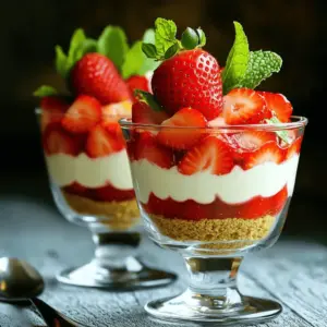 For this parfait, you need fresh, juicy strawberries. Choose about 2 cups of strawberries. Make sure they are ripe and sweet. You will also use 8 ounces of softened cream cheese. This gives the filling its rich taste. Gather some pantry items too. You will need 1 cup of graham cracker crumbs. This forms the base of your dessert. Also, grab ½ cup of unsalted butter. You will melt this for the crust. For sweetness, have ½ cup of powdered sugar ready. Finally, 1 teaspoon of vanilla extract adds a nice flavor. To make your parfaits look pretty, use some extra strawberries. You can slice them or leave them whole for topping. Fresh mint leaves also add a nice touch. They give a pop of color and freshness. Start by mixing graham cracker crumbs and melted butter in a bowl. You want all the crumbs to feel like wet sand. Use a fork or spatula to blend well. This step is key for a tasty base. In another bowl, place the softened cream cheese. Use an electric mixer to beat it until smooth. Add powdered sugar and vanilla extract slowly. Keep mixing until there are no lumps. This filling needs to be creamy and rich. Next, pour the heavy whipping cream into a clean bowl. Use a hand mixer to whip until soft peaks form. It should take about 3-5 minutes. Be gentle when folding this into the cream cheese. You want to keep it light and fluffy. Grab your serving glasses or bowls. Start with a layer of the graham cracker mixture at the bottom. Then add a layer of the cream cheese filling. Follow that with a layer of sliced strawberries. Repeat these layers until the glasses are full. Make sure the top layer is strawberries for a pretty look. Cover each parfait with plastic wrap. Place them in the fridge for at least 4 hours. This helps everything set and the flavors blend. Patience is key to a perfect treat! To make great whipped cream, start with cold cream. Cold cream whips better. Use a hand mixer on medium speed. Whip until soft peaks form, which takes about 3-5 minutes. Be careful not to over-whip. If you do, it turns into butter. Gently fold the whipped cream into your cheese mix. This keeps it light and fluffy. If you want a lighter treat, use Greek yogurt instead of cream cheese. It adds protein and cuts calories. You can also swap heavy cream for coconut cream. This gives a lovely taste and is dairy-free. For a sweeter parfait, try honey or maple syrup instead of powdered sugar. These options make your dessert healthier. Serving is all about looks. Use clear glasses to show off the layers. Start with the graham cracker mix, then the cream cheese, and finally the strawberries. Repeat until the glass is full. Top each parfait with a whole strawberry and a mint leaf. This adds color and makes it inviting. You can even drizzle some strawberry sauce on top for extra flair! {{image_4}} You can change the fruit in these parfaits. Try blueberries, raspberries, or peaches. Each fruit brings its own taste. For a fun twist, mix different fruits together. This makes the parfaits colorful and tasty. You can add fun flavors to the cheesecake filling. Try lemon juice or orange zest for a zesty kick. For chocolate lovers, mix in cocoa powder or melted chocolate. You can also use almond extract or coconut to change the taste. Each flavor makes the dessert unique and exciting. If you need a gluten-free option, use gluten-free graham crackers. You can also make this dessert vegan. Use vegan cream cheese and coconut cream instead of heavy cream. Maple syrup can replace powdered sugar for sweetness. These swaps let everyone enjoy this treat! To store your No-Bake Strawberry Cheesecake Parfaits, cover them tightly with plastic wrap or a lid. Keep them in the fridge. They will stay fresh for up to three days. Make sure to avoid mixing layers when storing. This keeps each layer looking nice. Use clear glass jars or airtight containers. Glass jars let you see the layers. It makes the parfaits look pretty even when stored. If you use plastic containers, choose ones that seal well. This helps to prevent any air from getting in. You can freeze these parfaits, but it’s not the best choice. Freezing may change the texture of the cream cheese filling. If you need to freeze, make sure to use freezer-safe containers. Wrap each parfait tightly in plastic wrap, then place them in a freezer bag. They can stay in the freezer for up to a month. To eat, thaw in the fridge overnight. Enjoy your tasty treat! No-Bake Strawberry Cheesecake Parfaits can last up to three days in the fridge. Store them in airtight containers. This keeps them fresh and tasty. After three days, the parfaits may lose their texture. The strawberries may start to get mushy too. Yes, you can make this recipe ahead of time. I recommend preparing the parfaits the night before. This way, they have time to chill and set properly. The flavors blend better when they sit for a few hours. Just cover them well with plastic wrap. If you want an alternative to cream cheese, try Greek yogurt. It gives a creaminess similar to cream cheese. You can also use mascarpone for a richer taste. Keep in mind that each option will change the flavor a bit. You can use frozen strawberries, but fresh strawberries work best. If you use frozen, thaw them first and drain excess liquid. This will help keep your parfaits from becoming too watery. Frozen strawberries can still taste great, just not as fresh. This blog post outlines how to create delicious No-Bake Strawberry Cheesecake Parfaits. We covered fresh and pantry ingredients, plus optional garnishes. I detailed step-by-step instructions for making the crust and the filling. You learned tips for the perfect whipped cream and healthy swaps. There are also fun variations based on your taste. Lastly, I shared storage tips to keep your parfaits fresh. Enjoy making this simple dessert, and let your creativity shine! You’ll impress anyone who tries these tasty treats!