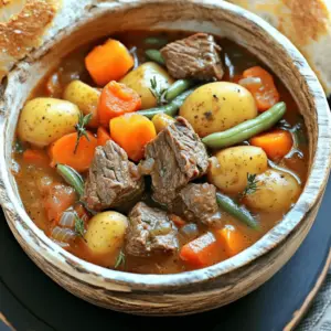 - 2 lbs beef chuck, cut into 1-inch cubes - 4 medium carrots, sliced into thick rounds - 3 medium potatoes, peeled and diced into 1-inch pieces - 1 large onion, chopped - 3 cloves garlic, minced - 1 cup green beans, trimmed and cut into 1-inch pieces - 4 cups beef broth - 1 can (14.5 oz) diced tomatoes, undrained - 2 tablespoons tomato paste I love the base of this stew. The beef chuck gives it a rich flavor. The carrots and potatoes add both sweetness and heartiness. The green beans bring a nice crunch. - 2 teaspoons dried thyme - 1 teaspoon dried rosemary - 1 bay leaf - Salt and pepper to taste Seasonings are key. Dried thyme adds earthiness. Dried rosemary gives a fresh taste. The bay leaf enhances the stew while cooking. - 2 tablespoons olive oil for searing - Optional garnishes like fresh parsley I always sear the beef in olive oil first. This step locks in flavor and gives a lovely brown color. Fresh parsley as a garnish brightens up the dish. It’s a simple touch that looks great. Searing the beef is key to great flavor. It helps build a rich, deep taste. Start by heating olive oil in a large skillet over medium heat. Once hot, add the beef cubes. Sear them for about 5-7 minutes. Make sure they are browned on all sides. This step locks in juices and adds a nice crust. Remember, browning the beef cubes matters. It adds layers of flavor that make the stew taste amazing. Now it’s time to layer your ingredients in the slow cooker. Place the browned beef in first. Next, add the sliced carrots, diced potatoes, chopped onion, minced garlic, and cut green beans. Stir everything together gently. This mix ensures every bite is filled with flavor. For the sauce, combine beef broth, diced tomatoes, and tomato paste in a bowl. Add dried thyme, dried rosemary, and the bay leaf. Season with salt and pepper to taste, then mix well. Make sure the tomato paste is fully dissolved before pouring. Once your sauce is ready, pour it over the beef and veggies. Ensure all ingredients are submerged in the liquid. This helps the flavors meld beautifully as they cook. You can choose between low and high cooking settings. Cooking on low for 8 hours gives the best tenderness. If you're short on time, cook on high for about 4 hours. Either way, the beef will become tender and the veggies soft. Keep the lid on during cooking. This keeps all the steam inside, making your stew rich and hearty. Enjoy the delicious smells wafting through your kitchen as it cooks! To make your stew even better, add extra herbs. You can try adding fresh parsley or a sprig of thyme. For a kick, add a pinch of cayenne or smoked paprika. These spices can bring new life to your stew. If you want a thicker stew, there are a few easy tricks. You can mix a little cornstarch with cold water and stir it in. Let it cook for a bit longer to thicken. Another way is to mash some of the potatoes in the pot. This will create a nice, creamy texture without adding extra steps. Pair your hearty beef veggie stew with crusty bread. It’s perfect for mopping up that rich broth. A fresh side salad with a light vinaigrette also works well for balance. For a nice touch, garnish each bowl with fresh parsley. A drizzle of olive oil can make it shine. Use colorful bowls to make the dish pop. A well-presented meal looks inviting and makes everyone want to dig in. One common mistake is overcrowding the slow cooker. If you add too many ingredients, they won’t cook evenly. Stick to the recipe amounts for the best results. Another mistake is skipping the searing step. Browning the beef first adds rich flavor. This step is key for a deep, comforting taste. Take the time to sear the beef, and you will taste the difference. {{image_4}} You can easily change the veggies in this stew. If you have other favorites, try them! Sweet potatoes or parsnips work well. You can also add bell peppers for a pop of color. Just remember to cut them into similar sizes. This helps everything cook evenly. For beef, you can use other cuts besides chuck. Brisket or round can be great choices too. Each cut offers its own flavor and texture. Just make sure to adjust cooking times if you switch cuts. To make a gluten-free stew, choose gluten-free broth. Most store-bought options work well. You can also skip the tomato paste if it has gluten. This keeps the dish safe for those with gluten allergies. For a lighter version, use lean cuts of beef. You can also add more vegetables and less meat. This way, you keep the stew hearty without all the calories. Want to add a global touch? Try spices like cumin or paprika. These can give your stew a warm flavor. You can also add a bit of chili powder for some heat! Incorporating regional ingredients can also change the flavor. For an Italian twist, add some diced zucchini and basil. Or, for a Mexican spin, toss in corn and cilantro. Each option brings a new taste to your comforting stew. To store leftover stew in the fridge, let it cool first. Transfer the stew to an airtight container. This keeps moisture in and air out. Label the container with the date. Store it in the fridge for up to three days. To maintain flavor and freshness, reheat only what you plan to eat. This stops the stew from breaking down too much. To properly freeze stew, let it cool completely. Pour the stew into freezer-safe bags or containers. Leave some space at the top for expansion. Seal tightly and label with the date. You can freeze it for up to three months. For reheating once thawed, place it in a pot over low heat. Stir often until it is heated through. You can also use a microwave. Just be sure to stir it halfway through. In the fridge, the stew lasts about three days if stored well. In the freezer, it can be kept for three months. After thawing, use it within three days for the best taste. Always check for any off smells or changes in texture before eating. Yes, you can use frozen beef in this stew. Just remember a few tips: - Thaw first: If you can, thaw the beef in the fridge overnight. This helps it cook evenly. - Sear it: Searing frozen beef can be tricky. Cook it on a lower heat, and make sure it browns well. - Adjust time: Add an extra hour to the cooking time if using frozen beef. Check for tenderness before serving. Using frozen beef can make this stew ready when you are. It saves time and still tastes great. Making this stew ahead can save you time later. Here are the best ways to prep: - Prep veggies: Chop all your vegetables a day before. Store them in the fridge in a sealed bag. - Brown the meat: Sear the beef a day ahead. Cool it and store it in the fridge. - Mix the sauce: Combine the broth, tomatoes, and seasonings. Store this mix in the fridge too. On the day you want to serve it, layer all the ingredients in your slow cooker. Then, just set it to cook! If your stew ends up watery, don’t worry. Here are some quick solutions to thicken it: - Cornstarch slurry: Mix 1 tablespoon of cornstarch with 2 tablespoons of cold water. Stir this into the stew and let it cook for a few more minutes. - Add potatoes: Mash a few potatoes from the stew and mix them back in. This naturally thickens the broth. - Reduce liquid: Remove the lid and cook on high for another 30 minutes to let some liquid evaporate. These tricks will help you achieve the perfect thickness for your hearty stew. In this post, we covered how to create a delicious slow-cooked beef stew. We discussed key ingredients, like beef chuck and fresh veggies, that enhance flavor. I shared step-by-step instructions for preparation and cooking. You can customize the recipe with spices and different veggies. Remember to store leftovers properly to keep them fresh. Slow-cooked beef stew is easy and allows for personal twists. Enjoy making it your own!