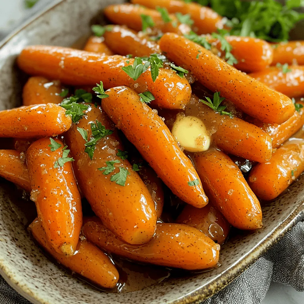 - 2 pounds baby carrots (or substitute with regular carrots, peeled and sliced) - 1/4 cup unsalted butter, melted - 1/4 cup pure maple syrup - 1/4 cup packed brown sugar - 1 teaspoon sea salt - 1/2 teaspoon ground cinnamon - 1/4 teaspoon ground nutmeg - Fresh parsley, finely chopped (for garnish) What can I use instead of maple syrup? You can use honey or agave syrup as sweeteners. They both work well in this recipe. Honey gives a nice flavor, while agave syrup offers a milder taste. Can I use different types of sweeteners? Yes! You can use white sugar, brown sugar, or coconut sugar. Adjust the amount to your taste. Just remember to mix well for a smooth glaze. What if I don’t want to use carrots? You can use other vegetables. Sweet potatoes or parsnips are great options. They will absorb the sweet glaze and taste delicious too. First, wash the baby carrots well. If you choose regular carrots, peel them first. Next, cut the regular carrots into even pieces. Aim for bite-sized chunks. This helps them cook evenly. Uniform pieces ensure a great texture. In a medium bowl, combine the melted unsalted butter, pure maple syrup, and packed brown sugar. Add one teaspoon of sea salt, half a teaspoon of ground cinnamon, and a quarter teaspoon of ground nutmeg. Whisk it all together until smooth. Make sure all the sugar dissolves completely. A smooth glaze makes a nice finish. Place the prepared carrots at the bottom of your slow cooker. Spread them out evenly for even cooking. Now, pour the sweet glaze over the carrots. Use a spatula if needed to coat each carrot well. Next, cover the slow cooker with its lid. Set the temperature to low for four to five hours or high for two to three hours. Cook until the carrots are fork-tender but still firm. After cooking, gently stir the carrots to mix the glaze. Serve them in a nice dish and add some fresh parsley on top for a pop of color. Enjoy your tasty creation! To ensure even cooking, you should cut your carrots into similar sizes. This helps them cook at the same rate. If you use baby carrots, they usually cook well without cutting. Slow cookers vary in heat. If yours cooks fast, check your carrots after 2 hours on high. If it runs slow, you may need a bit more time on low. Always test them with a fork. They should be tender but not mushy. To make your glaze even better, think about adding herbs or spices. Fresh thyme or rosemary can add a nice touch. A pinch of ginger can also give it a warm kick. For contrasting flavors, consider adding a splash of balsamic vinegar. It can balance the sweetness of the glaze. You might also try a sprinkle of chili flakes for some heat. Presentation is key for any dish. Use finely chopped parsley to garnish your glazed carrots. It adds color and freshness. You can also consider using chives or dill for a different flavor. When serving, place the carrots in a bright dish. This makes the vibrant orange color pop. For a touch of elegance, you can add some toasted nuts on top for crunch. {{image_4}} You can switch up sweeteners in this recipe. Honey works well if you want a floral note. Agave syrup is another great choice for a lower glycemic index. If you are on a no-sugar diet, try using sugar-free maple syrup. These options provide sweetness without extra calories or sugar. To enhance flavor, consider adding fresh herbs. Thyme or dill can add a nice twist to your dish. You can also toss in some chopped nuts for extra texture. Almonds or walnuts give a lovely crunch against the soft carrots. You can make glazed carrots on the stove, too. Just boil the carrots until tender, then drain them. Mix the glaze in a separate pan and add the carrots to it. Stir until they are fully coated. Oven roasting is another option. Preheat your oven to 400°F. Toss the carrots with the glaze on a baking sheet. Roast for about 25-30 minutes, stirring halfway through. This method gives a caramelized flavor that is simply delightful. To keep your glazed carrots fresh, place them in an airtight container. This helps prevent moisture loss and keeps them tasty. Refrigerate the carrots within two hours of cooking. They will stay good for up to four days. A glass or plastic container works well for storage. When reheating, use a microwave or a small pot on the stove. For the microwave, place the carrots in a bowl and cover them to keep moisture in. Heat for about 1-2 minutes. Stir halfway through to ensure even warming. On the stove, add a splash of water and heat on low. This helps keep the carrots tender. Aim for a gentle heat of about 250°F to avoid overcooking. To freeze your glazed carrots, first let them cool completely. Then, place them in a freezer-safe bag or container. Remove as much air as possible to prevent freezer burn. These carrots can last up to three months in the freezer. When you're ready to eat, thaw them in the fridge overnight. Reheat as mentioned before for the best texture and flavor. Glazed carrots can last up to four days in the fridge. Make sure to store them in an airtight container. This keeps them fresh and tasty for your next meal. Yes, you can prepare glazed carrots ahead of time. Just make the glaze and cook the carrots. Let them cool, then place them in the fridge. You can reheat them when you’re ready to serve. The carrots are done when they are fork-tender. You should be able to easily pierce them with a fork, but they should still hold their shape. Check them after the cooking time is up. Yes, you can use frozen carrots. Just add them directly to the slow cooker. You might need to increase the cooking time by about 30 minutes. Glazed carrots go well with roasted meats like chicken or pork. They also pair nicely with holiday dishes, adding sweetness to your meal. Try serving them with mashed potatoes or a fresh salad for balance. Glazed carrots are easy and tasty. You need basic ingredients like carrots, butter, and maple syrup. With simple steps, you can create a delicious dish. Use tips for perfect cooking, adjust for flavors, and try fun variations. Don’t forget to store leftovers properly, and reheating them can bring back their great taste. Enjoy making these carrots as a side dish for any meal. With these ideas, your glazed carrots will shine on the table!