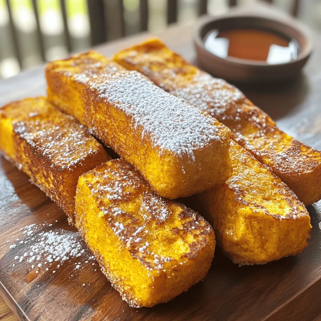 To make Air Fryer Pumpkin Spice French Toast Sticks, gather these key ingredients: - 1 cup pumpkin puree - 2 large eggs - 1 teaspoon vanilla extract - 1 teaspoon pumpkin pie spice - ¼ teaspoon salt - 1 cup milk (dairy or non-dairy) - 8 slices thick bread (like brioche or challah) These ingredients blend together to create a tasty batter that coats the bread sticks. You can add a touch of sweetness with these optional ingredients: - 1 tablespoon sugar (for added sweetness) - Cooking spray or oil for the air fryer These extras help enhance the flavor and texture of the dish. If you have specific dietary needs, consider these substitutions: - Use almond milk or oat milk instead of regular milk for a dairy-free option. - Choose gluten-free bread to make this dish gluten-free. - You can skip the sugar if you want a lower-sugar version. These options allow everyone to enjoy this delicious treat while meeting their dietary needs. Start by mixing the pumpkin puree, eggs, and vanilla in a bowl. Add the pumpkin pie spice, salt, and sugar if you want it sweet. Whisk until it is smooth and free of lumps. Then, slowly pour in the milk while whisking. Keep mixing until the batter is creamy and well blended. This pumpkin mixture adds rich flavor to your French toast sticks. Cut each slice of thick bread into three equal sticks. This makes them easy to dip and eat. Now, dip each stick into the pumpkin mixture. Make sure each piece gets a good coat, but don’t let it soak. Shake off any extra batter. This helps prevent soggy sticks later on. Preheat your air fryer to 360°F (182°C). Arrange the coated sticks in a single layer in the air fryer basket. Avoid overlapping them to ensure even cooking. Lightly spray the sticks with cooking spray or drizzle a little oil on top. Cook them for 10-12 minutes, flipping halfway through. This gives them a golden brown color and a nice crunch. When they are done, let them cool for a few minutes before serving. Enjoy them warm, with syrup or powdered sugar on top for a sweet treat! To make sure your French toast sticks cook evenly, follow these tips. First, cut the bread into equal-sized sticks. This helps them cook at the same rate. Next, don’t overcrowd the air fryer basket. Leave space between each stick. This allows hot air to flow around them. If your air fryer is small, cook in batches. Lastly, remember to flip the sticks halfway through cooking. This way, both sides get nice and golden. For that perfect crunch, you need to coat the sticks just right. Dip them quickly in the pumpkin mix. Don’t let them soak too long, or they will become soggy. After dipping, shake off the extra mixture. A light spray of cooking spray or a drizzle of oil helps too. This adds crispiness as they cook. Make sure to air fry at 360°F (182°C) for 10-12 minutes. The result should be golden brown and crunchy. These pumpkin spice French toast sticks taste amazing on their own. For a fun twist, serve them with maple syrup for dipping. You can also sprinkle some powdered sugar on top for sweetness. Want more flavor? Try cinnamon or nutmeg as a garnish. Arrange the sticks in a fan shape on a plate. A small bowl of syrup in the center makes it look great. These simple touches make your dish even more inviting! {{image_4}} You can change the spice mix to suit your taste. Try using cinnamon or nutmeg instead of pumpkin pie spice. You can also add ginger for a warm kick. Just one teaspoon of your new spice will elevate the flavor. Mixing spices gives your French toast sticks a unique twist. While maple syrup is classic, you have many choices. Honey adds sweetness without being too sticky. You can also try a yogurt dip mixed with vanilla. For a fun option, serve with chocolate or peanut butter sauce. These dips add a new layer of flavor to your French toast sticks. Bread choice affects taste and texture. Thick breads like brioche or challah are great. You can also use whole grain for a healthy twist. Gluten-free bread works well too if you need a substitute. Each type of bread gives a different taste to your dish, making it special every time. You should store leftover French toast sticks in an airtight container. Place them in the fridge. They will stay fresh for about three days. If you want to keep them longer, consider freezing. To reheat, set your air fryer to 350°F (175°C). Place the sticks in the basket. Heat for about 5 minutes until warm. You can also use a microwave, but the air fryer gives a better crunch. If you want to freeze the sticks, ensure they are fully cooled. Arrange them in a single layer on a baking sheet. Freeze them for about an hour, then place them in a freezer bag. They can last for up to two months in the freezer. To thaw, move them to the fridge overnight before reheating. This method helps keep their texture intact. Yes, you can use regular bread. Thin bread will work, but it may not hold the batter well. I prefer thick bread like brioche or challah for this recipe. Thick bread gives it a nice texture and holds the pumpkin mixture better. If you use thin bread, be quick when dipping to avoid sogginess. To make these sticks dairy-free, swap the milk for any non-dairy milk. Almond, soy, or oat milk works well. Use the same amount as regular milk. The pumpkin mixture will still be creamy and delicious. This change keeps the flavor, while making it friendly for those avoiding dairy. Besides syrup, you can try many tasty toppings. A dusting of powdered sugar adds sweetness. You can also use whipped cream for a rich treat. For a fun twist, try a sprinkle of cinnamon or nutmeg on top. Fresh fruit like sliced bananas or berries also pairs well with these sticks. In this post, we explored how to make a tasty pumpkin dish using simple steps. We discussed key ingredients, optional add-ins for more flavor, and how to adjust recipes for different diets. Plus, we covered tips for perfect cooking and fun variations to try. Finally, we looked at storage options and answered common questions. Now, you can enjoy this dish in many ways. Keep this guide handy for your next cooking adventure!