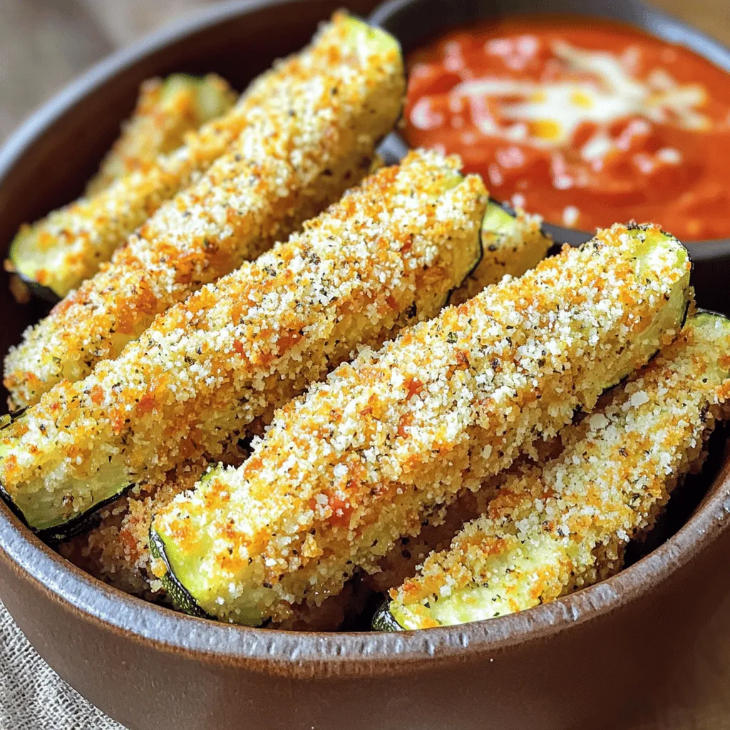 To make Air Fryer Parmesan Zucchini Fries, you will need: - 2 medium zucchinis, sliced into fry shapes (approx. 1/4 inch thick) - 1 cup panko breadcrumbs (for an extra crispy texture) - ½ cup finely grated Parmesan cheese - 1 teaspoon garlic powder - 1 teaspoon Italian seasoning - ½ teaspoon salt - ¼ teaspoon freshly ground black pepper - 2 large eggs, beaten until smooth - Olive oil spray for coating These zucchini fries are not only tasty but also nutritious. Each serving contains: - Calories: Approximately 150 - Protein: 6g - Carbohydrates: 12g - Fat: 8g - Fiber: 2g This makes them a great snack option that won't derail your healthy eating. If you are missing some ingredients, don’t worry! Here are some easy swaps: - Use regular breadcrumbs if you don’t have panko. - Any hard cheese can work instead of Parmesan, like Pecorino. - If you want a vegan option, use a flax egg instead of regular eggs. Just mix 1 tablespoon of ground flaxseed with 2.5 tablespoons of water and let it sit. - For seasoning, feel free to mix in your favorite herbs or spices, like paprika or cayenne pepper, for extra flavor. These tips will help you customize the recipe to your taste! Start by washing the zucchinis under cool water. This helps remove any dirt. Next, slice them into fry-shaped pieces, about 1/4 inch thick. A sharp knife works best for this task. Once you cut them, place the zucchini fries on a paper towel. Let them sit for a few minutes. This step helps absorb any extra moisture. In a medium bowl, mix the panko breadcrumbs, Parmesan cheese, garlic powder, Italian seasoning, salt, and black pepper. Use a fork or whisk to combine everything well. This mix gives the fries a great flavor and crispy texture. Make sure you blend it until all the ingredients are evenly mixed. Take one zucchini fry and dip it into the beaten eggs. Make sure it gets fully coated. Then, roll it in the breadcrumb mixture. Use your hands to press gently. This ensures the mix sticks well to the zucchini. Repeat this for all the fries. Lay them out on a plate. They are now ready for the air fryer! First, you need to preheat your air fryer. Set it to 400°F (200°C) and let it run for about 5 minutes. This step warms the air fryer and helps the fries cook evenly. Preheating also makes the fries crispier. Once your air fryer is hot, it's time to arrange the fries. Place the zucchini fries in a single layer in the basket. Make sure they are not stacked on top of each other. This space allows hot air to circulate around them. For extra crunch, lightly spray the tops with olive oil. Cook the zucchini fries for 10 to 12 minutes. Halfway through, shake the basket gently. This helps the fries brown and crisp up nicely. Look for a golden brown color when they are done. If you want them extra crispy, you can add an extra minute or two. Enjoy your tasty snack right away for the best flavor! {{image_4}} To make your zucchini fries extra crispy, use panko breadcrumbs. They are lighter and crunchier than regular breadcrumbs. Also, ensure that your zucchini is dry before coating. Moisture can lead to sogginess. After slicing, let them rest on a paper towel. This step helps absorb excess water. When cooking, spray the tops lightly with olive oil. This small touch boosts crunchiness. One mistake is overcrowding the air fryer basket. If fries touch, they won’t cook evenly. Another common error is skipping the preheating step. Preheating helps achieve that crispy texture. Also, don’t skip shaking the basket halfway. This action helps fries brown evenly. Lastly, check the cooking time. If you cook them too long, they might burn. These zucchini fries are great as a snack or appetizer. Pair them with marinara sauce for a tasty dip. You can also serve them with ranch or garlic aioli. Adding a sprinkle of fresh herbs on top adds color and flavor. For a fun twist, try serving them with a side of spicy ketchup. Enjoy these fries hot for the best taste! You can spice up your zucchini fries in many ways. Try adding paprika for a smoky flavor. Cumin or chili powder gives a nice kick. You can also switch Italian seasoning for taco seasoning for a fun twist. Mix and match to find your favorite blend! Zucchini fries are great, but you can use other veggies too. Slice carrots, bell peppers, or eggplant into fry shapes. Each vegetable brings a unique taste and texture. Just adjust the cooking time for thicker veggies like eggplant. If you need a gluten-free option, use almond flour or crushed gluten-free crackers instead of panko. They give a nice crunch and flavor. Be sure to check the label for any hidden gluten. This way, everyone can enjoy a crispy snack! To stop soggy zucchini fries, start by removing moisture. After slicing the zucchinis, place them on paper towels. Let them sit for about 10 minutes. This step helps absorb water. Always use fresh zucchinis. A good coating of panko breadcrumbs and Parmesan cheese adds crunch. Air fry at the right temperature, and avoid overcrowding the basket. Give them space to cook evenly. Yes, you can make these zucchini fries in the oven. Preheat your oven to 425°F (220°C). Arrange the fries on a baking sheet lined with parchment paper. Spray the tops lightly with olive oil. Bake for about 20-25 minutes. Flip them halfway through for even cooking. The goal is to get them crispy and golden brown, just like in the air fryer. Leftover zucchini fries can last about 2-3 days in the fridge. Store them in an airtight container. To reheat, use the air fryer or oven for the best results. This keeps them crispy. Microwaving can make them soggy, so avoid that method. Enjoy your snacks while they are still tasty! In this post, we explored how to make zucchini fries. We covered ingredients, step-by-step instructions, and the cooking process. I shared tips for extra crispiness and fun variations to try. Remember, avoiding common mistakes is key to success. These fries are tasty and easy to make. With simple swaps, anyone can enjoy this healthy snack. Enjoy your cooking, and don't hesitate to experiment!