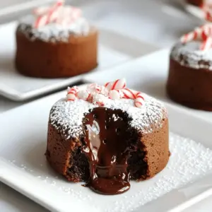 - 1/2 cup unsalted butter - 1 cup semi-sweet chocolate chips - 2 large eggs - 2 large egg yolks - 1/4 cup granulated sugar - 2 tablespoons all-purpose flour - 1 teaspoon peppermint extract - 1/4 teaspoon salt - Optional: powdered sugar and crushed candy canes for garnish Each ingredient plays a key role in making these cakes. If you need to make changes, here are some tips: - Butter: You can use coconut oil if you want a dairy-free option. - Chocolate Chips: Dark chocolate can replace semi-sweet for a richer taste. - Eggs: Flaxseed meal mixed with water can work as a vegan substitute. - Flour: Gluten-free flour mixes can replace regular flour for a gluten-free option. - Peppermint Extract: You can use vanilla extract if you prefer a milder flavor. Garnishes make your cakes look nice and add flavor. Here are some ideas: - Powdered Sugar: Sift it on top for a sweet touch. - Crushed Candy Canes: Sprinkle them for a festive crunch. - Mint Sprigs: Add fresh mint for a pop of color and taste. - Ice Cream or Whipped Cream: Serve with a scoop of ice cream or whipped cream for extra creaminess. These ingredients come together to create a rich, gooey dessert that melts in your mouth. Enjoy the process of making them! 1. Preheat your oven to 425°F (220°C). 2. Grease four 6 oz ramekins with unsalted butter. 3. Dust the ramekins lightly with cocoa powder. This helps the cakes slide out easily. 4. In a microwave-safe bowl, combine 1/2 cup unsalted butter and 1 cup semi-sweet chocolate chips. 5. Heat in the microwave for 30 seconds at a time. Stir after each interval until smooth. 6. Let the melted mixture cool for a few minutes. 7. In a bowl, whisk together 2 large eggs, 2 large egg yolks, and 1/4 cup granulated sugar. 8. Whisk until the mix is pale and slightly thick, about 2 minutes. 9. Pour the cooled chocolate mixture into the egg mixture. 10. Add 1 teaspoon peppermint extract and gently fold the mixtures together. 11. Sift in 2 tablespoons all-purpose flour and 1/4 teaspoon salt. 12. Fold until just combined, being careful not to over-mix. 1. Divide the batter evenly among the prepared ramekins, filling them about two-thirds full. 2. Place the ramekins on a baking sheet to catch any drips. 3. Bake in your preheated oven for 12 to 14 minutes. 4. The edges should be set, but the center must remain soft and jiggly. This creates the lava effect. 5. After baking, let the ramekins sit for 1 minute. 6. Run a knife around the edges of each ramekin to loosen the cakes. 7. Invert each ramekin onto a plate and lift it off gently. 1. Serve the cakes warm for the best experience. 2. Add a scoop of rich vanilla ice cream or a dollop of whipped cream on the side. 3. For a festive touch, dust the tops with powdered sugar. 4. Sprinkle crushed candy canes for added flavor and color. 5. A fresh mint sprig makes the plate pop. Enjoy! To get that perfect lava center, bake the cakes for just 12 to 14 minutes. The edges should feel set, but the middle must jiggle slightly. This ensures that the center stays gooey. If you bake too long, the lava will disappear, and you’ll have a solid cake. Trust me, you want that rich, warm chocolate flow when you cut into it! Avoid over-mixing your batter. If you mix too much, the cakes can become dense. Also, don’t forget to preheat your oven. If it’s not hot enough, the cakes won’t rise properly. Make sure to grease your ramekins well. This step helps the cakes slide out easily. Lastly, watch the baking time closely. Each oven is different, so keep an eye on your cakes. You can prepare the batter ahead of time. Just fill the ramekins and chill them. When you’re ready to bake, pull them out and add a few extra minutes to the baking time. To reheat leftover cakes, place them in a preheated oven at 350°F for about 5-7 minutes. This warms them up without overcooking the lava center. Enjoy your delicious treat! {{image_4}} You can make these cakes gluten-free with a simple swap. Use almond flour or a gluten-free all-purpose blend instead of regular flour. This change keeps the texture rich and gooey. Be sure to check that your chocolate chips are also gluten-free. Enjoy a delicious treat without the gluten! Want to mix things up? Try adding orange zest for a bright twist. You can also use different extracts like vanilla or hazelnut. For a richer flavor, melt in a tablespoon of coffee or espresso powder. These tweaks will change the flavor while keeping the cake's charm. Serve these cakes warm for the best experience. Place them on a fancy plate for a special touch. Add a scoop of vanilla ice cream or a dollop of whipped cream on top. Finish with a sprinkle of crushed candy canes or chocolate shavings. These details make your dessert shine on any occasion. To store leftover peppermint chocolate lava cakes, let them cool first. Then, place each cake in an airtight container. You can keep them in the fridge for up to three days. Make sure to seal them well to avoid drying out. If you want to freeze these cakes, it’s best to do so before baking. After filling the ramekins, wrap each one tightly in plastic wrap. Then, place them in a freezer bag. They can stay frozen for up to two months. When you're ready to bake, just take them out and add a few extra minutes to the baking time. To reheat your lava cakes, preheat the oven to 350°F (175°C). Place the ramekins on a baking sheet. Heat them for about 10-12 minutes or until just warm. This method helps keep the lava center gooey. Avoid using the microwave, as it may cook the cakes too much. Enjoy your warm, melting treat again! Peppermint chocolate lava cakes are small, rich cakes with a warm, gooey center. They combine chocolate and peppermint flavors for a festive treat. When you cut into them, warm chocolate flows out like lava. These cakes are perfect for holiday gatherings or cozy evenings at home. Yes, you can use different types of chocolate. Dark chocolate gives a richer flavor, while milk chocolate makes it sweeter. Always choose chocolate that you enjoy eating. The key is to keep the texture smooth and creamy. Mixing different chocolates can also create fun flavor combinations. To check if the cakes are done, look for set edges and a soft center. The center should jiggle slightly when you shake the ramekin. Baking them for 12-14 minutes usually gives the best results. If they bake too long, you may lose that gooey lava effect. Trust your instincts, and don't be afraid to open the oven to peek! We covered everything you need for delicious peppermint chocolate lava cakes. You learned about the key ingredients, plus tips for perfect baking. I shared variations to suit different diets and storage info to keep leftovers fresh. Remember to follow the steps and watch for common mistakes. Enjoy making these cakes for special times or just because. Happy baking!