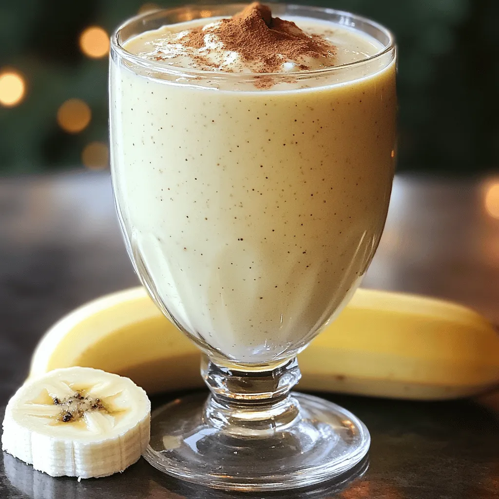 Here is a list of what you need for the High-Protein Eggnog Cottage Cheese Smoothie: - 1 cup cottage cheese - 1 cup unsweetened almond milk - 1 medium ripe banana - 1/2 teaspoon pure vanilla extract - 1/2 teaspoon ground nutmeg (plus extra for garnish) - 1/4 teaspoon ground cinnamon (plus extra for garnish) - 1 tablespoon honey or maple syrup (optional) - Ice cubes (optional) These ingredients come together to make a smooth and creamy drink. The cottage cheese adds protein, while the banana gives sweetness. Almond milk keeps it light and dairy-free. You can add honey or maple syrup if you want more sweetness. The spices, like nutmeg and cinnamon, create that cozy, holiday feel. Enjoy this smoothie as a quick breakfast or a tasty snack. - Start by placing 1 cup of cottage cheese into your blender. - Add 1 cup of unsweetened almond milk. - Blend on medium speed until the mixture is smooth and creamy. - Peel and add 1 medium ripe banana to the blender. - Pour in 1/2 teaspoon of pure vanilla extract. - Sprinkle in 1/2 teaspoon of ground nutmeg and 1/4 teaspoon of ground cinnamon. - For sweetness, add 1 tablespoon of honey or maple syrup if you like. - Increase the speed to high and blend until everything is well mixed. - If you want a thicker smoothie, add a handful of ice cubes. - Blend again until the ice is crushed and mixed in well. - Taste the smoothie and adjust sweetness or spices if needed. - Pour it into a glass and garnish with a sprinkle of nutmeg and cinnamon. To make your smoothie thicker, add ice cubes. Ice gives it a frosty feel. Blend the ice until it is crushed well. If you want a creamier texture, blend on high speed. This helps mix everything smoothly. You can also blend longer for a whipped consistency. You can change the spices to fit your taste. If you love nutmeg, add more. If cinnamon is your favorite, feel free to increase it too. For sweetness, use honey or maple syrup. Start with a little, then taste it. Add more if you want it sweeter. To make your smoothie look nice, garnish it with nutmeg and cinnamon. Just sprinkle a little on top for a festive touch. You can serve it in a tall glass for an elegant look. Add a straw or a fun drink stirrer to make it more inviting. {{image_4}} You can easily switch cottage cheese for Greek yogurt. Greek yogurt gives a creamy texture and adds protein. If you want a dairy-free option, try different plant-based milk. Almond, oat, or soy milk work well. Each type adds its unique flavor to the smoothie. Want to mix things up? Incorporate other fruits like strawberries or cherries. They add freshness and a fun twist. You can also add protein powder for extra energy. This is great for after workouts or busy mornings. Just blend it in with the other ingredients. For fall, make a pumpkin spice version. Add a teaspoon of pumpkin puree and a pinch of pumpkin spice. It gives a warm, cozy flavor. In winter, try mint or peppermint changes. A drop of peppermint extract adds a festive touch. It’s a fun way to celebrate the season! Store your smoothie in the fridge. Use a sealed container to keep it fresh. It’s best to drink it within 1 to 2 days. If you have leftovers, pour the smoothie into a jar or bottle. This helps prevent spills and keeps it cold. You might wonder if you can reheat a smoothie. It’s not the best idea. Smoothies taste best cold and refreshing. If you want it warm, try blending it again. This can smooth out any changes in texture. You can keep your smoothie for up to 48 hours in the fridge. After that, it may lose flavor and texture. Signs of spoilage include a sour smell or off appearance. If it looks or smells bad, don’t drink it. Yes, you can use flavored almond milk. Flavored options add extra sweetness and taste. However, it may change the overall flavor of the smoothie. If you prefer a sweet drink, flavored almond milk works well. If you want a more classic taste, stick to unsweetened. You can make this smoothie ahead of time. Just blend the ingredients and store it in the fridge. It’s best to drink it within 24 hours for freshness. If you want it to last longer, freeze the smoothie in portions. Thaw it overnight in the fridge before drinking. Cottage cheese is high in protein and calcium. It helps build strong bones and muscles. Eggnog, especially homemade, can provide vitamins like A and D. Using low-fat options can make it healthier. Together, they create a filling drink with added nutrition. To make this smoothie vegan, swap the cottage cheese for vegan yogurt. You can also replace the honey with maple syrup or agave syrup. Use plant-based milk like soy or oat milk. This way, you keep the creamy texture while staying plant-based. Yes, this smoothie is great for post-workout recovery. It has protein from cottage cheese, which helps repair muscles. The banana adds carbs for energy. Together, they make a perfect blend to help you recover and feel great after your workout. This smoothie combines simple ingredients for a tasty treat. We blend cottage cheese, almond milk, and banana for a creamy base. You can spice it up with nutmeg, cinnamon, or swap ingredients for fun twists. Don’t forget to store any leftovers right. This recipe is perfect for breakfast or a snack. Enjoy experimenting with flavors and enjoy a nutritious drink!