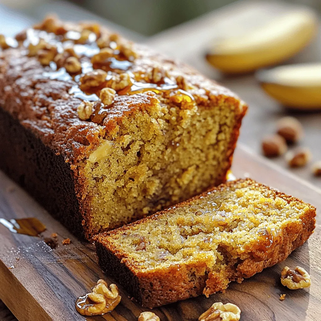 For ultra moist banana nut bread, gather these key ingredients: - 3 ripe bananas, thoroughly mashed - 1/2 cup coconut oil, melted and slightly cooled - 1 cup packed brown sugar - 2 large eggs, at room temperature - 1 teaspoon pure vanilla extract - 1 teaspoon baking soda - 1/4 teaspoon fine sea salt - 1 1/2 cups all-purpose flour - 1/2 cup walnuts or pecans, roughly chopped - 1/4 teaspoon ground cinnamon (optional, but recommended) - 1/4 cup plain Greek yogurt These ingredients work together to create a rich, moist loaf. Ripe bananas are the star of this recipe. They add natural sweetness and moisture. Choose bananas with brown spots on the peel. These spots mean the sugars have developed fully. This ripeness makes the bread tender and flavorful. Mashed bananas blend easily into the batter. They give the bread that ultra moist texture we all love. Nuts add crunch and flavor to banana nut bread. I recommend using walnuts or pecans. Walnuts bring a nice earthy taste, while pecans offer a sweeter profile. Both nuts work well in the batter. Chop them roughly to ensure even distribution. This way, every slice has a bite of nutty goodness. You can experiment with other nuts too, but stick to these for the best results. First, set your oven to 350°F (175°C). This helps the banana nut bread bake evenly. Next, take a 9x5-inch loaf pan. Grease it with butter or coconut oil. You can also line it with parchment paper. This makes it easy to remove the bread later. In a large bowl, mash 3 ripe bananas until smooth. Add 1/2 cup of melted coconut oil. Mix these together until they are well blended. This step is key to keeping the bread moist. Now, slowly add 1 cup of packed brown sugar. Stir until it's fully mixed in. Next, add 2 large eggs, one at a time. Mix well after each egg. Finally, stir in 1 teaspoon of pure vanilla extract and 1/4 cup of plain Greek yogurt. This adds creaminess and moisture. In another bowl, whisk together 1 1/2 cups of all-purpose flour, 1 teaspoon of baking soda, 1/4 teaspoon of fine sea salt, and 1/4 teaspoon of ground cinnamon if you choose to use it. Make sure these dry ingredients are mixed evenly. Now, gently add the dry mix to the wet ingredients. Use a spatula or wooden spoon to combine. Stir just until mixed. Overmixing can make the bread tough. Pour the batter into the prepared loaf pan. Smooth the top with a spatula to make it even. Place the pan in the oven. Bake for 60 to 70 minutes. To check if it’s done, insert a toothpick into the center. It should come out clean or have a few moist crumbs. Once baked, let the bread cool in the pan for 10 minutes. Then transfer it to a wire rack to cool completely before slicing. To make your banana bread ultra moist, start with ripe bananas. The riper, the better! They add natural sweetness and moisture. Use three bananas and mash them well. Mixing in melted coconut oil helps too. It keeps the bread soft. Avoid overmixing when combining wet and dry ingredients. This keeps the bread tender and fluffy. Adding Greek yogurt to your batter boosts moisture. It also makes the bread richer. Use 1/4 cup of plain Greek yogurt. Mix it in with the wet ingredients. This small step makes a big difference in taste and texture. You will love the creaminess it brings to every bite. One common mistake is using under-ripe bananas. They do not provide enough moisture or sweetness. Another mistake is overmixing the batter. This can make your bread tough. Be sure to fold in the nuts gently. Lastly, remember to check for doneness. Insert a toothpick in the center. It should come out clean or with a few moist crumbs. These tips will help you bake the perfect banana nut bread! {{image_4}} To make gluten-free banana nut bread, swap out the all-purpose flour. Use a gluten-free flour blend instead. Look for one that contains xanthan gum. This helps give the bread structure. You can find many blends at your local store. For a vegan version, replace the eggs with flaxseed meal. Mix 1 tablespoon of flaxseed meal with 2.5 tablespoons of water. Let it sit for five minutes to thicken. Also, swap the Greek yogurt for a plant-based yogurt. This keeps the bread moist while being dairy-free. You can spice up your banana nut bread in many ways. Adding 1/4 teaspoon of nutmeg works well with cinnamon. You can also fold in chocolate chips or dried fruit for a twist. Try mixing in shredded coconut for a tropical touch. Each option adds unique flavor and texture. To keep your banana nut bread fresh, store it at room temperature. Wrap it tightly in plastic wrap or place it in an airtight container. This helps prevent it from drying out. If you plan to eat it within a few days, this method works great. Just remember to keep it away from direct sunlight or heat sources. Freezing banana nut bread is easy. First, let the bread cool completely. Then, slice it into individual pieces. Wrap each slice in plastic wrap. After that, place the wrapped slices in a freezer bag. Squeeze out the air before sealing the bag. This keeps your bread fresh for up to three months. When ready to enjoy, just thaw a slice at room temperature or toast it directly from the freezer. To reheat your banana nut bread, use an oven or toaster. Preheat the oven to 350°F (175°C). Place the bread or slices on a baking sheet. Heat for about 10 to 15 minutes. If using a toaster, toast each slice for a few minutes until warm. This helps restore the moist texture and delicious flavor. Enjoy it warm with a pat of butter or a drizzle of honey! Yes, you can use other oils. You can try vegetable oil or canola oil. They will work fine. You can also use melted butter for a rich flavor. Just remember, different oils can change the taste slightly. To ripen bananas fast, place them in a brown paper bag. This traps the ethylene gas they emit. It speeds up the ripening process. You can also add an apple to the bag for even faster results. If you're in a rush, you can bake unpeeled bananas at 300°F (150°C) for about 15-20 minutes. To check if your banana nut bread is ready, insert a toothpick into the center. If it comes out clean or with a few moist crumbs, it is done. If it has wet batter, bake it a bit longer. Don’t rush this step; it’s key for great bread! Yes, you can make banana nut bread without nuts. Just skip the nuts in the recipe. You can add chocolate chips or dried fruit instead. This keeps the bread moist and tasty while adding a fun twist! This blog focused on making the best banana nut bread. We covered key ingredients, like ripe bananas and nuts, and why they matter. I shared step-by-step instructions to ensure your bread is moist and delicious. You learned simple tips to avoid common mistakes and variations for special diets. In the end, treat this banana nut bread as your canvas. Let your creativity shine with flavors and mix-ins. You’ll enjoy tasty results every time you bake.
