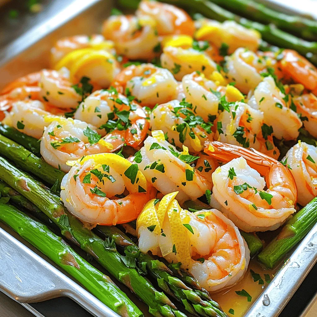 - 1 lb large shrimp, peeled and deveined - 1 bunch asparagus, trimmed and cut into 2-inch pieces - 3 tablespoons olive oil, divided - 4 cloves garlic, minced - Zest and juice of 1 large lemon - 1 teaspoon paprika - 1 teaspoon salt - 1/2 teaspoon freshly ground black pepper - 1/4 teaspoon red pepper flakes (optional, for a spicy kick) - Fresh parsley, finely chopped (for garnish) In this dish, the main star is the shrimp. You want them large, fresh, and ready to soak up all that zesty flavor. Asparagus adds a nice crunch and color. The olive oil serves as a base, helping all the flavors blend. For flavor, garlic and lemon make a perfect pair. The minced garlic infuses the shrimp with a burst of taste. Lemon zest gives the dish a bright note, while the juice adds a refreshing tang. Paprika adds a warm depth, making every bite exciting. The seasonings round out the dish. Salt enhances all the flavors, while black pepper gives a subtle kick. If you like spice, toss in red pepper flakes. Fresh parsley on top adds a pop of green and freshness at the end. This mix of ingredients makes the dish vibrant and delicious. Set your oven to 400°F (200°C). This heat helps cook shrimp and asparagus just right. In a large bowl, mix together: - 3 tablespoons olive oil - 4 cloves garlic, minced - Zest and juice of 1 large lemon - 1 teaspoon paprika - 1 teaspoon salt - 1/2 teaspoon black pepper - 1/4 teaspoon red pepper flakes (optional) Stir well to blend all the flavors into a tasty marinade. Add the peeled and deveined shrimp to the marinade. Toss them gently until each shrimp is coated. Cover the bowl with plastic wrap and set it aside for 15 minutes. This step lets the shrimp soak up all the yummy flavors. While the shrimp marinates, grab a large baking sheet. Arrange the trimmed asparagus in a single layer. Drizzle with a bit of olive oil and sprinkle some salt. Toss lightly to coat the asparagus. Spread it out evenly so it cooks well. Once the shrimp have marinated, place them among the asparagus on the baking sheet. Make sure everything is in a single layer. This helps both the shrimp and asparagus cook evenly. Now, place the baking sheet in your preheated oven. Roast for 10-12 minutes. Keep an eye on your dish. The shrimp should turn pink and opaque, while the asparagus becomes tender but still a bit crisp. After roasting, take the baking sheet out of the oven. Sprinkle chopped fresh parsley over the shrimp and asparagus. This adds a pop of color and freshness. Serve right away, either as is or over fluffy rice or quinoa for a heartier meal. Enjoy your dish! To make shrimp tender and flavorful, start with fresh or good quality shrimp. Remove the shells and devein them. This helps the shrimp absorb the marinade better. Marinate the shrimp for at least 15 minutes. You can use lemon juice and garlic for a bright flavor. If you want a kick, add red pepper flakes. Cook the shrimp until they turn pink and opaque. This usually takes 10-12 minutes at 400°F. To keep asparagus crisp, do not overcook it. Choose fresh asparagus with bright green color. Trim the ends to remove any tough parts. When you prepare the asparagus, coat it lightly in olive oil and salt. Spread it out evenly on the baking sheet. This allows hot air to circulate and cook it properly. Watch for a tender yet crisp texture after roasting. This dish pairs well with simple sides. Fluffy rice or quinoa works great. You can also serve it with a fresh salad. For a heartier meal, add some crusty bread. A glass of white wine complements the flavors nicely. Enjoy your colorful meal with a sprinkle of fresh parsley on top! {{image_4}} If you want to switch the shrimp, try chicken or tofu. Chicken thighs work well. Cut them into small pieces for even cooking. Tofu is a great option for a plant-based meal. Use firm tofu and press it to remove excess water. Then, cut it into cubes. Marinate it just like the shrimp for the same zesty flavor. You can add many veggies for extra taste. Broccoli, bell peppers, and cherry tomatoes pair great with lemon and garlic. Cut broccoli into small florets. Slice bell peppers into strips. Halve the cherry tomatoes. Toss them with the same marinade. These vegetables will roast nicely and add color to your dish. If you like it spicy, add more red pepper flakes. You can also use cayenne pepper for a stronger kick. If you prefer mild flavors, skip the red pepper flakes altogether. This recipe is flexible, so adjust the spice to fit your taste. Always start with a little and add more if needed. To store leftovers, place the shrimp and asparagus in an airtight container. Make sure to let it cool down first. Store in the fridge for up to three days. This keeps the flavors fresh and safe to eat. When you reheat, the best method is to use the oven. Preheat it to 350°F (175°C). Place the dish on a baking sheet covered with foil. This helps keep moisture in. Heat for about 10 minutes. Check to see if the shrimp is warm and the asparagus is tender. If you want to freeze, put the shrimp and asparagus in a freezer-safe bag. Remove as much air as possible before sealing. They can last up to two months in the freezer. To thaw, place the bag in the fridge overnight. Then, reheat it in the oven as mentioned above. This keeps the meal tasty and ready for future dinners. Yes, you can prepare this dish ahead of time. To do this, marinate the shrimp in the garlic and lemon mixture. Cover the bowl with plastic wrap and store it in the fridge. You can marinate the shrimp for up to two hours. Just remember to let it rest at room temperature for 15 minutes before baking. This helps the shrimp cook evenly. You can pair this dish with several sides. Here are some ideas: - Fluffy white rice - Quinoa for a healthy twist - A fresh green salad - Garlic bread to soak up all the juices These sides work well and add balance to the meal. Look for a few signs to know when shrimp is cooked. The shrimp will turn pink and opaque. They should also curl into a C shape. If they stay straight, they may be overcooked. Generally, cooking time is about 10 to 12 minutes. Yes, you can use frozen shrimp for this recipe. Just make sure to thaw them first. Place frozen shrimp in a bowl of cold water for about 15-20 minutes. Once thawed, peel and devein them if needed. Then, you can marinate and cook as usual. To keep asparagus tender and crisp, cook them for a shorter time. Preheat your oven to 400°F. Roast the asparagus for just 8-10 minutes before adding shrimp. This way, both the shrimp and asparagus finish cooking perfectly together. Also, check for bright green color to know they are just right! In this blog post, we explored how to prepare a delicious Lemon Garlic Shrimp and Asparagus dish. We covered the key ingredients, step-by-step instructions, tips for perfecting your meal, and variations to suit your taste. You can easily swap proteins or add different veggies for a twist. Remember, the goal is to enjoy fresh flavors and healthy cooking. With these tips, you will impress your family or friends at the dinner table with ease. Now, it’s time to get cooking!