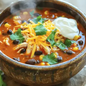 - 2 boneless, skinless chicken breasts - 1 can (15 oz) black beans, drained and rinsed - 1 can (15 oz) corn kernels, drained - 1 can (10 oz) enchilada sauce (choose red or green) - 1 can (14.5 oz) diced tomatoes with green chilies, undrained - 1 medium onion, finely diced - 2 cloves garlic, minced - 1 teaspoon ground cumin - 1 teaspoon chili powder - 1 teaspoon smoked paprika - 4 cups chicken broth - Salt and freshly ground black pepper to taste - 1 cup shredded cheddar cheese (for topping) - Fresh cilantro, chopped (for garnish) - Sour cream or Greek yogurt (optional, for serving) You can swap out chicken for turkey if you prefer. Canned beans can be any type you like. If you want a milder soup, use mild enchilada sauce. For a fresh touch, add fresh tomatoes instead of canned. Don't have chicken broth? Water works too, but the taste won't be as rich. Using fresh, high-quality ingredients makes a big difference. Fresh chicken ensures tenderness. Good enchilada sauce adds depth. Always choose low-sodium broth to control the salt level. Fresh herbs like cilantro enhance flavor and color. Quality ingredients lead to a more delicious soup. Start with two boneless, skinless chicken breasts. Place them at the bottom of your slow cooker. This helps the chicken cook well in the broth. Next, pour in four cups of chicken broth. This forms the base of your soup, adding moisture and flavor. Now, it's time to add the other ingredients. First, add one can of drained black beans and one can of drained corn. These provide great texture and nutrition. Next, pour in one can of enchilada sauce. You can choose red or green based on what you like. Then, add one can of diced tomatoes with green chilies. Make sure to keep the juices for extra flavor. Sprinkle in one teaspoon of ground cumin, one teaspoon of chili powder, and one teaspoon of smoked paprika. These spices give your soup a rich, warm taste. Finally, add salt and black pepper to suit your taste. Cover your slow cooker and set it to cook. You can choose low for 6-8 hours or high for 3-4 hours. Cooking on low makes the flavors blend well. When the chicken is fully cooked, it should shred easily. After cooking, take the chicken out. Use two forks to shred it into bite-sized pieces. Return the shredded chicken to the soup and stir. This makes sure every bowl has tender chicken and bold flavors. Enjoy your flavorful slow cooker chicken enchilada soup! To make your soup burst with flavor, use fresh herbs. Fresh cilantro gives a bright taste. Choose high-quality enchilada sauce for depth. I prefer a brand with a smooth texture. Consider toasting your spices like cumin and chili powder. This enhances their aroma and flavor. One common mistake is not adding enough liquid. Always ensure your chicken and veggies are covered. This helps them cook evenly. Overcooking the chicken can make it dry. Use a timer and check for doneness. Lastly, don’t skip seasoning. A pinch of salt can elevate the taste. For a fun twist, add crispy tortilla strips on top. They add crunch and texture. You can also serve with lime wedges for a tangy kick. A dollop of sour cream or Greek yogurt offers creaminess. Lastly, try adding avocado slices for a creamy touch. {{image_4}} To make a vegetarian version, skip the chicken. Use more beans or lentils for protein. You can add chopped bell peppers and zucchini for texture and flavor. Replace chicken broth with vegetable broth. This keeps the soup hearty and full of taste. For a vegan option, swap sour cream with a plant-based yogurt. You can control the heat level easily. For a mild soup, use a mild enchilada sauce and skip the chili powder. If you love spice, add jalapeños or use hot enchilada sauce. A pinch of cayenne pepper also adds a nice kick. Taste as you go to find your perfect balance. Toppings can change the dish completely. Shredded cheddar cheese adds richness. Fresh cilantro brightens the flavors. For crunch, consider crispy tortilla strips. You can also add sliced avocado for creaminess. Greek yogurt is a healthy substitute for sour cream. Each topping brings its own flair to the soup. I suggest storing your soup in airtight containers. Glass containers work best. Make sure to let it cool down before sealing. This keeps the flavor fresh and prevents spills. To reheat, pour the soup into a pot over medium heat. Stir often until it's hot. You can also use a microwave in short bursts. Just make sure to cover the bowl. This helps heat evenly and keeps the soup moist. If you want to freeze your soup, first let it cool completely. Then, use freezer-safe bags or containers. Leave some space at the top for expansion. When you're ready to eat, thaw it in the fridge overnight. Reheat as mentioned earlier. Enjoy your tasty soup any time! Yes, you can use frozen chicken breasts. Just add an extra hour to the cooking time. This ensures they cook fully and stay juicy. Make sure to check if they are cooked through before shredding. The flavors will still blend well in the soup. You can serve this soup with several tasty sides. Here are some ideas: - Crispy tortilla strips for crunch - Fresh avocado slices for creaminess - A side of cornbread for a sweet touch - A simple salad for freshness These sides not only add flavor but also make your meal more satisfying. To boost the heat, try these options: - Add more chili powder or cumin. - Use a spicier enchilada sauce, like green. - Toss in jalapeños or diced serrano peppers. - Top with hot sauce when serving. Adjust the spice to your taste for a perfect kick! You now know how to make Chicken Enchilada Soup from start to finish. We covered the key ingredients and their importance for flavor. I shared easy steps to prepare and cook the soup perfectly. You learned tips to enhance taste and avoid common errors. There are even variations to suit different diets and spice levels. Lastly, I shared the best ways to store and reheat leftovers. With this guide, you can create a delicious soup that everyone will love. Enjoy your cooking adventure!