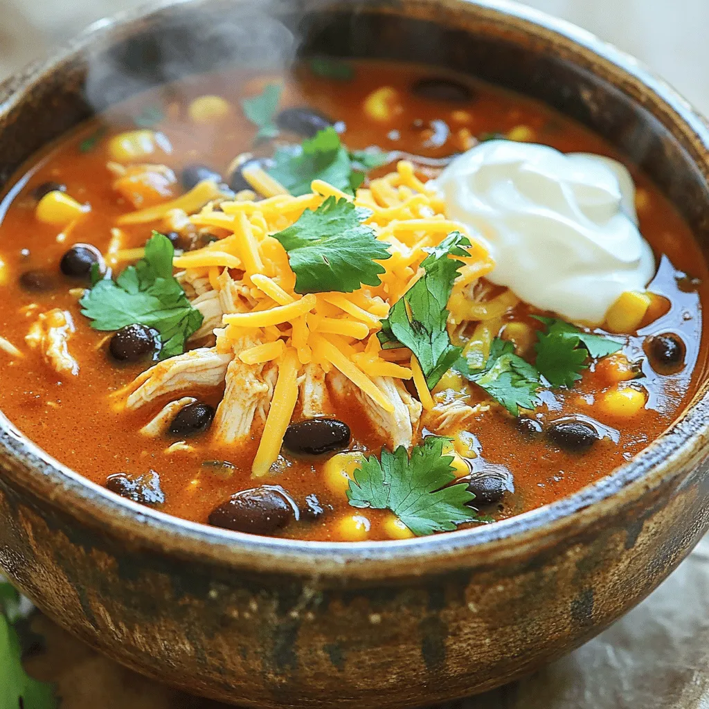 - 2 boneless, skinless chicken breasts - 1 can (15 oz) black beans, drained and rinsed - 1 can (15 oz) corn kernels, drained - 1 can (10 oz) enchilada sauce (choose red or green) - 1 can (14.5 oz) diced tomatoes with green chilies, undrained - 1 medium onion, finely diced - 2 cloves garlic, minced - 1 teaspoon ground cumin - 1 teaspoon chili powder - 1 teaspoon smoked paprika - 4 cups chicken broth - Salt and freshly ground black pepper to taste - 1 cup shredded cheddar cheese (for topping) - Fresh cilantro, chopped (for garnish) - Sour cream or Greek yogurt (optional, for serving) You can swap out chicken for turkey if you prefer. Canned beans can be any type you like. If you want a milder soup, use mild enchilada sauce. For a fresh touch, add fresh tomatoes instead of canned. Don't have chicken broth? Water works too, but the taste won't be as rich. Using fresh, high-quality ingredients makes a big difference. Fresh chicken ensures tenderness. Good enchilada sauce adds depth. Always choose low-sodium broth to control the salt level. Fresh herbs like cilantro enhance flavor and color. Quality ingredients lead to a more delicious soup. Start with two boneless, skinless chicken breasts. Place them at the bottom of your slow cooker. This helps the chicken cook well in the broth. Next, pour in four cups of chicken broth. This forms the base of your soup, adding moisture and flavor. Now, it's time to add the other ingredients. First, add one can of drained black beans and one can of drained corn. These provide great texture and nutrition. Next, pour in one can of enchilada sauce. You can choose red or green based on what you like. Then, add one can of diced tomatoes with green chilies. Make sure to keep the juices for extra flavor. Sprinkle in one teaspoon of ground cumin, one teaspoon of chili powder, and one teaspoon of smoked paprika. These spices give your soup a rich, warm taste. Finally, add salt and black pepper to suit your taste. Cover your slow cooker and set it to cook. You can choose low for 6-8 hours or high for 3-4 hours. Cooking on low makes the flavors blend well. When the chicken is fully cooked, it should shred easily. After cooking, take the chicken out. Use two forks to shred it into bite-sized pieces. Return the shredded chicken to the soup and stir. This makes sure every bowl has tender chicken and bold flavors. Enjoy your flavorful slow cooker chicken enchilada soup! To make your soup burst with flavor, use fresh herbs. Fresh cilantro gives a bright taste. Choose high-quality enchilada sauce for depth. I prefer a brand with a smooth texture. Consider toasting your spices like cumin and chili powder. This enhances their aroma and flavor. One common mistake is not adding enough liquid. Always ensure your chicken and veggies are covered. This helps them cook evenly. Overcooking the chicken can make it dry. Use a timer and check for doneness. Lastly, don’t skip seasoning. A pinch of salt can elevate the taste. For a fun twist, add crispy tortilla strips on top. They add crunch and texture. You can also serve with lime wedges for a tangy kick. A dollop of sour cream or Greek yogurt offers creaminess. Lastly, try adding avocado slices for a creamy touch. {{image_4}} To make a vegetarian version, skip the chicken. Use more beans or lentils for protein. You can add chopped bell peppers and zucchini for texture and flavor. Replace chicken broth with vegetable broth. This keeps the soup hearty and full of taste. For a vegan option, swap sour cream with a plant-based yogurt. You can control the heat level easily. For a mild soup, use a mild enchilada sauce and skip the chili powder. If you love spice, add jalapeños or use hot enchilada sauce. A pinch of cayenne pepper also adds a nice kick. Taste as you go to find your perfect balance. Toppings can change the dish completely. Shredded cheddar cheese adds richness. Fresh cilantro brightens the flavors. For crunch, consider crispy tortilla strips. You can also add sliced avocado for creaminess. Greek yogurt is a healthy substitute for sour cream. Each topping brings its own flair to the soup. I suggest storing your soup in airtight containers. Glass containers work best. Make sure to let it cool down before sealing. This keeps the flavor fresh and prevents spills. To reheat, pour the soup into a pot over medium heat. Stir often until it's hot. You can also use a microwave in short bursts. Just make sure to cover the bowl. This helps heat evenly and keeps the soup moist. If you want to freeze your soup, first let it cool completely. Then, use freezer-safe bags or containers. Leave some space at the top for expansion. When you're ready to eat, thaw it in the fridge overnight. Reheat as mentioned earlier. Enjoy your tasty soup any time! Yes, you can use frozen chicken breasts. Just add an extra hour to the cooking time. This ensures they cook fully and stay juicy. Make sure to check if they are cooked through before shredding. The flavors will still blend well in the soup. You can serve this soup with several tasty sides. Here are some ideas: - Crispy tortilla strips for crunch - Fresh avocado slices for creaminess - A side of cornbread for a sweet touch - A simple salad for freshness These sides not only add flavor but also make your meal more satisfying. To boost the heat, try these options: - Add more chili powder or cumin. - Use a spicier enchilada sauce, like green. - Toss in jalapeños or diced serrano peppers. - Top with hot sauce when serving. Adjust the spice to your taste for a perfect kick! You now know how to make Chicken Enchilada Soup from start to finish. We covered the key ingredients and their importance for flavor. I shared easy steps to prepare and cook the soup perfectly. You learned tips to enhance taste and avoid common errors. There are even variations to suit different diets and spice levels. Lastly, I shared the best ways to store and reheat leftovers. With this guide, you can create a delicious soup that everyone will love. Enjoy your cooking adventure!