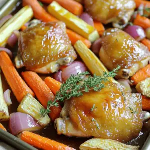 To make this dish, you need fresh, quality ingredients. Here’s what you’ll need: - 4 bone-in, skin-on chicken thighs - 2 tablespoons pure maple syrup - 2 tablespoons Dijon mustard - 1 tablespoon extra virgin olive oil - 1 teaspoon garlic powder - 1 teaspoon onion powder - Salt and freshly cracked black pepper to taste - 3 medium carrots, peeled and cut into uniform sticks - 2 large parsnips, peeled and sliced into sticks - 1 red onion, cut into wedges - Fresh thyme sprigs for garnish (optional) These ingredients work together to create a sweet and savory flavor. The chicken thighs provide juiciness, while the vegetables add color and texture. Herbs can enhance the taste of your dish. Fresh thyme sprigs are my top choice. They add a lovely aroma and flavor. If you don’t have fresh herbs, dried thyme works too. Just use less since dried herbs are stronger. You can also try rosemary or sage. These herbs pair well with chicken and give a nice twist to the dish. Don’t hesitate to mix and match! Choosing the right chicken cut matters. Bone-in, skin-on thighs are best for this recipe. They stay moist and flavorful during cooking. If you prefer other cuts, drumsticks or whole chicken pieces can work too. Avoid using boneless chicken for this dish. Boneless cuts can dry out quickly. Remember, skin-on cuts give a nice, crispy finish. Look for chicken that has a pink hue and no strong odors. Fresh chicken makes a big difference in flavor. Start by preheating your oven to 400°F (200°C). This temperature helps the chicken cook evenly. Next, line a large baking sheet with parchment paper. This makes cleanup easy and keeps food from sticking. In a small bowl, combine these ingredients: - 2 tablespoons pure maple syrup - 2 tablespoons Dijon mustard - 1 tablespoon extra virgin olive oil - 1 teaspoon garlic powder - 1 teaspoon onion powder - Salt and freshly cracked black pepper to taste Whisk these together until you have a smooth glaze. This sweet and tangy mix will give your chicken a great flavor. Place the chicken thighs skin side up on the baking sheet. Use a pastry brush to coat the chicken with the maple glaze. Make sure every piece is well covered. Set aside some glaze for later. In a large bowl, toss the carrot and parsnip sticks with a drizzle of olive oil, salt, and pepper. Spread these veggies around the chicken. Add the red onion wedges too, mixing them in. Now it’s time to roast! Put the baking sheet in the oven. Roast for about 30-35 minutes. You know it’s done when the chicken hits 165°F (75°C) and the veggies are tender. In the last 5 minutes, brush the reserved maple glaze over the chicken. This step boosts the flavor and gives the chicken a shiny look. Once cooked, take the sheet out and let it rest for a few minutes before serving. To get the best glaze on your chicken, use pure maple syrup. This syrup adds rich flavor and a nice shine. Mix it with Dijon mustard for a tangy kick. Brush the glaze generously on the chicken before baking. Reserve some for the last few minutes of cooking. This way, you will boost the flavor and keep it sticky. Carrots and parsnips are great for this dish. Cut them into uniform sticks for even cooking. Toss them with olive oil, salt, and pepper. This helps them caramelize nicely. Spread them around the chicken on the baking sheet. The juices from the chicken will flavor the veggies as they cook. If you want more sweetness, add a bit of maple glaze to the veggies too. To get crispy skin, start with bone-in, skin-on thighs. Preheat your oven to 400°F for the best results. Make sure the chicken skin is dry before applying the glaze. Extra moisture can lead to sogginess. During the last five minutes, brush on the reserved glaze. This will give the chicken a beautiful shine and crisp texture. {{image_4}} You can change up the veggies in this dish. Sweet potatoes add a nice flavor. Broccoli or Brussels sprouts also work well. Just cut them into similar sizes. This way, they cook evenly. You can also try butternut squash for a sweet twist. While chicken thighs are juicy and flavorful, you can use other cuts. Chicken drumsticks give a fun finger-food vibe. Boneless, skinless chicken breasts work too, but they may dry out. Adjust cooking time to ensure they stay moist. If you don't have maple syrup, use honey or agave nectar. Both add sweetness with a different taste. Brown sugar is another option, but it won't give the same glaze. Just mix it with water to create a syrup-like consistency. After your meal, let the chicken and roots cool down. Place them in an airtight container. This keeps moisture in and flavors fresh. Make sure to store the leftovers in the fridge. They will last for three to four days. If you have extra glaze, keep that too. Store it in a small jar or container. When you’re ready to enjoy leftovers, preheat your oven to 350°F (175°C). Place the chicken and roots on a baking sheet. Add a splash of water or broth to keep them moist. Cover the pan with foil to prevent drying out. Heat for about 15-20 minutes, or until warmed through. If you want a crispy skin, uncover the foil for the last five minutes. You can freeze the chicken and roots if you want to save them longer. Wrap each piece in plastic wrap, then place them in a freezer bag. Remove as much air as you can. The meal will stay good for up to three months. To reheat, thaw overnight in the fridge. Then, follow the reheating steps above for best results. Yes, you can use boneless chicken thighs. They will cook faster than bone-in thighs. Adjust your cooking time to about 25-30 minutes. Check the internal temperature to ensure it reaches 165°F (75°C). Boneless thighs will still soak up the maple glaze well. To make this dish healthier, consider these tips: - Use less maple syrup or substitute with a lower-calorie sweetener. - Increase the amount of vegetables. Add bell peppers or zucchini for more nutrients. - Trim excess fat from chicken thighs before cooking. - Serve with a side salad for extra fiber and vitamins. Maple glazed chicken pairs well with: - Quinoa or brown rice for a hearty base. - Steamed green beans or broccoli for freshness. - A simple green salad with a light vinaigrette. - Mashed sweet potatoes add a lovely sweet touch. Check the chicken's internal temperature with a meat thermometer. It should reach 165°F (75°C). The juices should run clear, not pink. If you see any pink inside, cook it a bit longer. Let it rest for a few minutes before serving. This helps keep it juicy. This blog covered how to make delicious sheet pan maple glazed chicken. You learned about key ingredients, like herbs and chicken cuts. I shared steps for prep, glazing, and roasting to achieve perfect results. You also received tips for crispy skin and caramelized veggies. Feel free to try different veggies and sweeteners. Proper storage keeps leftovers tasty. Use the FAQs for quick answers. Enjoy your flavorful meal, and impress family or friends with your cooking skills!
