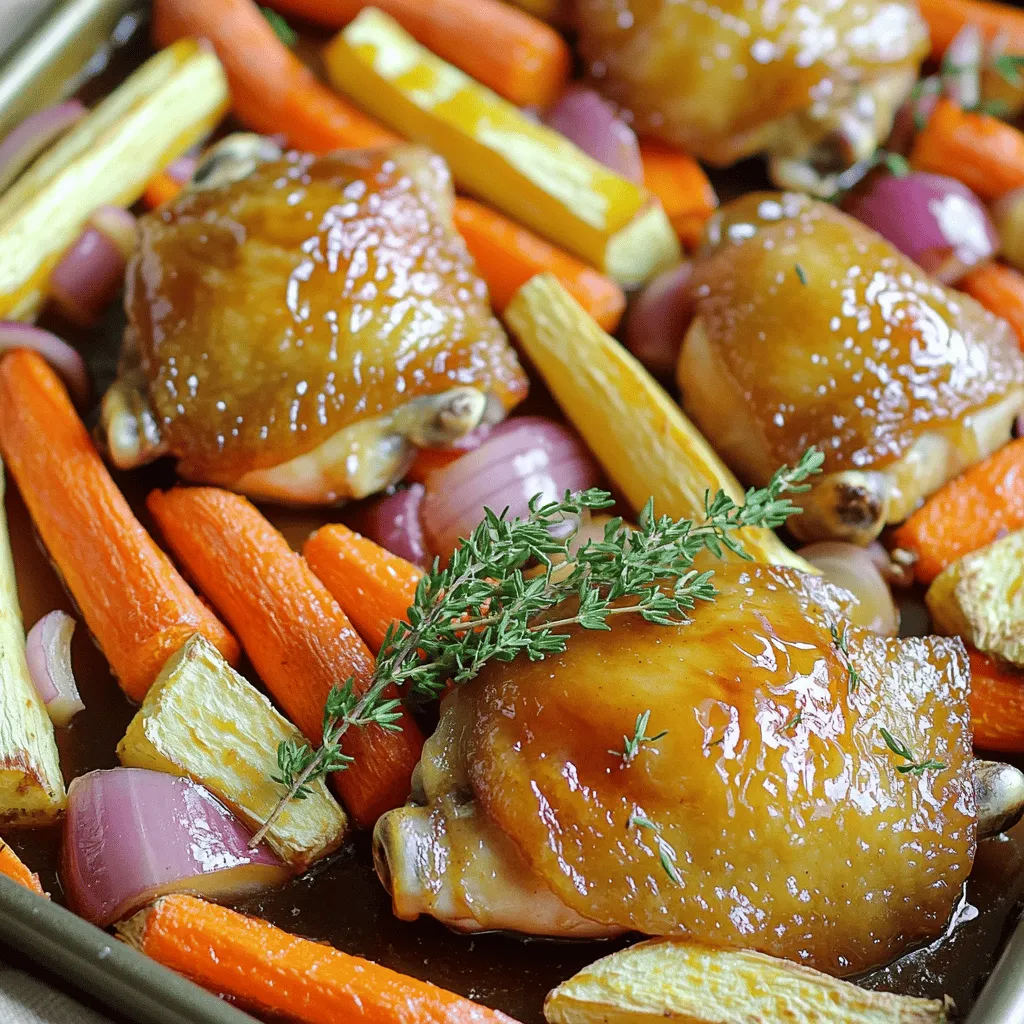 To make this dish, you need fresh, quality ingredients. Here’s what you’ll need: - 4 bone-in, skin-on chicken thighs - 2 tablespoons pure maple syrup - 2 tablespoons Dijon mustard - 1 tablespoon extra virgin olive oil - 1 teaspoon garlic powder - 1 teaspoon onion powder - Salt and freshly cracked black pepper to taste - 3 medium carrots, peeled and cut into uniform sticks - 2 large parsnips, peeled and sliced into sticks - 1 red onion, cut into wedges - Fresh thyme sprigs for garnish (optional) These ingredients work together to create a sweet and savory flavor. The chicken thighs provide juiciness, while the vegetables add color and texture. Herbs can enhance the taste of your dish. Fresh thyme sprigs are my top choice. They add a lovely aroma and flavor. If you don’t have fresh herbs, dried thyme works too. Just use less since dried herbs are stronger. You can also try rosemary or sage. These herbs pair well with chicken and give a nice twist to the dish. Don’t hesitate to mix and match! Choosing the right chicken cut matters. Bone-in, skin-on thighs are best for this recipe. They stay moist and flavorful during cooking. If you prefer other cuts, drumsticks or whole chicken pieces can work too. Avoid using boneless chicken for this dish. Boneless cuts can dry out quickly. Remember, skin-on cuts give a nice, crispy finish. Look for chicken that has a pink hue and no strong odors. Fresh chicken makes a big difference in flavor. Start by preheating your oven to 400°F (200°C). This temperature helps the chicken cook evenly. Next, line a large baking sheet with parchment paper. This makes cleanup easy and keeps food from sticking. In a small bowl, combine these ingredients: - 2 tablespoons pure maple syrup - 2 tablespoons Dijon mustard - 1 tablespoon extra virgin olive oil - 1 teaspoon garlic powder - 1 teaspoon onion powder - Salt and freshly cracked black pepper to taste Whisk these together until you have a smooth glaze. This sweet and tangy mix will give your chicken a great flavor. Place the chicken thighs skin side up on the baking sheet. Use a pastry brush to coat the chicken with the maple glaze. Make sure every piece is well covered. Set aside some glaze for later. In a large bowl, toss the carrot and parsnip sticks with a drizzle of olive oil, salt, and pepper. Spread these veggies around the chicken. Add the red onion wedges too, mixing them in. Now it’s time to roast! Put the baking sheet in the oven. Roast for about 30-35 minutes. You know it’s done when the chicken hits 165°F (75°C) and the veggies are tender. In the last 5 minutes, brush the reserved maple glaze over the chicken. This step boosts the flavor and gives the chicken a shiny look. Once cooked, take the sheet out and let it rest for a few minutes before serving. To get the best glaze on your chicken, use pure maple syrup. This syrup adds rich flavor and a nice shine. Mix it with Dijon mustard for a tangy kick. Brush the glaze generously on the chicken before baking. Reserve some for the last few minutes of cooking. This way, you will boost the flavor and keep it sticky. Carrots and parsnips are great for this dish. Cut them into uniform sticks for even cooking. Toss them with olive oil, salt, and pepper. This helps them caramelize nicely. Spread them around the chicken on the baking sheet. The juices from the chicken will flavor the veggies as they cook. If you want more sweetness, add a bit of maple glaze to the veggies too. To get crispy skin, start with bone-in, skin-on thighs. Preheat your oven to 400°F for the best results. Make sure the chicken skin is dry before applying the glaze. Extra moisture can lead to sogginess. During the last five minutes, brush on the reserved glaze. This will give the chicken a beautiful shine and crisp texture. {{image_4}} You can change up the veggies in this dish. Sweet potatoes add a nice flavor. Broccoli or Brussels sprouts also work well. Just cut them into similar sizes. This way, they cook evenly. You can also try butternut squash for a sweet twist. While chicken thighs are juicy and flavorful, you can use other cuts. Chicken drumsticks give a fun finger-food vibe. Boneless, skinless chicken breasts work too, but they may dry out. Adjust cooking time to ensure they stay moist. If you don't have maple syrup, use honey or agave nectar. Both add sweetness with a different taste. Brown sugar is another option, but it won't give the same glaze. Just mix it with water to create a syrup-like consistency. After your meal, let the chicken and roots cool down. Place them in an airtight container. This keeps moisture in and flavors fresh. Make sure to store the leftovers in the fridge. They will last for three to four days. If you have extra glaze, keep that too. Store it in a small jar or container. When you’re ready to enjoy leftovers, preheat your oven to 350°F (175°C). Place the chicken and roots on a baking sheet. Add a splash of water or broth to keep them moist. Cover the pan with foil to prevent drying out. Heat for about 15-20 minutes, or until warmed through. If you want a crispy skin, uncover the foil for the last five minutes. You can freeze the chicken and roots if you want to save them longer. Wrap each piece in plastic wrap, then place them in a freezer bag. Remove as much air as you can. The meal will stay good for up to three months. To reheat, thaw overnight in the fridge. Then, follow the reheating steps above for best results. Yes, you can use boneless chicken thighs. They will cook faster than bone-in thighs. Adjust your cooking time to about 25-30 minutes. Check the internal temperature to ensure it reaches 165°F (75°C). Boneless thighs will still soak up the maple glaze well. To make this dish healthier, consider these tips: - Use less maple syrup or substitute with a lower-calorie sweetener. - Increase the amount of vegetables. Add bell peppers or zucchini for more nutrients. - Trim excess fat from chicken thighs before cooking. - Serve with a side salad for extra fiber and vitamins. Maple glazed chicken pairs well with: - Quinoa or brown rice for a hearty base. - Steamed green beans or broccoli for freshness. - A simple green salad with a light vinaigrette. - Mashed sweet potatoes add a lovely sweet touch. Check the chicken's internal temperature with a meat thermometer. It should reach 165°F (75°C). The juices should run clear, not pink. If you see any pink inside, cook it a bit longer. Let it rest for a few minutes before serving. This helps keep it juicy. This blog covered how to make delicious sheet pan maple glazed chicken. You learned about key ingredients, like herbs and chicken cuts. I shared steps for prep, glazing, and roasting to achieve perfect results. You also received tips for crispy skin and caramelized veggies. Feel free to try different veggies and sweeteners. Proper storage keeps leftovers tasty. Use the FAQs for quick answers. Enjoy your flavorful meal, and impress family or friends with your cooking skills!