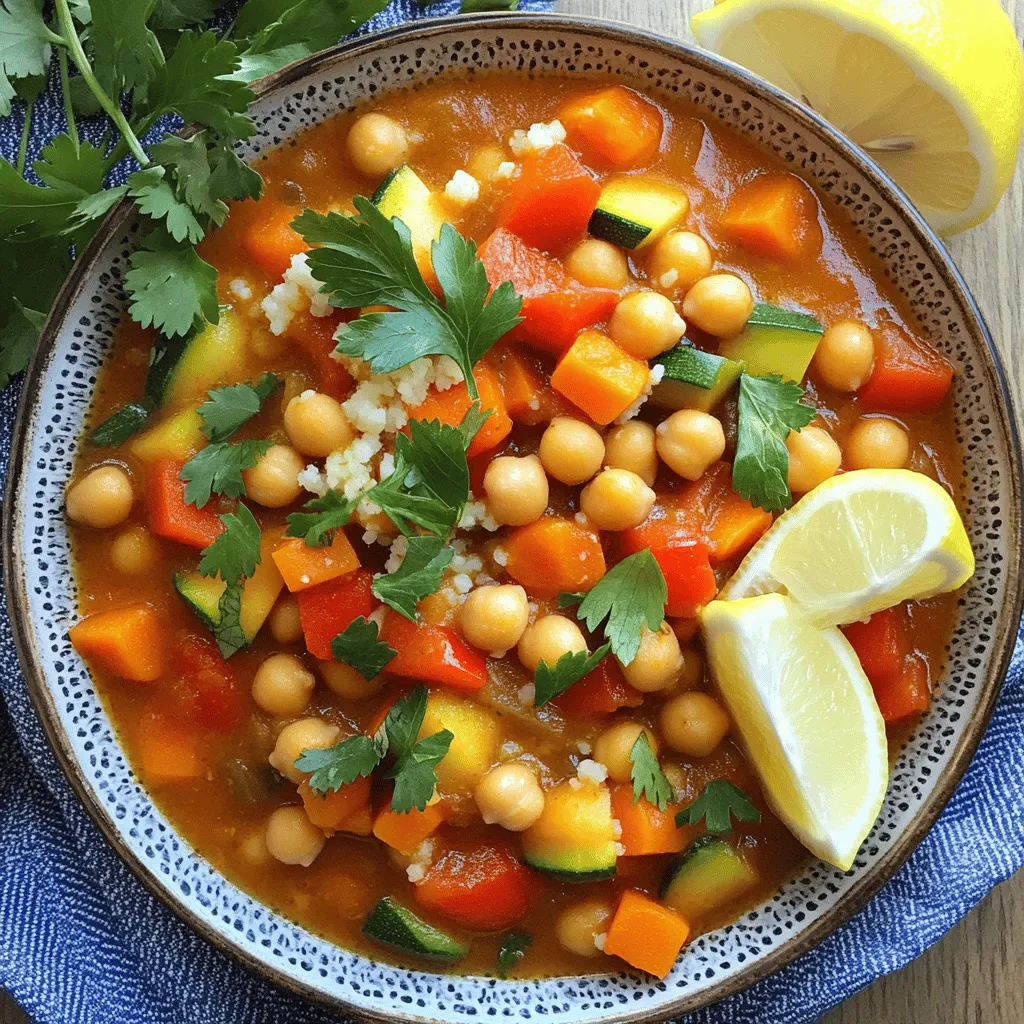 - 2 cups canned chickpeas, thoroughly drained and rinsed - 1 cup couscous - 1 large onion, finely chopped - 2 cloves of garlic, minced - 2 medium carrots, diced into small pieces - 1 red bell pepper, chopped into cubes - 1 medium zucchini, diced In this Moroccan chickpea couscous stew, chickpeas form the heart of the dish. They add protein and a nice texture. Couscous serves as the fluffy base, soaking up all the wonderful flavors. The mix of vegetables—onion, garlic, carrots, bell pepper, and zucchini—brings color and nutrition. Each one adds its unique taste, making every bite exciting. - 2 teaspoons ground cumin - 1 teaspoon ground coriander - 1 teaspoon ground cinnamon - 1 teaspoon ground turmeric - 1/2 teaspoon cayenne pepper (or more, based on your preferred spice level) The spices are what make this dish special. Ground cumin adds warmth, while coriander brings a hint of citrus. Cinnamon adds a sweet note, and turmeric offers earthiness. Cayenne pepper gives it a kick, so adjust this based on your spice tolerance. The blend creates a fragrant aroma that fills your kitchen as it cooks. - 1 can (14 oz) diced tomatoes, including juice - 4 cups vegetable broth - 1/4 cup raisins or sultanas - Fresh cilantro or parsley, for garnishing - Lemon wedges, for serving Canned tomatoes add a rich, tangy flavor that brightens the stew. Vegetable broth serves as the liquid base, making the stew hearty without being heavy. Raisins or sultanas introduce a sweet contrast to the spices. Garnishing with fresh herbs like cilantro or parsley adds a burst of color and freshness. Finally, lemon wedges provide a zesty finish, enhancing the overall flavor. Start by placing the chopped onion and minced garlic at the bottom of the slow cooker. This creates a strong base. The onion adds sweetness, while the garlic brings depth to the flavor. Next, carefully add the diced carrots, red bell pepper, and zucchini. Mix these vegetables with the onion and garlic. This step ensures that every bite has a mix of flavors. Now, it’s time to incorporate the chickpeas and tomatoes. Pour in the drained chickpeas along with the diced tomatoes, including their juice. Stir everything well to combine. Now for the fun part—seasoning! Sprinkle in the ground cumin, coriander, cinnamon, turmeric, and cayenne pepper. Don’t forget salt and black pepper. Stir the mixture well to coat all the veggies and chickpeas. Then, pour in the vegetable broth. This helps all the ingredients soak up flavors. Cover the slow cooker and set it to cook on low for 6-8 hours or high for 3-4 hours. About 30 minutes before serving, stir in the couscous and raisins. This allows the couscous to soak up the broth and expand. Once done, taste the stew. Adjust the seasoning if needed. You might want more salt, pepper, or spices. Enjoy this colorful, tasty dish! - Using fresh herbs: Fresh herbs like cilantro or parsley add bright notes. Sprinkle them just before serving to keep the flavors vibrant. - Adjusting spice levels: If you like heat, add more cayenne pepper. For milder taste, reduce the cayenne. Always taste as you go to suit your palate. - Presentation tips with garnishes: Ladle the stew into bowls. Top with fresh herbs for color and zest. A squeeze of lemon juice brightens the dish. - Pairing options: Serve with crusty bread or a fresh salad. This adds texture and balances flavors. - Time adjustments based on cooker's model: Each slow cooker is different. Check your model’s manual for cooking time tips. Some cookers cook faster than others. - Importance of keeping the lid closed: Keeping the lid on helps the stew cook evenly. Opening the lid lets heat escape and slows cooking. {{image_4}} You can easily change the veggies in this stew. Use what’s fresh and in season. Try adding sweet potatoes for a twist. Kale or spinach can also boost nutrition. You can swap out the red bell pepper for green or yellow ones. This way, you keep it colorful and fun! If you're not a fan of couscous, there are great choices. Quinoa works well and adds protein. It’s light and fluffy when cooked. Barley is another option; it adds a nice chewy texture. Both grains absorb flavors beautifully, making your stew even tastier. Want more protein? Lentils are a great addition. They cook well and soak up all the spices. You can also use different beans, like black or kidney beans. They add creaminess and enhance the dish. Mix and match to find your favorite combo! Store leftovers in an airtight container. This keeps the stew fresh and tasty. Let it cool down first before sealing. You can keep it in the fridge for up to five days. When reheating, add a splash of broth to bring back moisture. You can freeze portions for later use. Divide the stew into freezer-safe bags or containers. Make sure to remove excess air before sealing. It can last in the freezer for up to three months. To reheat, let it thaw overnight in the fridge. Then warm it on the stove over low heat until hot. The stew stays good in the fridge for five days. In the freezer, it lasts for three months. Look for signs of spoilage, like off smells or changes in color. If it seems off, it's best to toss it. Cooking times in a slow cooker vary. If you set it to low, it takes about 6-8 hours. On high, expect 3-4 hours. Both methods make the stew tasty and warm. Yes, you can add meat! Chicken or lamb works well here. Just cut them into small pieces. Add them at the start with the veggies to ensure they cook fully. No, regular couscous contains gluten. If you need a gluten-free option, try quinoa or rice. Both will soak up the flavors just like couscous. You have learned how to make a flavorful slow-cooker dish using simple ingredients. We explored key components like chickpeas, vegetables, and spices that create a rich taste. Remember to adjust flavors and try variations to suit your needs. Proper storage will keep your leftovers fresh for later enjoyment. Cooking in a slow cooker allows easy meal prep. This dish is not only tasty, but also flexible. Enjoy making it your own and sharing it with others!