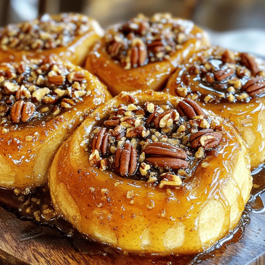 To make Maple Pecan Sticky Buns with Brown Butter, you need the following ingredients: - 3 cups all-purpose flour - 1/4 cup granulated sugar - 1 packet (2 1/4 teaspoons) active dry yeast - 1/2 teaspoon salt - 3/4 cup whole milk, warmed (around 110°F/43°C) - 1/4 cup unsalted butter, melted - 2 large eggs, at room temperature - 1 teaspoon vanilla extract - 1/2 cup packed brown sugar, light or dark - 1/4 cup pure maple syrup - 1 teaspoon ground cinnamon - 1 cup pecans, roughly chopped - 1/4 cup unsalted butter (for browning) - Pinch of salt These ingredients work together to create a soft, sweet dough with a rich filling. The combination of brown butter and maple syrup gives these sticky buns a unique flavor. You will enjoy the crunch from the pecans and the warm spices that fill the kitchen with a comforting aroma. Prepare these ingredients ahead of time, and you can easily follow the steps to create a delightful treat. To start, mix the warmed milk with granulated sugar and yeast in a bowl. Let it sit for about 5 minutes. This helps the yeast wake up and get foamy. In another bowl, whisk together the flour and salt. After mixing, add melted butter, eggs, vanilla, and the yeast mix. Stir until you form a soft dough. Next, transfer the dough to a floured surface. Knead it for about 5 minutes. You want it smooth and elastic. Then, shape it into a ball and place it in a greased bowl. Cover it with a towel and let it rise in a warm spot for about 1 hour. The dough should double in size. In a small bowl, mix brown sugar, maple syrup, and cinnamon. Make sure it is well combined. Now, let’s brown the butter. In a saucepan over medium heat, melt a quarter cup of unsalted butter. Stir it often until it turns golden brown and smells nutty. This takes about 5 to 7 minutes. After the dough rises, gently punch it down to release air. Roll it out on a floured surface into a rectangle about 1/4 inch thick. Brush the brown butter on top, then sprinkle the brown sugar mixture over it. Finally, add the chopped pecans evenly. Starting from the long side, roll the dough tightly into a log. Seal the seam and slice it into 12 equal pieces. Place the rolls cut side up in a greased baking dish. Cover the dish with a cloth and let the rolls rise for another 30 minutes. Preheat your oven to 350°F (175°C) while they rise. Bake the rolls for 25 to 30 minutes. They should be golden brown when done. Once baked, cool the rolls in the pan for about 10 minutes. Then, flip them out onto a serving platter. Enjoy the sticky syrup that drizzles down over the rolls! To make great sticky buns, the dough must feel just right. You want a soft, smooth texture. When you knead it, it should spring back when pressed. If it feels too sticky, add a bit more flour. If it’s too dry, a splash of milk can help. For yeast activation, make sure your milk is warm, not hot. You want it around 110°F (43°C). Mix the yeast with the sugar and milk, and wait for it to foam. This shows that your yeast is alive and ready to work. Browning butter adds depth and flavor. To avoid burning, use medium heat and stir often. Keep your eyes on it; butter can turn brown quickly. To get that lovely nutty aroma, look for a golden color with a slight froth. This usually takes about 5-7 minutes. Once you see that, take it off the heat. Let it cool for a minute before using it in your rolls. When serving your sticky buns, a drizzle of extra maple syrup makes them shine. You can also sprinkle some chopped pecans on top for a nice crunch. These buns taste best warm, right out of the oven. If you let them cool too much, they may lose that gooey texture. Serve them hot for a truly delightful treat! {{image_4}} You can add your own twist to these sticky buns. Try adding spices like nutmeg or ginger for warmth. You can also use different extracts, like almond or maple, to enhance flavor. For a fruity touch, mix in dried fruits such as raisins or cranberries. These choices will change the flavor and make your buns unique. If you want a lighter version, consider using less sugar. You can replace some sugar with applesauce for moisture. Another option is to use honey or agave syrup for sweetness. For those who need gluten-free options, try gluten-free flour blends. These can work well and keep your buns fluffy. The sticky sauce doesn’t have to be the same each time. You can mix up the syrup by using honey or caramel. If you want to switch nuts, walnuts or almonds can also work beautifully. These changes can create a whole new taste experience each time you make them. To keep your maple pecan sticky buns fresh, store them in an airtight container. This helps keep the moisture in and stops them from drying out. If you plan to eat them within two days, you can leave them at room temperature. For longer storage, place them in the fridge. Just remember, refrigeration can change their texture. When you want to enjoy your sticky buns again, reheating is key. I recommend using the oven. Preheat it to 350°F (175°C). Wrap the buns in foil to keep them moist. Heat for about 10 to 15 minutes. You can also use the microwave, but be careful. Heat for just a few seconds at a time to avoid dryness. To freeze sticky buns, wait until they cool completely. Wrap each bun tightly in plastic wrap, then place them in a freezer bag. This way, they can last up to three months. When you’re ready to eat, thaw them overnight in the fridge. Reheat using the methods I shared earlier for the best taste. Yes, you can! To prepare in advance, make the dough the night before. Let it rise as usual, then cover and refrigerate it. In the morning, take it out and let it warm up for about 30 minutes. Then, roll out the dough, add the filling, and shape the buns. This saves time and keeps them fresh. If you need a substitute for pecans, walnuts work well. They have a similar crunch and taste. You can also use almonds or hazelnuts for a different flavor. Just chop them up like the pecans and follow the same steps in the recipe. Look for a golden brown color on top. The rolls should also spring back when lightly tapped. You can use a toothpick to check inside. It should come out clean. If it has dough on it, bake for a few more minutes. Serve the sticky buns warm for the best taste. Drizzle some extra maple syrup on top before serving. You can also add some chopped pecans for a nice garnish. This makes them look great and adds more crunch. To make these buns vegan, swap the eggs for flax eggs or applesauce. Use plant-based milk, like almond or oat milk, instead of whole milk. Replace the butter with a vegan butter alternative. You can still enjoy the yummy taste and texture! You learned the key ingredients needed for delicious sticky buns. I shared step-by-step instructions, tips, and variations to help you create the perfect treat. Remember, each part of the process matters, from kneading dough to choosing toppings. Whether you make these ahead of time or explore different flavors, you have options. Store them properly for fresh results. Enjoying warm, gooey buns will delight anyone. Dive into this fun baking adventure and make some sticky buns today!