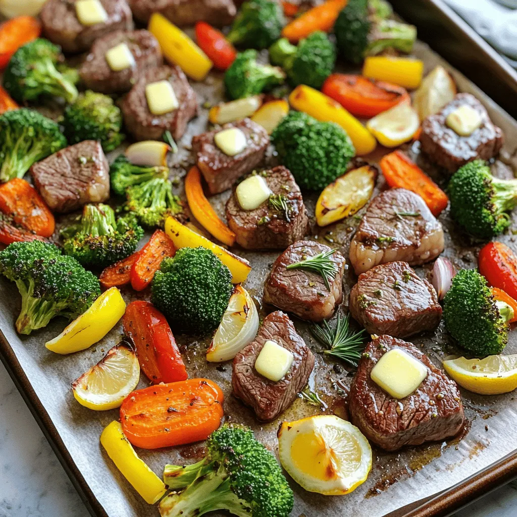 - 1 lb sirloin steak, cut into 1-inch cubes - 2 cups fresh broccoli florets - 1 bell pepper (any color), sliced into strips - 1 cup baby carrots, halved lengthwise - 1 red onion, cut into wedges - 4 tablespoons unsalted butter, melted - 4 cloves garlic, finely minced - 2 teaspoons fresh rosemary (or 1 teaspoon dried) - 1 teaspoon smoked paprika - Salt and freshly ground black pepper to taste - 2 tablespoons extra virgin olive oil - Lemon wedges, for serving Gather these ingredients before you start. They form the base of your garlic butter steak and veggie sheet pan dish. The sirloin steak offers a rich taste. The vegetables add color and crunch. Each ingredient plays a key role in making this meal both tasty and fun to eat. The garlic butter mixture brings everything together, giving it a savory kick. This dish not only looks good but also fills the kitchen with a wonderful aroma. I love how simple it is to prepare. You can mix and match veggies based on what you have. This makes the recipe flexible and fun. Enjoy the process of cooking and the flavors that come together in this delightful meal! - Preheat the oven to 400°F (200°C) and line a baking sheet with parchment paper. - Whisk together melted butter, garlic, rosemary, paprika, salt, and pepper. - Combine broccoli, bell pepper, carrots, and red onion in a bowl with olive oil, salt, and pepper. - Spread vegetables on one side of the baking sheet and coat steak with half the garlic butter, then arrange on the other side. - Drizzle remaining garlic butter over steak and veggies, then roast for 20-25 minutes. This method ensures great flavors and textures in every bite. As you prepare, the garlic butter fills your kitchen with a warm, inviting aroma. The mix of fresh veggies brings a bright color to your meal. Each step plays a role in making dinner both easy and delicious. Enjoy the process and savor the results! - Ensure vegetables are not overcrowded for optimal roasting results. This helps them cook evenly and brown nicely. - Stir halfway through roasting for even cooking. This ensures all sides get that perfect caramelization. - Garnish with fresh herbs. Parsley or chives add a nice touch. - Serve with lemon wedges for added freshness. A squeeze of lemon brightens the dish and enhances flavors. - Adjust garlic and seasoning to taste for stronger or milder flavors. If you love garlic, add more. If you prefer a subtle taste, use less. {{image_4}} You can mix up the veggies in this dish. Try using zucchini or asparagus for a new taste. They roast well and add great color. You can also use green beans or cauliflower if you like. Just remember to cut them into similar sizes, so they cook evenly. If you're not in the mood for steak, switch to chicken or shrimp. Both options taste great with garlic butter. Chicken thighs will add juicy flavor, while shrimp cooks quickly and adds a nice touch. Adjust the cooking time to make sure they are done. Want to boost the flavor? Add a splash of soy sauce or Worcestershire sauce to the garlic butter. These sauces add a rich umami taste that makes the dish even better. You can also try adding a bit of lemon zest for some brightness. Store your leftovers in an airtight container in the fridge. They will stay fresh for up to 3 days. This keeps the flavors intact and the texture nice. To reheat, use the oven or microwave. Heat until warm all the way through. This helps keep the steak juicy and the veggies crisp. Freeze the leftovers in individual portions. This makes for quick meals later. I suggest eating them within a month for the best taste and quality. Cook for approximately 20 minutes, checking for a 145°F internal temperature. This ensures your steak is juicy and tender. Using a meat thermometer helps you avoid overcooking. Let it rest for a few minutes before cutting. This helps keep the juices inside. Fresh vegetables are recommended for best results, but frozen can be used if needed. Frozen veggies may cook faster, so check them a bit earlier. If you use frozen, thaw them first for even cooking. Thyme, oregano, or basil can be good alternatives for different flavor profiles. Each herb adds its own twist to the dish. Feel free to mix and match based on your taste. This blog post covered a delicious roasted steak and veggies recipe. We discussed the main ingredients like sirloin, broccoli, and garlic butter. You learned about cooking steps, tips for perfect results, and variations to fit your taste. Remember, cooking is fun! Adjust flavors to your liking and try different veggies or proteins. Store leftovers well for quick meals later. Keep experimenting and enjoy every bite of your creation!