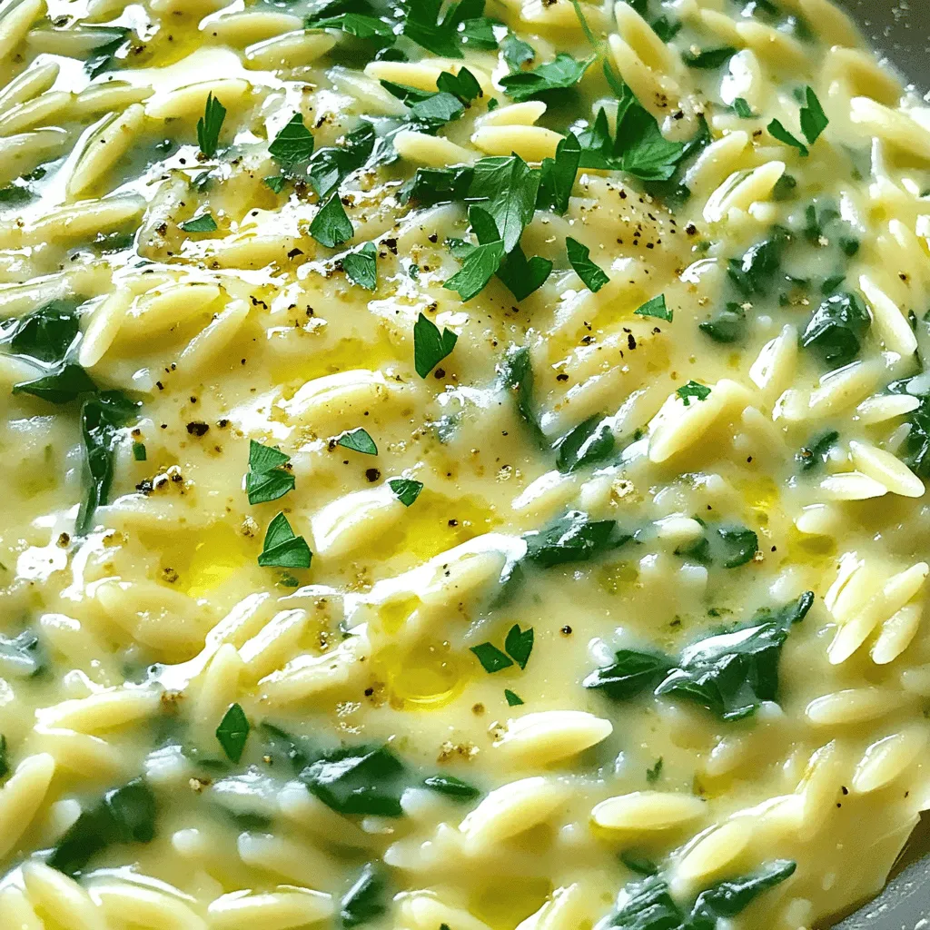 Here is what you need to make creamy garlic Parmesan spinach orzo: - 1 cup orzo pasta - 2 cups fresh spinach, coarsely chopped - 3 cloves garlic, finely minced - 1 cup heavy cream - 1 cup freshly grated Parmesan cheese - 2 tablespoons extra-virgin olive oil - Sea salt and freshly cracked black pepper to taste - 1/2 teaspoon red pepper flakes (optional for heat) - Fresh parsley, finely chopped (for garnish) These ingredients blend together to create a dish that is both creamy and flavorful. The orzo brings a lovely texture, while the spinach adds nutrition and a pop of color. Garlic gives the dish a warm, rich flavor. The heavy cream and Parmesan cheese come together to create a luscious sauce. You can adjust the seasoning with salt and pepper based on your taste. If you want some heat, add the red pepper flakes. Fresh parsley at the end adds a nice touch. It not only looks good but also adds freshness. Gather these ingredients, and you are ready to cook a dish that will impress everyone! To start, bring a large pot of salted water to a boil. This step is key for flavor. Once the water is bubbling, add the orzo pasta. Cook it according to the package instructions, usually 8-10 minutes. Aim for al dente, which means it should still have a slight bite. After cooking, drain the orzo in a colander and set it aside. Next, grab a spacious skillet and heat 2 tablespoons of extra-virgin olive oil over medium heat. When the oil shimmers, add 3 cloves of finely minced garlic. Sauté for about 1-2 minutes. You want the garlic fragrant, not brown. Now, add 2 cups of coarsely chopped spinach to the skillet. Cook it while stirring often until it wilts. This should take around 2-3 minutes. Once the spinach is soft, lower the heat. Slowly pour in 1 cup of heavy cream, stirring to mix well. Let it simmer for a couple of minutes. This helps the flavors blend together. Then, add 1 cup of freshly grated Parmesan cheese to your creamy sauce. Stir continuously until the cheese melts smoothly, creating a velvety texture. If the sauce is too thick, add a splash of reserved pasta water. This can help reach your desired creaminess. Now it’s time to bring it all together. Carefully fold the cooked orzo into the creamy sauce. Make sure each piece is well-coated. Now, season the dish with sea salt, freshly cracked black pepper, and red pepper flakes for a hint of heat, if you like. Enjoy this creamy garlic Parmesan spinach orzo warm, garnished with finely chopped fresh parsley for a pop of color. To get the right sauce consistency, aim for a smooth, velvety texture. Start with heavy cream. Heat it gently so it warms up without boiling. If the sauce is too thick, add a splash of reserved pasta water. This helps to loosen it up. For melting cheese, grate it fresh instead of using pre-grated cheese. Pre-grated cheese contains anti-caking agents that can make it harder to melt. Add the cheese slowly while stirring. This helps it blend in well and creates a creamy sauce. When sautéing garlic, keep the heat medium. If the garlic browns, it can turn bitter. Sauté it for about 1-2 minutes until it smells fragrant. Stir it often to prevent burning. To avoid overcooking spinach, add it last. Cook it just until it wilts, about 2-3 minutes. This keeps the bright green color and fresh taste. Pair this dish with grilled chicken or shrimp for protein. A light salad can also balance the richness. For presentation, serve the orzo in a shallow bowl. Top with fresh parsley for color. You can also sprinkle extra Parmesan on top for a cheesy finish. {{image_4}} You can play around with the orzo pasta. Other small pastas like ditalini or farfallini work well. They add a different shape and texture. For greens, try kale or Swiss chard. They offer a robust flavor. You can also add proteins. Cooked chicken, shrimp, or even chickpeas boost protein content. These swaps can turn the dish into a real meal. Herbs and spices can take this dish to the next level. Fresh basil, thyme, or oregano add a nice touch. For a kick, sprinkle in some red pepper flakes. It pairs well with the cream and cheese. You can also mix in sautéed bell peppers or mushrooms. These veggies add color and flavor. They make the dish even more exciting. To store leftovers, place the creamy garlic Parmesan spinach orzo in an airtight container. Keep it in the fridge for up to three days. When you’re ready to enjoy it again, reheat the orzo in a skillet over medium heat. Add a splash of cream or water to keep it creamy. Stir it often to warm it evenly. If you want to save it for later, you can freeze the dish. Use a freezer-safe container or bag. It will stay fresh for about two months. When you’re ready to eat it, take it out of the freezer and let it thaw in the fridge overnight. For reheating, warm it in a skillet or microwave, adding a little cream for that smooth texture. Yes, you can use other cheeses. Try using mozzarella for a mild flavor. Feta adds a tangy touch. Goat cheese will give a creamy texture. Each cheese changes the dish's taste. Feel free to mix and match for fun flavors. To make Creamy Garlic Parmesan Spinach Orzo vegan, swap heavy cream for coconut milk or cashew cream. Use nutritional yeast instead of Parmesan for a cheesy flavor. Choose vegan orzo pasta to keep it plant-based. This way, you enjoy a creamy dish without dairy. This dish pairs well with grilled chicken or shrimp for protein. A fresh salad adds crispness and color. Garlic bread complements the creamy flavors nicely. For a vegetarian option, serve it with roasted vegetables. These sides make your meal balanced and tasty. Yes, you can prepare this dish ahead. Cook the orzo and sauce separately. Store them in the fridge in airtight containers. When ready to serve, combine and heat gently. Add a splash of water if it’s too thick. Enjoy a quick, delicious meal! This blog post covers a tasty and creamy garlic Parmesan spinach orzo dish. We explored the simple ingredients, easy cooking steps, and helpful tips. I shared variations and storage methods to suit your needs. Remember, cooking is fun! Feel free to experiment with flavors and ingredients. Follow these steps for a delightful meal every time. Enjoy creating your own version of this dish!