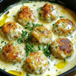 Gather these simple and fresh ingredients for your Skillet Creamy Garlic Herb Turkey Meatballs: - 1 pound ground turkey - 1/2 cup breadcrumbs - 1/4 cup grated Parmesan cheese - 1/4 cup fresh parsley, finely chopped - 2 cloves garlic, finely minced - 1 teaspoon dried oregano - 1 teaspoon onion powder - 1/2 teaspoon salt - 1/2 teaspoon black pepper - 1 tablespoon olive oil - 1 cup heavy cream - 1/2 cup chicken broth - 1 tablespoon fresh thyme leaves These ingredients blend together to create tasty meatballs. The ground turkey offers a lean protein base. The breadcrumbs help bind the meatballs while keeping them moist. Parmesan cheese adds flavor and richness. Fresh herbs like parsley and thyme bring bright notes to the dish. Garlic and oregano give it that delicious, savory kick. Keep everything prepped and ready. This will make cooking smooth and easy. Happy cooking! - Mixing Ground Ingredients In a large bowl, combine 1 pound of ground turkey, 1/2 cup breadcrumbs, 1/4 cup grated Parmesan cheese, 1/4 cup chopped parsley, 2 minced garlic cloves, 1 teaspoon oregano, 1 teaspoon onion powder, 1/2 teaspoon salt, and 1/2 teaspoon black pepper. Use your hands to mix these well. - Avoiding Overmixing Mix just until everything is combined. If you mix too much, the meatballs can become tough. Keep them tender and juicy. - Size and Forming Guidelines Take small amounts of mixture and roll them into 1-inch meatballs. Make sure they are round and evenly sized. Place them on a plate, keeping space between them so they don’t stick. - Browning Techniques Heat 1 tablespoon of olive oil in a large skillet over medium heat. Add meatballs in batches to avoid crowding. Cook for about 8-10 minutes, turning them often until they are brown on all sides. - Checking for Doneness Use a meat thermometer to check the temperature. The center of the meatballs should reach 165°F (74°C) to ensure they are fully cooked. - Combining Cream and Broth Once the meatballs are cooked, take them out and place them on a plate. In the same skillet, pour in 1 cup of heavy cream and 1/2 cup of chicken broth. Stir well to mix. - Scraping for Flavor As you stir, use a spatula to scrape any tasty bits stuck to the skillet. This adds great flavor to your sauce. - Simmering Instructions Add 1 tablespoon of fresh thyme leaves to the sauce. Let it simmer for 3-5 minutes. This helps thicken the sauce and infuses it with fresh herb flavors. - Flavor Enhancement The thyme adds a lovely taste, making the sauce richer and more aromatic. - Combining Meatballs and Sauce Gently return the meatballs to the skillet. Make sure they are well-coated in the creamy sauce. Cook together for an additional 2-3 minutes to let the flavors mix. - Serving Recommendations Taste the sauce and adjust with more salt or pepper if needed. Serve the meatballs hot over creamy mashed potatoes or fluffy rice. Garnish with extra parsley or thyme for a nice touch. Enjoy! Keeping Meatballs Moist To keep your meatballs moist, do not overmix the turkey. Mix just until combined. This keeps them tender and juicy. Use fresh breadcrumbs to add moisture too. They soak up flavors and help hold the meatballs together. Suggested Bindings Breadcrumbs help bind the meatballs. You can also use oats or crushed crackers. For gluten-free options, use almond flour or gluten-free breadcrumbs. Optional Seasonings You can add a pinch of red pepper flakes for a kick. A dash of lemon juice brightens the sauce. For a richer flavor, try adding a splash of white wine. Ingredient Variations Feel free to swap out the heavy cream for coconut milk for a lighter sauce. You can also use vegetable broth if you want a vegetarian version. Serving Suggestions Serve these meatballs over creamy mashed potatoes or pasta. They also pair well with rice or quinoa. For a lighter meal, try serving them with a fresh salad. Garnishing Techniques Garnish with extra chopped parsley or thyme for color. A sprinkle of grated Parmesan cheese adds a nice touch. Drizzle a bit of the creamy sauce on top for a beautiful finish. {{image_4}} Alternative Proteins You can swap ground turkey for other meats. Ground chicken works well. If you want beef, use lean ground beef. For a lighter option, try ground chicken breast. These swaps keep the dish tasty but change the flavor. You can also use plant-based meat for a vegetarian dish. Gluten-Free Options To make this dish gluten-free, use gluten-free breadcrumbs. You can find them in most stores. You can also make your own with gluten-free bread. This way, you keep the meatballs tender and flavorful. Spicy Version Suggestions If you want a kick, add red pepper flakes. Start with a pinch and taste. You can also use spicy sausage instead of turkey. This change will give the meatballs a bold flavor. Another option is to mix in jalapeños for extra heat. Substituting Fresh Herbs Fresh herbs add great taste, but dried herbs work too. You can use dried thyme or oregano instead of fresh. Just remember, dried herbs have a stronger taste. Use less than the fresh amount. You can also try basil or rosemary for a different flavor. Best Side Dishes These meatballs pair well with many sides. Creamy mashed potatoes are a classic choice. You can also serve them over rice or pasta. For a lighter option, a fresh salad is great. Roasted veggies also add a nice touch. Meal Pairing Ideas For a complete meal, serve these meatballs with garlic bread. A glass of white wine can enhance the meal. You can also add a light dessert, like sorbet, to finish. This way, you create a balanced and satisfying dining experience. - Refrigeration Tips: Store the meatballs in an airtight container. This keeps them fresh and safe. Make sure to let them cool before sealing the container. - Duration for Freshness: Leftover meatballs last about 3 to 4 days in the fridge. Be sure to check for any signs of spoilage before eating. - How to Freeze Properly: For long-term storage, place the cooled meatballs in a single layer on a baking sheet. Freeze them until firm, then transfer them to a freezer-safe bag. Remove as much air as you can before sealing. - Thawing and Reheating Guidelines: To thaw, place the meatballs in the fridge overnight. For reheating, you can use the microwave, or heat them in a skillet over low heat. Add a splash of chicken broth to keep them moist. Cook until warmed through, about 5 to 7 minutes. To ensure your turkey meatballs are safe to eat, check their internal temperature. Use a meat thermometer to confirm they reach 165°F (74°C). This is key to avoid foodborne illness. If you do not have a thermometer, cut one open. The meat should be white and no longer pink. Yes, you can prepare the meatballs ahead of time. Make the meatball mixture and shape them into balls. Place them on a tray and freeze for up to two hours. After, transfer them to a sealed bag. You can store them in the fridge for up to 24 hours before cooking. Many sides pair well with these meatballs. Here are some tasty options: - Creamy mashed potatoes - Fluffy rice - Steamed veggies - Garlic bread - A fresh garden salad To make this dish dairy-free, swap the heavy cream for coconut milk or cashew cream. For cheese, try nutritional yeast or a dairy-free cheese. These swaps will still give you a rich flavor without dairy. Reheat leftovers gently on the stove. Place the meatballs in a pan over low heat. Add a splash of chicken broth or water to keep them moist. Stir often until heated through. You can also microwave them in a covered dish on medium power. In this article, we covered how to make Skillet Creamy Garlic Herb Turkey Meatballs. We explored key ingredients for flavor and texture, from ground turkey to fresh herbs. I shared step-by-step instructions for mixing, shaping, and cooking these meatballs. You also learned tips for storage and tasty variations. Remember, practice makes perfect. Experiment with flavors and enjoy your meals. Cooking should be fun and rewarding!