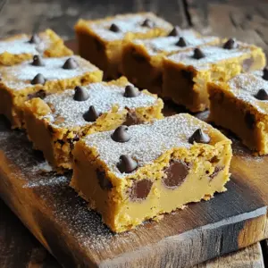 - 1 cup canned pumpkin puree - 1/2 cup brown sugar, packed - 1/2 cup granulated sugar - 1/2 cup unsalted butter, melted and cooled slightly - 1 teaspoon pure vanilla extract - 2 large eggs, at room temperature - 1 1/2 cups all-purpose flour - 1 teaspoon baking powder - 1/2 teaspoon baking soda - 1/2 teaspoon fine sea salt - 1 teaspoon ground cinnamon - 1/2 teaspoon ground nutmeg - 1 cup semi-sweet chocolate chips Canned pumpkin puree is key for a moist texture. Use unsalted butter for better control over salt. Pure vanilla extract elevates the flavor. Always use fresh eggs at room temp; they mix better. For the flour, all-purpose works best. Fresh spices give a warm taste. Use fine sea salt for even flavor. Semi-sweet chocolate chips provide a sweet contrast to the pumpkin. These simple choices create a rich, tasty treat. 1. Preheat your oven to 350°F (175°C). 2. Grease a 9x9 inch baking pan with butter or spray. You can also line it with parchment paper. Leave some paper hanging over the sides. This helps you lift the blondies out later. 3. In a large bowl, mix the melted butter, brown sugar, and granulated sugar. Whisk until the mix is smooth. Make sure there are no lumps left. 4. Add the canned pumpkin and vanilla extract. Stir until it looks silky and smooth. 5. Crack the eggs into the bowl, one at a time. Mix well before adding the next egg. 1. In a separate bowl, whisk together flour, baking powder, baking soda, sea salt, cinnamon, and nutmeg. Mix until all the dry ingredients are blended well. 2. Gently fold the dry mix into the wet mixture. Stop mixing as soon as you see no more flour streaks. It is okay if there are a few small lumps. 3. Now stir in the chocolate chips, making sure they spread throughout the batter. 4. Pour the batter into the prepared pan. Use a spatula to spread it out evenly. 5. Bake in the oven for 25-30 minutes. To check if they are done, insert a toothpick into the center. It should come out clean or with a few moist crumbs. 1. After baking, take the pan out of the oven. Let the blondies cool in the pan for about 10 minutes. 2. Carefully move them to a wire rack. Let them cool completely before cutting. 3. For cutting, use a sharp knife. This helps you make neat squares. Enjoy your blondies as they are, or dust with powdered sugar. For a treat, serve warm with ice cream! To make your pumpkin chocolate chip blondies perfect, watch out for common issues. One common mistake is overmixing the batter. This can make your blondies tough instead of soft. Mix the dry and wet ingredients until just combined. A few flour streaks are okay. Another pitfall is baking time. Each oven is different. Start checking at 25 minutes. Insert a toothpick into the center. If it comes out clean or with a few moist crumbs, they are done. Let them cool before cutting for the best texture. You can boost the flavor and texture of your blondies with fun add-ins. Consider adding chopped nuts like walnuts or pecans for some crunch. You can also add a pinch of ginger or cloves for a spicier kick. If you want a fudgier blondie, reduce the flour by a few tablespoons. For a cakier texture, add a little more flour. You can also try using dark chocolate chips instead of semi-sweet for a richer taste. Experiment to find your favorite mix! {{image_4}} You can switch up the chocolate in this recipe. Use dark chocolate chips for a richer flavor. If you prefer a sweeter taste, try white chocolate chips. You can also mix different types for fun. Adding almond extract brings a lovely nutty taste. Just a teaspoon can enhance the flavor profile. Feel free to experiment with other extracts like maple or hazelnut. If you need a gluten-free option, use almond flour or coconut flour. Both can work well in this recipe. Just remember to adjust the amount; you may need less than all-purpose flour. For vegan blondies, replace the eggs with flaxseed meal mixed with water. Use melted coconut oil or vegan butter instead of regular butter. These swaps keep the blondies just as tasty! To keep your pumpkin chocolate chip blondies fresh, store them in an airtight container. This helps retain their moistness and flavor. You can place parchment paper between layers to prevent sticking. For longer storage, freezing is a great option. Wrap each blondie tightly in plastic wrap, then place them in a freezer bag. This prevents freezer burn and keeps them tasty. When you're ready to enjoy them, thaw at room temperature for a few hours or microwave for a few seconds. At room temperature, these blondies stay fresh for up to four days. If you keep them in the fridge, they can last about a week. The cold can make them firmer, so you may want to warm them slightly before serving. For the best flavor, enjoy them fresh. Can I use fresh pumpkin instead of canned? Yes, you can use fresh pumpkin. Make sure to cook and puree it well. Fresh pumpkin adds a nice taste. Just remember that it may have more moisture. Adjust flour if needed. What should I do if the batter is too thick? If your batter is too thick, add a splash of milk. This helps loosen it up. Mix well to combine. The batter should be thick but spreadable. Can I make these blondies ahead of time? Yes, you can make these blondies ahead of time. Bake them, then let them cool. Store them in an airtight container. They stay fresh for a few days. What's the best way to cut blondies? To cut blondies, use a sharp knife. Make sure they are cool first. Clean the knife between cuts for neat squares. This gives a nice look for serving. How can I tell when they are done baking? Check for doneness with a toothpick. Insert it into the center. If it comes out clean or with few moist crumbs, they are ready. Be careful not to overbake, or they can dry out. In this guide, we covered all you need to know about making pumpkin chocolate chip blondies. I shared key ingredients, step-by-step instructions, and tips for success. You learned about variations, storage tips, and FAQs. Baking blondies can be fun and rewarding. Experiment with flavors, and enjoy your tasty treats! With these tips, you can make the perfect batch every time. Happy baking!