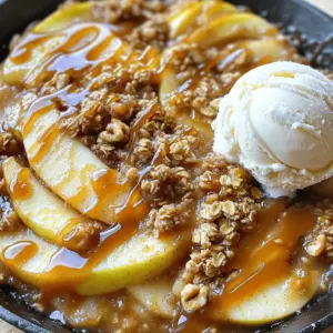 - 4 large apples, peeled, cored, and sliced into thin wedges - 1 tablespoon lemon juice - 1 teaspoon ground cinnamon - ½ cup packed brown sugar - 1 tablespoon all-purpose flour - 1 cup rolled oats - ½ cup all-purpose flour - ½ cup cold unsalted butter, cubed into small pieces - 1 teaspoon pure vanilla extract - ½ cup chopped walnuts (optional) - ½ cup caramel sauce - Ice cream for serving (optional) To make this skillet caramel apple crisp, you need fresh apples. I like to use large, firm apples. You want apples that will hold their shape when baked. Next, the dry ingredients and spices add flavor. Ground cinnamon gives warmth, while brown sugar adds sweetness. For the topping, rolled oats create a chewy texture. Flour makes it crispy. Cold butter binds everything together. If you want crunch, add walnuts. Finally, caramel sauce brings a rich sweetness. Ice cream pairs perfectly for a warm dessert. Gather these ingredients, and you are on your way to a delicious treat! Preheating your oven to 350°F (175°C) is key. A hot oven helps the crisp bake evenly. This step ensures the topping turns golden and the apples bubble nicely. While the oven heats, you can prep the apples. In a large bowl, mix the sliced apples with lemon juice, ground cinnamon, brown sugar, and flour. Toss gently so the apples get coated well. Let this mixture sit for about 10 minutes. This wait time helps the apples soften and absorb flavor. Heat a large, oven-safe skillet on medium heat. Pour in the apple mixture. Cook for about 5-7 minutes, stirring often. The apples should start to soften but still hold some crunch. Once they’re tender, take the skillet off the heat. In a separate bowl, mix rolled oats, flour, brown sugar, and cold butter cubes. Use your fingers or a pastry cutter to combine until it looks like coarse crumbs. If you like, stir in chopped walnuts for added crunch. Spread the warm apple mixture evenly in the skillet. Then, sprinkle the oat topping generously over the apples. Make sure the topping covers all the apples for even baking. Carefully move the skillet to the preheated oven. Bake for 25-30 minutes. Look for a golden brown topping and bubbling apples around the edges. This means your dish is ready. As soon as you take the skillet out, drizzle caramel sauce over the hot crisp. Timing is important here. Let it cool slightly for the flavors to mix well. Scoop generous portions into bowls. For a fun twist, add a scoop of ice cream on top. The warm crisp and cold ice cream create a delightful contrast. You can also garnish with extra cinnamon or walnuts for a pretty finish. When it comes to making a great apple crisp, the type of apples you choose matters. I like using a mix of sweet and tart apples. Some good choices include: - Granny Smith: tart and holds shape well - Honeycrisp: sweet and juicy - Fuji: crisp and slightly sweet Make sure the apples are ripe. A ripe apple has a nice color and feels firm but not hard. If they are too soft, they may turn mushy in the oven. The topping is key to a delicious apple crisp. You can add flavor in many ways. Here are some ideas: - Add spices like nutmeg or allspice for warmth. - Mix in some brown sugar for extra sweetness. - Use different nuts, like pecans or almonds, instead of walnuts. If you have dietary needs, you can make swaps. Use coconut oil instead of butter for a dairy-free option. You can also use gluten-free oats and flours to keep it gluten-free. To make your caramel apple crisp even better, serve it with ice cream. The cold ice cream melts into the warm crisp, creating a great mix. Here are some other ideas for serving: - Top with whipped cream for extra richness. - Serve with a side of caramel sauce for dipping. - Pair with a hot drink, like cider or coffee, for a cozy touch. {{image_4}} You can make this dish gluten-free easily. Swap the all-purpose flour for almond flour or oat flour. These flours work well and keep the crisp texture. You can also use certified gluten-free oats for the topping. When mixing the apple ingredients, ensure all items are gluten-free. This way, everyone can enjoy the dish. Want to make this recipe vegan? Replace the butter with coconut oil or vegan butter. Both options will keep it rich and tasty. You can also use maple syrup instead of brown sugar for sweetness. This keeps the dish sweet while adding a hint of flavor. Use non-dairy ice cream for serving if desired, ensuring everyone can enjoy a scoop. If you have nut allergies, just skip the walnuts. You can add sunflower seeds or pumpkin seeds instead. They provide crunch without the nut allergy risk. For the topping, using rolled oats alone offers a nice texture. This way, everyone can enjoy the sweet, caramel goodness without worry. To keep your skillet caramel apple crisp fresh, place it in an airtight container. Use a glass or plastic container with a tight lid. This helps prevent air from getting in and keeps it tasty. It's best to store it in the fridge. Make sure it cools down first before sealing it up. This way, it won’t create steam inside the container. When you want to enjoy your leftovers, you can reheat them in the oven. Preheat the oven to 350°F (175°C). Place the crisp in an oven-safe dish and cover it with foil. Heat for about 15-20 minutes until warm. This method keeps the topping crunchy. You can also use a microwave, but it may soften the crisp. Heat it in short bursts of 30 seconds until hot. To freeze your caramel apple crisp, let it cool completely. Then, place it in a freezer-safe container. You can also wrap it tightly in plastic wrap, then aluminum foil. This helps protect it from freezer burn. It will last for up to three months in the freezer. When you're ready to eat it, move it to the fridge to thaw overnight. After thawing, reheat in the oven for the best texture. Yes, you can use other fruits. Pears, peaches, or berries work well. Just keep the amount the same, about four cups total. Adjust the sugar based on the fruit's sweetness. Skillet caramel apple crisp lasts about three to five days in the fridge. Look for signs like a sour smell or mold. If it smells off or looks strange, toss it out. You can make the apple mixture a day ahead. Store it in the fridge. For the topping, keep it in a separate container. When ready, just bake it fresh. An oven-safe skillet is best. Cast iron or stainless steel works great. Avoid non-stick skillets for high heat. Always check if the handle can go in the oven. This blog post covered how to make a delicious caramel apple crisp from scratch. We explored key ingredients, step-by-step instructions, and handy tips. Whether you're looking for a gluten-free version or ways to serve it, you now have the tools to create this treat at home. Remember, the right apples and topping make all the difference. Enjoy every bite, and share it with friends and family for the best experience. Dive into this recipe, and let your kitchen fill with warm, sweet scents!