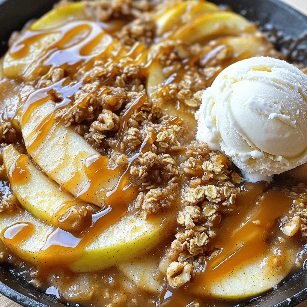 - 4 large apples, peeled, cored, and sliced into thin wedges - 1 tablespoon lemon juice - 1 teaspoon ground cinnamon - ½ cup packed brown sugar - 1 tablespoon all-purpose flour - 1 cup rolled oats - ½ cup all-purpose flour - ½ cup cold unsalted butter, cubed into small pieces - 1 teaspoon pure vanilla extract - ½ cup chopped walnuts (optional) - ½ cup caramel sauce - Ice cream for serving (optional) To make this skillet caramel apple crisp, you need fresh apples. I like to use large, firm apples. You want apples that will hold their shape when baked. Next, the dry ingredients and spices add flavor. Ground cinnamon gives warmth, while brown sugar adds sweetness. For the topping, rolled oats create a chewy texture. Flour makes it crispy. Cold butter binds everything together. If you want crunch, add walnuts. Finally, caramel sauce brings a rich sweetness. Ice cream pairs perfectly for a warm dessert. Gather these ingredients, and you are on your way to a delicious treat! Preheating your oven to 350°F (175°C) is key. A hot oven helps the crisp bake evenly. This step ensures the topping turns golden and the apples bubble nicely. While the oven heats, you can prep the apples. In a large bowl, mix the sliced apples with lemon juice, ground cinnamon, brown sugar, and flour. Toss gently so the apples get coated well. Let this mixture sit for about 10 minutes. This wait time helps the apples soften and absorb flavor. Heat a large, oven-safe skillet on medium heat. Pour in the apple mixture. Cook for about 5-7 minutes, stirring often. The apples should start to soften but still hold some crunch. Once they’re tender, take the skillet off the heat. In a separate bowl, mix rolled oats, flour, brown sugar, and cold butter cubes. Use your fingers or a pastry cutter to combine until it looks like coarse crumbs. If you like, stir in chopped walnuts for added crunch. Spread the warm apple mixture evenly in the skillet. Then, sprinkle the oat topping generously over the apples. Make sure the topping covers all the apples for even baking. Carefully move the skillet to the preheated oven. Bake for 25-30 minutes. Look for a golden brown topping and bubbling apples around the edges. This means your dish is ready. As soon as you take the skillet out, drizzle caramel sauce over the hot crisp. Timing is important here. Let it cool slightly for the flavors to mix well. Scoop generous portions into bowls. For a fun twist, add a scoop of ice cream on top. The warm crisp and cold ice cream create a delightful contrast. You can also garnish with extra cinnamon or walnuts for a pretty finish. When it comes to making a great apple crisp, the type of apples you choose matters. I like using a mix of sweet and tart apples. Some good choices include: - Granny Smith: tart and holds shape well - Honeycrisp: sweet and juicy - Fuji: crisp and slightly sweet Make sure the apples are ripe. A ripe apple has a nice color and feels firm but not hard. If they are too soft, they may turn mushy in the oven. The topping is key to a delicious apple crisp. You can add flavor in many ways. Here are some ideas: - Add spices like nutmeg or allspice for warmth. - Mix in some brown sugar for extra sweetness. - Use different nuts, like pecans or almonds, instead of walnuts. If you have dietary needs, you can make swaps. Use coconut oil instead of butter for a dairy-free option. You can also use gluten-free oats and flours to keep it gluten-free. To make your caramel apple crisp even better, serve it with ice cream. The cold ice cream melts into the warm crisp, creating a great mix. Here are some other ideas for serving: - Top with whipped cream for extra richness. - Serve with a side of caramel sauce for dipping. - Pair with a hot drink, like cider or coffee, for a cozy touch. {{image_4}} You can make this dish gluten-free easily. Swap the all-purpose flour for almond flour or oat flour. These flours work well and keep the crisp texture. You can also use certified gluten-free oats for the topping. When mixing the apple ingredients, ensure all items are gluten-free. This way, everyone can enjoy the dish. Want to make this recipe vegan? Replace the butter with coconut oil or vegan butter. Both options will keep it rich and tasty. You can also use maple syrup instead of brown sugar for sweetness. This keeps the dish sweet while adding a hint of flavor. Use non-dairy ice cream for serving if desired, ensuring everyone can enjoy a scoop. If you have nut allergies, just skip the walnuts. You can add sunflower seeds or pumpkin seeds instead. They provide crunch without the nut allergy risk. For the topping, using rolled oats alone offers a nice texture. This way, everyone can enjoy the sweet, caramel goodness without worry. To keep your skillet caramel apple crisp fresh, place it in an airtight container. Use a glass or plastic container with a tight lid. This helps prevent air from getting in and keeps it tasty. It's best to store it in the fridge. Make sure it cools down first before sealing it up. This way, it won’t create steam inside the container. When you want to enjoy your leftovers, you can reheat them in the oven. Preheat the oven to 350°F (175°C). Place the crisp in an oven-safe dish and cover it with foil. Heat for about 15-20 minutes until warm. This method keeps the topping crunchy. You can also use a microwave, but it may soften the crisp. Heat it in short bursts of 30 seconds until hot. To freeze your caramel apple crisp, let it cool completely. Then, place it in a freezer-safe container. You can also wrap it tightly in plastic wrap, then aluminum foil. This helps protect it from freezer burn. It will last for up to three months in the freezer. When you're ready to eat it, move it to the fridge to thaw overnight. After thawing, reheat in the oven for the best texture. Yes, you can use other fruits. Pears, peaches, or berries work well. Just keep the amount the same, about four cups total. Adjust the sugar based on the fruit's sweetness. Skillet caramel apple crisp lasts about three to five days in the fridge. Look for signs like a sour smell or mold. If it smells off or looks strange, toss it out. You can make the apple mixture a day ahead. Store it in the fridge. For the topping, keep it in a separate container. When ready, just bake it fresh. An oven-safe skillet is best. Cast iron or stainless steel works great. Avoid non-stick skillets for high heat. Always check if the handle can go in the oven. This blog post covered how to make a delicious caramel apple crisp from scratch. We explored key ingredients, step-by-step instructions, and handy tips. Whether you're looking for a gluten-free version or ways to serve it, you now have the tools to create this treat at home. Remember, the right apples and topping make all the difference. Enjoy every bite, and share it with friends and family for the best experience. Dive into this recipe, and let your kitchen fill with warm, sweet scents!