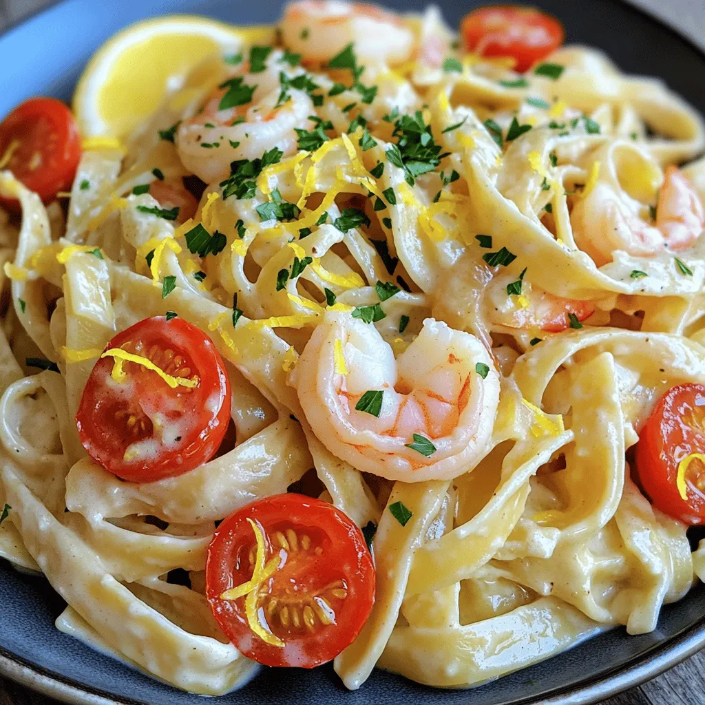 - 8 oz fettuccine pasta - 1 lb large shrimp, peeled and deveined - 4 tablespoons unsalted butter, divided - 4 cloves garlic, minced The main ingredients set the stage for this dish. Fettuccine pasta gives a nice base. Large shrimp adds protein and a sweet, briny flavor. Butter creates a rich sauce, and garlic gives it that aromatic kick. - 1 cup heavy cream - 1 cup grated Parmesan cheese - 1 cup cherry tomatoes, halved - 1 teaspoon red pepper flakes (optional) Heavy cream makes the sauce creamy and luscious. Grated Parmesan adds depth and saltiness. Cherry tomatoes bring a burst of freshness, while red pepper flakes can add a touch of heat if you like spice. - Salt and pepper - Fresh parsley, chopped (for garnish) - Zest of 1 lemon Seasoning is key to bringing out flavors. Salt and pepper enhance every bite. Fresh parsley adds color and freshness. Lemon zest brightens the dish with a tangy finish. Start by boiling salted water in a large pot. It should reach a rolling boil. Add 8 ounces of fettuccine pasta and cook it for about 8-10 minutes. Aim for al dente texture, which means it should be firm but cooked through. Before you drain the pasta, remember to reserve 1 cup of the pasta water. This water is starchy and helps the sauce stick later. After reserving the water, drain the pasta and set it aside. In a large skillet, heat 2 tablespoons of unsalted butter over medium heat. Once the butter melts, add 1 pound of large shrimp. Season the shrimp with salt and black pepper. If you like some heat, add red pepper flakes too. Cook the shrimp for about 3-4 minutes. They should turn pink and opaque when done. Once cooked, remove them from the skillet and set them aside on a plate. In the same skillet, add the remaining 2 tablespoons of butter. Allow it to melt, then add 4 minced garlic cloves. Sauté the garlic for about 1 minute. This step is vital because it releases the garlic's flavor. Be careful not to burn it; otherwise, it can taste bitter. After the garlic is fragrant, gradually pour in 1 cup of heavy cream. Bring the mixture to a gentle simmer. Stir in 1 cup of grated Parmesan cheese slowly. This will create a rich, creamy sauce. If it seems too thick, add the reserved pasta water a little at a time until you reach your desired consistency. Now it's time to bring it all together. Add the drained fettuccine, sautéed shrimp, and 1 cup of halved cherry tomatoes to the creamy sauce. Toss everything gently, ensuring that the pasta and shrimp are well-coated in the sauce. Taste it and adjust the flavors with more salt, pepper, or lemon zest if needed. For serving, transfer the pasta to plates or bowls. You can use tongs for a nice, twirled presentation. Sprinkle freshly chopped parsley on top for color. This not only adds a touch of green but also boosts the flavor. Enjoy your Creamy Garlic Butter Shrimp Pasta! To get the right creaminess in your sauce, add the heavy cream slowly. This helps you control the thickness. If it’s too thick, just add a little pasta water until it’s perfect. Be careful when cooking garlic. It can burn quickly. Sauté it for only one minute until it smells good. If it burns, the sauce will taste bitter. You want your shrimp to turn pink and opaque. This shows they are done. If they curl tightly, they may be overcooked. I recommend using large shrimp. They hold up well in the sauce and pasta. You can also use shrimp that are fresh or frozen. Just make sure to thaw frozen shrimp before cooking. To stop your pasta from sticking, stir it well while it cooks. Add a bit of olive oil to the water if you like. For al dente pasta, cook it just until it’s firm. Follow the package instructions closely. Taste a piece to check if it’s just right. This gives your dish the best texture. {{image_4}} You can make this dish even better by changing a few ingredients. If you're gluten-free, try using rice noodles or gluten-free pasta. They work great and taste fantastic! For a dairy-free option, use coconut cream or nut-based cream. Both will keep your pasta creamy and flavorful. Want to add more color and taste? Toss in some fresh veggies. Spinach, bell peppers, or zucchini work well. They boost nutrition and flavor. If you like it spicy, add more red pepper flakes. You can also try a dash of cayenne for an extra kick. If shrimp isn't your thing, you can swap it for chicken or crab. Chicken cooks quickly and adds great taste. Crab gives a sweet flavor that pairs well with the sauce. For a vegetarian option, use chickpeas or tofu. Both will soak up the creamy sauce and make your meal filling. To store leftovers, let the pasta cool first. Place it in an airtight container. This helps keep it fresh. Store it in the fridge for up to three days. Always check for any signs of spoilage before eating. You can freeze Creamy Garlic Butter Shrimp Pasta. To do this, place it in a freezer-safe container. Make sure to leave some space at the top for expansion. It can last for about two months in the freezer. For reheating, thaw it overnight in the fridge. Then, heat it gently on the stove. Add a splash of cream or reserved pasta water to restore its creamy texture. Stir often to prevent burning. Enjoy your delicious meal again! Creamy Garlic Butter Shrimp Pasta lasts about 3 days in the fridge. Store it in an airtight container. This keeps the pasta fresh and safe to eat later. When you’re ready to enjoy it, just reheat on the stove or in the microwave. Yes, you can use frozen shrimp. Just make sure to thaw them first. Place shrimp in the fridge overnight or run them under cold water for a quick thaw. This way, the shrimp cooks evenly and tastes great in the dish. You can serve this pasta with garlic bread or a fresh salad. Both pair nicely with the creamy sauce. A side of steamed broccoli or asparagus adds a healthy touch. These options balance the meal and add more flavor. Yes, this recipe is great for meal prep. It stores well in the fridge and is easy to reheat. Just prepare a batch at the start of the week. You’ll have tasty meals ready to go for busy days. To add spice, increase the red pepper flakes. You can also add sliced jalapeños or a dash of hot sauce. These changes boost the heat without changing the dish's flavor. Adjust to your taste for the perfect kick! Creamy Garlic Butter Shrimp Pasta is a simple, tasty dish. You learned about the key ingredients, how to cook each element, and tips for great results. Remember to focus on the sauce and shrimp doneness for the best flavor. Try different proteins or veggies to keep it fresh. With proper storage, leftovers stay tasty too. Enjoy making this dish anytime! It’s a fun and rewarding meal you can quickly master.