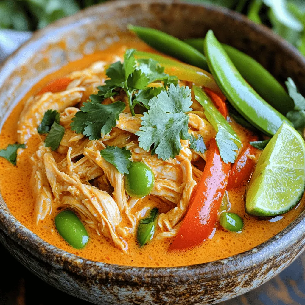 - 2 lbs boneless, skinless chicken thighs - 13.5 oz can of coconut milk - 2 tablespoons red curry paste - 1 tablespoon fish sauce - 1 tablespoon brown sugar - 1 medium onion, finely chopped - 4 cloves garlic, minced - 1 tablespoon fresh ginger, grated - 1 bell pepper, sliced - 1 cup snap peas or green beans - 1 cup low-sodium chicken broth - Juice of 1 fresh lime - Fresh cilantro for garnish - Salt and pepper to taste I love using boneless, skinless chicken thighs for this dish. They stay juicy and tender. Coconut milk adds a rich, creamy texture that blends perfectly with the curry paste. I usually go for red curry paste, but feel free to choose your favorite. Fish sauce adds depth, while brown sugar balances the heat. Onions, garlic, and ginger create a fragrant base. I recommend using a bell pepper. Choose any color you enjoy! Snap peas or green beans add a nice crunch, while chicken broth keeps everything moist. A squeeze of lime brightens the flavor. Lastly, fresh cilantro gives a burst of freshness on top. Gather these ingredients, and you’re ready to make a delicious meal that warms the soul! 1. In a large slow cooker, start by adding the coconut milk. 2. Next, scoop in the red curry paste. 3. Pour in the fish sauce and brown sugar. 4. Add the chicken broth and whisk until mixed well. 5. Now, chop your onion and add it to the pot. 6. Mince the garlic and mix it in. 7. Grate the ginger and toss it into the mixture. 8. Finally, slice your bell pepper and add that too. 1. Place the chicken thighs into the slow cooker. 2. Season with salt and pepper to taste. 3. Cover the slow cooker. 4. Cook on Low for 6-8 hours or High for 3-4 hours. 1. About 30 minutes before serving, add the snap peas or green beans. 2. Remove the chicken and shred it with two forks. 3. Return the shredded chicken to the curry. 4. Squeeze the lime juice into the pot and mix well. - Best chicken cuts for slow cooking: I recommend using boneless, skinless chicken thighs. They stay moist and tender during cooking. Chicken breasts can dry out, making thighs a better choice for this dish. - How to achieve optimal flavor balance: Combine coconut milk and red curry paste well. This mix creates a rich base. Adding lime juice at the end brightens the flavors and adds a fresh taste. - Suggested spices and herbs: Apart from the red curry paste, consider adding fresh basil or cilantro for extra freshness. A dash of turmeric can enhance color and health benefits. - Adjusting spice levels: If you prefer a milder curry, start with less red curry paste. You can always add more later. For heat, add chopped chili peppers or a pinch of cayenne. - Best side dishes to pair: Jasmine rice is perfect. Quinoa offers a healthy twist. Both soak up the delicious sauce well. - Garnishing ideas for presentation: Fresh cilantro adds color and flavor. Thin lime wedges on the side look nice and add a pop of freshness. Consider adding sliced red chili for a touch of heat and color. {{image_4}} You can swap chicken for shrimp or tofu in this curry. Shrimp cooks fast, so add it in the last 30 minutes. Tofu gives a nice texture and absorbs flavors well. For beef or pork, use cuts like flank steak or tenderloin. These meats cook well in a slow cooker and add rich flavors. If you need dairy-free options, the coconut milk works great alone. You can also try unsweetened almond milk, but it changes the taste a bit. For seasonal vegetables, think about adding zucchini or carrots. These veggies add color and crunch. If you want to try an Instant Pot, use the sauté function first. Brown the chicken and cook the onion and garlic until soft. Then, add all the other ingredients. Cook on high pressure for about 10 minutes. If you prefer stovetop cooking, use a heavy pot. Simmer everything gently for about 30-40 minutes until the chicken is tender. This method gives you a delicious, rich flavor, too. To store leftovers, let the curry cool first. Then, place it in an airtight container. This keeps it fresh and tasty. The curry lasts about 3 to 4 days in the fridge. If you want to keep it longer, consider freezing it. For long-term storage, freeze the curry in portions. Use freezer-safe containers or heavy-duty bags. Label them with the date. This way, you know when to use them. To reheat, thaw in the fridge overnight. Then, heat on the stove or microwave until hot. Stir well to mix the flavors. You can repurpose leftover curry in fun ways. Try using it as a filling for wraps or tacos. It also works great as a topping for baked potatoes. You can mix it into rice or quinoa for a new dish. Get creative and enjoy the flavors again! Can I use frozen chicken thighs? Yes, you can use frozen chicken thighs. Just add an extra hour of cooking time. Make sure they cook all the way through. The slow cooker makes this easy and safe. What can I substitute for fish sauce? If you need a substitute for fish sauce, try soy sauce. You can also use a mix of soy sauce and lime juice. This will give you a similar salty and tangy flavor. How long does it take to cook on Low vs. High? Cooking on Low takes about 6 to 8 hours. If you choose High, it will take 3 to 4 hours. The chicken will be tender and full of flavor either way. What’s the best temperature setting for the slow cooker? The best setting depends on your time. Use Low for a longer cook time that enhances flavors. Use High for a quicker meal without losing taste. Is this dish suitable for gluten-free diets? Yes, this dish is gluten-free. Just ensure that the fish sauce you use is gluten-free. Most brands have gluten-free options. How to make it healthier with reduced sugar? To cut down on sugar, reduce the brown sugar. You can also skip it altogether. The coconut milk and lime juice add natural sweetness. This blog post guided you through making a rich and tasty chicken curry. You learned about simple ingredients, easy steps, and helpful tips. Whether you choose chicken thighs, shrimp, or tofu, there are many ways to enjoy this dish. Remember to store leftovers properly and try out variations for fun. Making incredible meals at home can be simple and rewarding. Enjoy your culinary adventure!