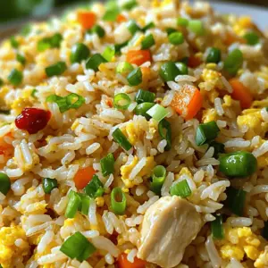 - 2 cups cooked jasmine rice - 1 pound chicken breast, diced - 4 cloves garlic, minced - 1 small onion, finely chopped - 1 cup mixed vegetables - 2-3 tablespoons soy sauce - 1 teaspoon sriracha sauce - 2 large eggs, lightly beaten - Salt and pepper to taste The main ingredients for this dish include cooked jasmine rice, diced chicken, and minced garlic. Using jasmine rice gives the fried rice a lovely aroma and a fluffy texture. The chicken provides protein, making it a filling meal. Garlic adds a strong, savory flavor. Next, we have additional ingredients. They include finely chopped onion, mixed vegetables, and soy sauce. The onion brings sweetness and depth. Mixed vegetables add color and nutrition. Soy sauce gives a salty, umami flavor that ties everything together. Lastly, we have the seasonings and garnish. Sriracha adds heat, while eggs contribute creaminess and richness. Salt and pepper enhance all the flavors. Together, these ingredients create a vibrant and tasty dish. - Heat 1 tablespoon of vegetable oil in a large skillet over medium-high heat. - Add 1 pound of diced chicken breast and season with salt and pepper. - Cook the chicken for 5 to 7 minutes until it turns golden brown and is no longer pink. - Remove the chicken from the skillet and set it aside on a plate. - In the same skillet, add another tablespoon of vegetable oil. - Add 1 small finely chopped onion and 4 minced garlic cloves. - Sauté for about 2 minutes until the onion is translucent and the garlic smells great. - Be careful not to let the garlic brown too much. - Stir in 1 cup of mixed vegetables to the skillet. - Cook for 2 to 3 minutes until they are heated through and slightly tender. - Push the vegetable mix to one side and add the last tablespoon of oil. - Pour in 2 lightly beaten eggs and let them cook for a moment. - Scramble the eggs until fully cooked, then mix with the vegetables. - Add 2 cups of cooked jasmine rice to the skillet, along with the chicken. - Pour in 2 to 3 tablespoons of soy sauce and 1 teaspoon of sriracha. - Toss everything together for 3 to 4 minutes until well combined and heated through. - Taste the fried rice and adjust with more salt, pepper, or sriracha for extra heat. - Before serving, fold in sliced green onions for a fresh touch. Using the right rice is key for great fried rice. I recommend using jasmine rice. Refrigerate your cooked rice overnight. This step helps to dry out the rice. Dry rice fries better and won’t clump together. You can also use day-old rice. It keeps the texture light and fluffy. Heat settings matter. Use medium-high heat when cooking. This helps to cook the chicken fast and evenly. When adding garlic, watch it closely. Burnt garlic can make your dish bitter. Sauté garlic until it's just fragrant. This takes about two minutes. Presentation can make a meal feel special. Serve the fried rice in colorful bowls. Garnish with sliced green onions on top. A drizzle of sriracha adds a fun pop of color. You can pair this dish with a side salad. It balances flavors and adds crunch. Enjoy your meal with a cold drink, like iced tea, for a perfect match. {{image_4}} You can swap chicken for shrimp or tofu. Both options add unique flavors. Shrimp cooks quickly and brings a nice sweetness. Tofu is great for a plant-based meal. Use firm tofu, press it to remove water, and cut it into cubes. You can also use leftover cooked meats. Any roast chicken or pork works well. This saves time and reduces waste. Adjust the sriracha to your liking. Start with one teaspoon for a mild kick. If you want more heat, add more sriracha gradually. You can also use different chili sauces. Try sambal oelek or gochujang for different flavors. Each sauce has a unique taste that can change your dish. Adding seasonal vegetables makes this dish even better. Use fresh bell peppers, zucchini, or snap peas. They add color and crunch. Mixing in leafy greens like spinach or kale is also a great idea. These greens pack nutrients and cook down nicely. Just stir them in at the end until they wilt. To store leftover fried rice, let it cool first. Transfer it to an airtight container. Place the container in the fridge. The fried rice stays fresh for up to three days. When reheating, add a splash of water to keep it moist. Heat it in a skillet over medium heat. Stir often until it's hot. You can also use the microwave. Cover the bowl loosely to avoid splatter. Heat for 1-2 minutes, stirring halfway through. If you want to freeze fried rice, let it cool completely. Portion it into freezer bags or containers. Squeeze out the air before sealing. This helps prevent freezer burn. Fried rice can last up to three months in the freezer. When you're ready to eat, take it out and thaw it in the fridge overnight. To reheat, use a skillet or microwave. Add a bit of water if it seems dry. Heat until hot, stirring well. Enjoy your meal anytime! Yes, you can make this dish ahead. Prepare the rice and chicken. Store them in separate containers. Keep the cooked rice in the fridge for up to four days. For best taste, use it within two days. Reheat the rice before adding it to the skillet. This way, the rice stays fluffy and tasty. Jasmine rice is my top choice. It has a great texture and flavor. Basmati rice works too, but it can be a bit sticky. You can also use long-grain rice. Avoid short-grain rice; it gets too sticky. Day-old rice is best. It dries out and becomes perfect for frying. To make it vegetarian, skip the chicken. Use tofu instead or add more veggies. Try mushrooms or bell peppers for texture. Replace chicken broth with vegetable broth if you want more flavor. You can use soy sauce and sriracha to keep the taste bold. Pair it with a fresh salad or spring rolls. A light soup, like egg drop soup, works well too. Serve a cold drink, like iced tea or lemonade. They balance the heat and make a nice meal. Enjoy your tasty fried rice with these sides for a complete meal! This blog post covered how to make Spicy Garlic Chicken Fried Rice from scratch. We discussed key ingredients like rice, chicken, and vegetables, along with cooking and storage tips. Remember, using day-old rice gives the best texture. You can adjust spice levels and swap proteins for your taste. Making this dish can be fun and easy. Enjoy your flavorful creation and share it with family and friends. With practice, you’ll master it in no time. Get cooking!