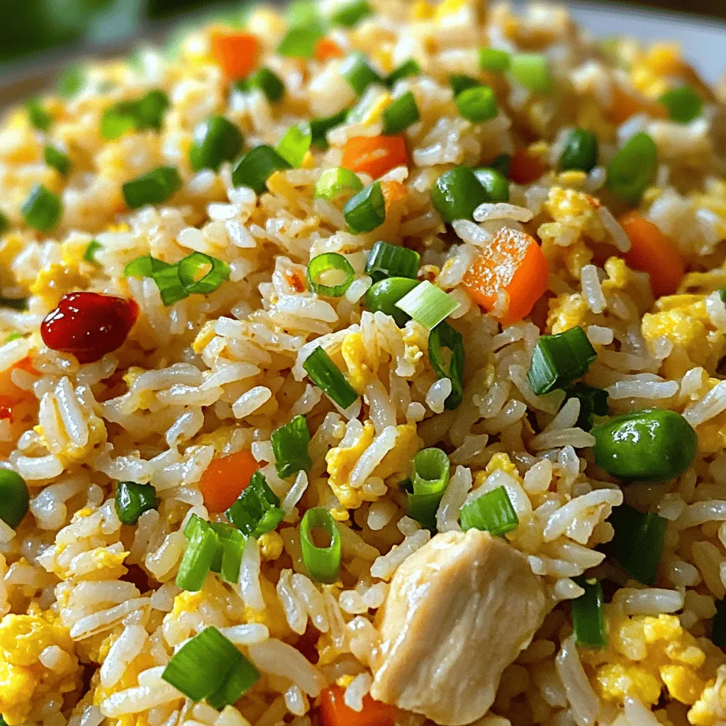 - 2 cups cooked jasmine rice - 1 pound chicken breast, diced - 4 cloves garlic, minced - 1 small onion, finely chopped - 1 cup mixed vegetables - 2-3 tablespoons soy sauce - 1 teaspoon sriracha sauce - 2 large eggs, lightly beaten - Salt and pepper to taste The main ingredients for this dish include cooked jasmine rice, diced chicken, and minced garlic. Using jasmine rice gives the fried rice a lovely aroma and a fluffy texture. The chicken provides protein, making it a filling meal. Garlic adds a strong, savory flavor. Next, we have additional ingredients. They include finely chopped onion, mixed vegetables, and soy sauce. The onion brings sweetness and depth. Mixed vegetables add color and nutrition. Soy sauce gives a salty, umami flavor that ties everything together. Lastly, we have the seasonings and garnish. Sriracha adds heat, while eggs contribute creaminess and richness. Salt and pepper enhance all the flavors. Together, these ingredients create a vibrant and tasty dish. - Heat 1 tablespoon of vegetable oil in a large skillet over medium-high heat. - Add 1 pound of diced chicken breast and season with salt and pepper. - Cook the chicken for 5 to 7 minutes until it turns golden brown and is no longer pink. - Remove the chicken from the skillet and set it aside on a plate. - In the same skillet, add another tablespoon of vegetable oil. - Add 1 small finely chopped onion and 4 minced garlic cloves. - Sauté for about 2 minutes until the onion is translucent and the garlic smells great. - Be careful not to let the garlic brown too much. - Stir in 1 cup of mixed vegetables to the skillet. - Cook for 2 to 3 minutes until they are heated through and slightly tender. - Push the vegetable mix to one side and add the last tablespoon of oil. - Pour in 2 lightly beaten eggs and let them cook for a moment. - Scramble the eggs until fully cooked, then mix with the vegetables. - Add 2 cups of cooked jasmine rice to the skillet, along with the chicken. - Pour in 2 to 3 tablespoons of soy sauce and 1 teaspoon of sriracha. - Toss everything together for 3 to 4 minutes until well combined and heated through. - Taste the fried rice and adjust with more salt, pepper, or sriracha for extra heat. - Before serving, fold in sliced green onions for a fresh touch. Using the right rice is key for great fried rice. I recommend using jasmine rice. Refrigerate your cooked rice overnight. This step helps to dry out the rice. Dry rice fries better and won’t clump together. You can also use day-old rice. It keeps the texture light and fluffy. Heat settings matter. Use medium-high heat when cooking. This helps to cook the chicken fast and evenly. When adding garlic, watch it closely. Burnt garlic can make your dish bitter. Sauté garlic until it's just fragrant. This takes about two minutes. Presentation can make a meal feel special. Serve the fried rice in colorful bowls. Garnish with sliced green onions on top. A drizzle of sriracha adds a fun pop of color. You can pair this dish with a side salad. It balances flavors and adds crunch. Enjoy your meal with a cold drink, like iced tea, for a perfect match. {{image_4}} You can swap chicken for shrimp or tofu. Both options add unique flavors. Shrimp cooks quickly and brings a nice sweetness. Tofu is great for a plant-based meal. Use firm tofu, press it to remove water, and cut it into cubes. You can also use leftover cooked meats. Any roast chicken or pork works well. This saves time and reduces waste. Adjust the sriracha to your liking. Start with one teaspoon for a mild kick. If you want more heat, add more sriracha gradually. You can also use different chili sauces. Try sambal oelek or gochujang for different flavors. Each sauce has a unique taste that can change your dish. Adding seasonal vegetables makes this dish even better. Use fresh bell peppers, zucchini, or snap peas. They add color and crunch. Mixing in leafy greens like spinach or kale is also a great idea. These greens pack nutrients and cook down nicely. Just stir them in at the end until they wilt. To store leftover fried rice, let it cool first. Transfer it to an airtight container. Place the container in the fridge. The fried rice stays fresh for up to three days. When reheating, add a splash of water to keep it moist. Heat it in a skillet over medium heat. Stir often until it's hot. You can also use the microwave. Cover the bowl loosely to avoid splatter. Heat for 1-2 minutes, stirring halfway through. If you want to freeze fried rice, let it cool completely. Portion it into freezer bags or containers. Squeeze out the air before sealing. This helps prevent freezer burn. Fried rice can last up to three months in the freezer. When you're ready to eat, take it out and thaw it in the fridge overnight. To reheat, use a skillet or microwave. Add a bit of water if it seems dry. Heat until hot, stirring well. Enjoy your meal anytime! Yes, you can make this dish ahead. Prepare the rice and chicken. Store them in separate containers. Keep the cooked rice in the fridge for up to four days. For best taste, use it within two days. Reheat the rice before adding it to the skillet. This way, the rice stays fluffy and tasty. Jasmine rice is my top choice. It has a great texture and flavor. Basmati rice works too, but it can be a bit sticky. You can also use long-grain rice. Avoid short-grain rice; it gets too sticky. Day-old rice is best. It dries out and becomes perfect for frying. To make it vegetarian, skip the chicken. Use tofu instead or add more veggies. Try mushrooms or bell peppers for texture. Replace chicken broth with vegetable broth if you want more flavor. You can use soy sauce and sriracha to keep the taste bold. Pair it with a fresh salad or spring rolls. A light soup, like egg drop soup, works well too. Serve a cold drink, like iced tea or lemonade. They balance the heat and make a nice meal. Enjoy your tasty fried rice with these sides for a complete meal! This blog post covered how to make Spicy Garlic Chicken Fried Rice from scratch. We discussed key ingredients like rice, chicken, and vegetables, along with cooking and storage tips. Remember, using day-old rice gives the best texture. You can adjust spice levels and swap proteins for your taste. Making this dish can be fun and easy. Enjoy your flavorful creation and share it with family and friends. With practice, you’ll master it in no time. Get cooking!