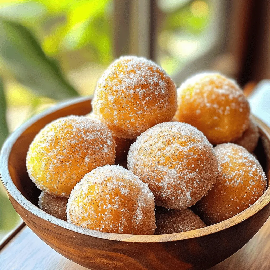 - 1 cup all-purpose flour - 1/2 cup packed brown sugar - 1 teaspoon baking powder - 1/2 teaspoon baking soda - 1 teaspoon ground ginger - 1 teaspoon ground cinnamon - 1/4 teaspoon ground nutmeg - 1/4 teaspoon salt - 1/2 cup buttermilk (or substitute with milk mixed with a splash of vinegar) - 1 large egg - 2 tablespoons unsalted butter, melted - 1 teaspoon vanilla extract - 1/3 cup granulated sugar (for coating) - 1 tablespoon ground cinnamon (for coating) - Gluten-free flour alternatives - Vegan substitutions You need basic ingredients for the perfect donut holes. Start with all-purpose flour. This gives the donut holes their structure. Next, you’ll add brown sugar for sweetness and a hint of moisture. Baking powder and baking soda help them rise. Add ground ginger, cinnamon, and nutmeg to bring warmth and spice. A touch of salt balances all the flavors. For moisture, use buttermilk or a simple milk and vinegar mix. The egg binds everything together. Melted butter adds richness, while vanilla gives a lovely aroma. To finish, mix granulated sugar with ground cinnamon for a sweet coating. You can also use gluten-free flour or vegan substitutes. These options help meet different dietary needs. This way, everyone can enjoy these treats! - Mixing dry ingredients: Start with a large bowl. Add 1 cup of all-purpose flour, 1/2 cup of packed brown sugar, 1 teaspoon of baking powder, 1/2 teaspoon of baking soda, 1 teaspoon of ground ginger, 1 teaspoon of ground cinnamon, 1/4 teaspoon of ground nutmeg, and 1/4 teaspoon of salt. Whisk well. Make sure everything blends nicely. - Combining wet ingredients: In another bowl, mix 1/2 cup of buttermilk, 1 large egg, 2 tablespoons of melted unsalted butter, and 1 teaspoon of vanilla extract. Whisk until smooth. You want a nice, even mixture. - Combining wet and dry mixtures: Slowly pour the wet mix into the dry mix. Stir gently until just combined. Don't overmix! A few lumps are okay in the batter. - Preheating the air fryer: Set your air fryer to 350°F (175°C). Preheat it for about 5 minutes. This step helps ensure even cooking. - Shaping the donut holes: Use a cookie scoop or your hands to shape the batter into small balls. Aim for 1 inch in diameter. Place them in the air fryer basket. Leave some space between each one for air to flow. - Cooking time and temperature: Cook the donut holes for 6-8 minutes. Look for a golden brown color. Make sure they are fully cooked inside. You may need to cook in batches based on your air fryer's size. - Preparing the cinnamon sugar coating: While the donut holes cook, mix 1/3 cup of granulated sugar and 1 tablespoon of ground cinnamon in a shallow bowl. Blend them well. - Rolling the cooked donut holes in cinnamon sugar: After cooking, let the donut holes cool for 2-3 minutes. While they are still warm, roll each one in the cinnamon sugar mix. Make sure they get a good coating. - Serving suggestions: Serve the donut holes warm. You can arrange them in a pretty bowl and sprinkle a bit more cinnamon sugar on top. They make a great treat with warm apple cider or hot cocoa! To get the best texture, avoid overmixing your batter. When you mix too much, the donut holes can turn tough. Stir just until the ingredients blend. A few lumps are okay. This keeps them soft and fluffy. Check for doneness by looking for a golden brown color. Insert a toothpick into a donut hole. If it comes out clean, they are ready. Cooking in batches is key. If your air fryer is small, do not overcrowd it. Leave space around each donut hole. This allows air to flow, making them cook evenly. Make sure you have proper air circulation. Preheat your air fryer for five minutes. This helps cook the donut holes better. Adding extra spices can boost flavor. Consider adding a pinch of cloves or allspice for a warm taste. You can also mix in some orange zest for a bright touch. For dips, serve with warm apple cider or chocolate sauce. These pair well and add fun flavors. You can also try a creamy vanilla dip for a sweet treat. {{image_4}} You can switch up the taste of your donut holes for fun. Here are two great ideas: - Pumpkin Spice Gingerbread Donut Holes: Add 1/4 cup of pumpkin puree along with the wet ingredients. Mix in 1/2 teaspoon of pumpkin pie spice for extra warmth. This twist gives a cozy fall flavor. - Chocolate or Nutella-filled options: Before shaping the donut holes, scoop a small amount of Nutella or melted chocolate into the center of each ball. Seal it well. When you bite in, you'll enjoy a warm, gooey surprise. Want to make these donut holes fit your diet? Here are some options: - Low-sugar alternatives: Substitute the brown sugar with a low-calorie sweetener. You can use monk fruit or erythritol. Adjust the amount to taste, as some sweeteners are sweeter than sugar. - Keto-friendly options: Replace the all-purpose flour with almond flour or coconut flour. This keeps the carbs low. You can also use unsweetened cocoa powder for a chocolatey taste without the carbs. To keep your donut holes fresh, refrigeration is key. Place them in an airtight container. This helps lock in moisture and flavor. Store them in the fridge for up to three days. For longer storage, freezing is a great option. To freeze them, first, let the donut holes cool completely. Then, arrange them in a single layer on a baking sheet. This prevents them from sticking together. Once frozen, transfer the donut holes to a freezer bag. Squeeze out as much air as possible before sealing. They will stay fresh for up to three months in the freezer. Reheating your donut holes can bring back their warm, delicious taste. The air fryer is my favorite way to do this. Preheat your air fryer to 350°F (175°C). Place the donut holes in the basket. Heat them for about 3-5 minutes. This keeps them crispy on the outside. If you prefer using an oven, preheat it to 350°F (175°C) as well. Spread the donut holes on a baking sheet. Heat them for 5-7 minutes. This method works well, but it may not be as crispy. Enjoy your warm, tasty treat! How do I know when donut holes are done? You can tell donut holes are done when they turn golden brown. They should feel firm to the touch. A toothpick inserted into the center should come out clean. If it has batter on it, give them a few more minutes. Can I make this recipe without buttermilk? Yes! You can easily substitute buttermilk. Just mix regular milk with a splash of vinegar. Let it sit for about five minutes. This will mimic buttermilk's tangy flavor and keep the donut holes moist. How can I make these donuts ahead of time? You can prepare the dough ahead of time. Store it in the fridge for up to a day. When ready, shape and air fry them fresh. They taste best right after cooking! Why are my donut holes not rising? If your donut holes do not rise, check your baking powder and baking soda. They must be fresh for the best rise. Also, make sure you mix the batter gently to keep it airy. What can I do if my donut holes are too dry? If your donut holes are dry, try adding a bit more buttermilk next time. You can also reduce the cooking time slightly. Keeping an eye on them while they cook will help. What drinks pair well with gingerbread donut holes? Gingerbread donut holes pair well with warm apple cider or hot cocoa. Both drinks enhance the cozy flavors of the donuts. You can also try them with a cup of coffee for a delightful twist. How to decorate for holiday presentations? For a festive touch, arrange donut holes in a decorative bowl. Dust with extra cinnamon sugar on top. You can also add some holiday sprinkles for color. This makes for an eye-catching display! This blog post guided you through the tasty journey of making gingerbread donut holes. We covered the key ingredients, preparation steps, and air frying process. Tips on texture and flavor variations can help you make this treat your own. Remember, you can store and reheat them easily to enjoy later. With these ideas, you can impress family and friends with your baking skills. Trust me, once you try them, you’ll want to make these all season long!