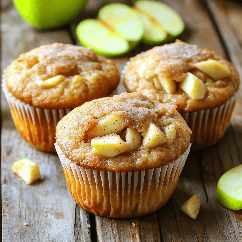 - 2 cups all-purpose flour - 1 cup granulated sugar - 1 tablespoon baking powder - 1 teaspoon baking soda - 1 teaspoon ground cinnamon - ½ teaspoon salt - 1 large egg, at room temperature - ½ cup unsalted butter, melted and cooled - 1 cup buttermilk (or milk with vinegar) - ½ teaspoon vanilla extract - 2 cups diced apples (Granny Smith or Honeycrisp preferred) - Cinnamon sugar topping: 1 tablespoon granulated sugar & 1 teaspoon ground cinnamon Gathering ingredients is the first step to making these muffins. Start with your dry ingredients. Flour gives the muffins their base. Sugar adds sweetness, while baking powder and baking soda help them rise. Cinnamon perks up the flavor, and salt balances it all. Next, focus on your wet ingredients. The egg binds everything together. Butter adds richness, and buttermilk brings a tangy taste. If you don’t have buttermilk, mix milk with vinegar. Vanilla adds a lovely aroma. Now, for the star of the show: the apples. Diced Granny Smith or Honeycrisp apples add a tartness that contrasts with the sweet batter. Finally, mix sugar and cinnamon for a tasty topping. This sweet crunch on top makes each muffin special. Start by preheating your oven to 375°F (190°C). This helps the muffins rise well. Prepare a muffin tin by lining it with paper liners or using non-stick spray. In a large bowl, whisk together: - 2 cups all-purpose flour - 1 cup granulated sugar - 1 tablespoon baking powder - 1 teaspoon baking soda - 1 teaspoon ground cinnamon - ½ teaspoon salt Make sure these dry ingredients mix well. This step is key to a light muffin. In another bowl, beat 1 large egg. Then, add: - ½ cup unsalted butter, melted and slightly warm - 1 cup buttermilk (or milk with vinegar) - ½ teaspoon vanilla extract Whisk until smooth. This mixture should blend nicely without lumps. Pour the wet mixture into the bowl of dry ingredients. Gently fold them together using a spatula. Be careful not to overmix; a few lumps are okay. This keeps the muffins tender. Fold in 2 cups of diced apples carefully. Use Granny Smith or Honeycrisp for the best taste. Make sure the apples spread evenly in the batter for a sweet surprise in each bite. In a small bowl, mix: - 1 tablespoon granulated sugar - 1 teaspoon ground cinnamon This topping gives a nice crunch and adds flavor. Using a cookie scoop or a spoon, fill each muffin cup about two-thirds full. Sprinkle the cinnamon sugar topping generously over each one. Bake in the preheated oven for 18-22 minutes. A toothpick should come out clean with a few crumbs. After baking, let the muffins cool in the tin for about 5 minutes. Then, transfer them to a wire rack to cool completely. This step helps them stay moist and fluffy. To get that perfect rise, start by preheating your oven to 375°F (190°C). Use a good-quality muffin tin and line it with paper liners. This will help the muffins rise well without sticking. Mix your dry ingredients well to avoid lumps. When adding wet to dry, fold gently. This keeps the muffins light and fluffy. If you don’t have buttermilk, it’s easy to make a substitute. Mix 1 cup of milk with 1 tablespoon of vinegar. Let it sit for 5 minutes. This will give you a tangy flavor similar to buttermilk. It helps the muffins rise and stay moist. Overmixing is a common pitfall. Mix just until the wet and dry ingredients combine. It’s okay if the batter is a bit lumpy. This helps keep the texture light. Also, check your oven temperature with a thermometer. Ovens can vary. Baking too hot can burn the tops before they cook through. {{image_4}} You can make these muffins even better with fun add-ins. Here are some ideas: - Nuts: Try adding chopped walnuts or pecans. They add a nice crunch. - Chocolate Chips: Mix in semi-sweet or dark chocolate chips for a sweet twist. - Spices: Add nutmeg or ginger for a warm flavor boost. Different apples can change the taste of your muffins. Here are some great options: - Granny Smith: These apples are tart and give great flavor. - Honeycrisp: They are sweet and crunchy, adding a lovely texture. - Fuji: These apples are sweet and juicy, great for a sweeter muffin. If you need a gluten-free version, you can still enjoy these muffins. Consider these swaps: - Gluten-Free Flour: Use a 1-to-1 gluten-free baking blend. Brands like Bob's Red Mill work well. - Oats: Ground oats can also be a good substitute. They add fiber and flavor. - Check Labels: Ensure your other ingredients are gluten-free, too. To keep your muffins fresh, store them in an airtight container. This helps prevent them from drying out. Place a paper towel in the container to absorb moisture. If you plan to eat them within a couple of days, this method works well. If you want to keep them longer, choose freezing instead. To freeze your muffins, first let them cool completely. Wrap each muffin tightly in plastic wrap. Then, place them in a freezer bag. Be sure to label the bag with the date. This way, you can enjoy them up to three months later. When you're ready to eat, just thaw them in the fridge overnight. To reheat muffins, use the oven for the best results. Preheat your oven to 350°F (175°C). Place the muffins on a baking sheet for about 10 minutes. This method keeps them moist and warm. If you are short on time, the microwave is an option too. Heat each muffin for about 15-20 seconds. Just be careful not to overheat, or they may become tough. Yes, you can use other flours. Whole wheat flour adds a nutty taste. Almond flour makes muffins moist and rich. If you use these flours, mix them with all-purpose flour for the best results. This keeps the texture light and fluffy. You can also try gluten-free flour blends if you need a gluten-free option. These muffins have a balanced sweetness. They use one cup of sugar, which is moderate. If you prefer less sweetness, cut the sugar by a quarter cup. You can also add a bit more cinnamon for flavor without extra sugar. Adjust to your taste for the best result. Serve these muffins warm for the best flavor. You can place them on a pretty platter. Adding a light dusting of powdered sugar makes them look special. Pair them with coffee or tea for a cozy treat. They are also great with a dollop of apple butter or cream cheese. Yes, you can make mini muffins! Use a mini muffin tin and fill each cup halfway. Bake them for about 10-12 minutes. Check for doneness with a toothpick. Mini muffins are perfect for snacks or parties. You can enjoy them without feeling too full. Buttermilk adds a tangy flavor and helps the muffins rise. It reacts with baking soda, making the muffins light. Regular milk will work, but your muffins may be less fluffy. To mimic buttermilk, mix regular milk with vinegar. Let it sit for five minutes before using. This will help achieve a similar effect. You can create delicious apple muffins with simple steps and basic ingredients. We covered everything from choosing the right apples to mixing the batter and baking. Remember, use quality ingredients for the best flavors. Try different add-ins and variations for your unique twist. Store any leftovers properly and enjoy them later or freeze them for future treats. With these tips, you’ll bake mouthwatering muffins every time. Happy baking!