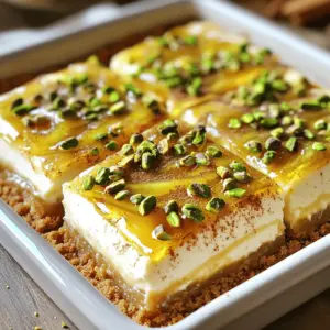 To make these delightful cheesecake bars, you will need: - 1 cup graham cracker crumbs - 1/2 cup unsalted butter, melted - 1/4 cup granulated sugar - 2 cups cream cheese, softened - 1 cup powdered sugar - 1 teaspoon vanilla extract - 1 cup heavy whipping cream - 1/2 cup pistachios, finely chopped - 1/2 teaspoon ground cinnamon - 1/2 cup honey - Extra chopped pistachios for garnish The crust is key for a great base. I use graham cracker crumbs, melted butter, and sugar. This mix creates a firm, sweet layer. The cheesecake filling is rich and creamy. It starts with softened cream cheese and powdered sugar. You add vanilla for flavor. Whipped cream adds a light texture. Pistachios give a nutty crunch. They offer flavor and color. Ground cinnamon adds warmth to the filling. Honey is drizzled on top for a sweet finish. You can make these bars even better. Consider adding more chopped pistachios on top. This adds a nice crunch and looks great. Another idea is to drizzle extra honey around the bars when serving. This creates a beautiful presentation. You can also serve with fresh fruit or a berry sauce for added color and flavor. To start, grab a medium bowl. Combine 1 cup of graham cracker crumbs, 1/2 cup of melted unsalted butter, and 1/4 cup of granulated sugar. Mix until it looks like wet sand. This mixture becomes the base of your cheesecake bars. Next, press this mixture firmly into the bottom of a 9x9 inch baking pan. Make sure it is even and compact. After that, place the pan in the refrigerator for about 15 minutes. This helps the crust set well. In a large bowl, take 2 cups of softened cream cheese and 1 cup of powdered sugar. Beat them together with an electric mixer on medium speed. You want it to be smooth and creamy. Once mixed, add 1 teaspoon of vanilla extract and beat again. Next, in a separate bowl, whip 1 cup of heavy cream until it forms stiff peaks. This makes the filling light and fluffy. Gently fold the whipped cream into the cream cheese mixture with a spatula. Be careful not to deflate the whipped cream. Then, fold in 1/2 cup of finely chopped pistachios and 1/2 teaspoon of ground cinnamon. This adds a lovely flavor. Now, it’s time to layer the cheesecake. Carefully pour the cheesecake filling over the chilled graham cracker crust. Use a spatula to spread it evenly. After that, drizzle 1/2 cup of honey over the top. For a pretty touch, swirl the honey into the cheesecake with a knife. Cover the pan with plastic wrap and place it in the refrigerator. Let it chill for at least 4 hours until it's fully set. Once chilled, remove the cheesecake from the fridge. Use a sharp knife to cut it into bars. For a nice finish, sprinkle extra chopped pistachios on top before serving. To make a smooth cheesecake filling, start with room-temperature cream cheese. This helps it blend easily. Beat the cream cheese and powdered sugar together until creamy. Then, whip the heavy cream until it forms stiff peaks. Gently fold this into your cream cheese mix. Be careful not to stir too hard. You want to keep the air in the whipped cream for a light texture. When layering the cheesecake, pour the filling over the crust slowly. Use a spatula to spread it evenly. This helps avoid mixing the layers. For the honey drizzle, use a small squeeze bottle or a spoon. Drizzle lightly across the top of the cheesecake. To create a nice swirl, use a knife or toothpick to gently mix the honey in. This makes it look pretty and adds flavor. A common mistake is using cold cream cheese. It clumps and does not blend well. Always soften it first. Another mistake is overmixing the whipped cream. If you mix too much, it loses air and becomes dense. Lastly, don't skip chilling the bars. This step is key for a firm texture. If you cut them too soon, they may fall apart. {{image_4}} You can swap out pistachios for other nuts. Try walnuts or almonds for a different flavor. Each nut adds its own taste and crunch. You can also use different spices. For example, swap ground cinnamon for nutmeg or cardamom. These spices add warmth and depth to the cheesecake bars. To make these bars gluten-free, change the graham cracker crumbs. Use gluten-free cookie crumbs or almond flour instead. Both options work well and still give a tasty crust. Make sure to check the labels on all ingredients. This ensures they are gluten-free. Enjoy the same great flavor with no gluten! If you want smaller treats, make mini versions. Use a muffin tin with liners for easy serving. Just follow the same steps but fill each cup with the cheesecake mixture. This way, everyone can enjoy their own little piece. They are perfect for parties or as a fun treat for kids. To keep your no-bake pistachio baklava cheesecake bars fresh, store them in the fridge. Place any leftover bars in an airtight container. Make sure to seal it well to keep out air. They will stay fresh for up to five days. If you have leftover honey, store it in a separate jar. It stays good at room temperature. You can freeze these cheesecake bars for longer storage. First, cut them into bars as usual. Place each bar on a baking sheet lined with parchment paper. Freeze them for about two hours until firm. Then, transfer the bars to a freezer-safe container or wrap them in plastic wrap. They can last for two to three months in the freezer. To enjoy your frozen cheesecake bars, take them out of the freezer. Place them in the fridge for a few hours to thaw slowly. This helps keep their texture nice. If you need them quicker, leave them at room temperature for about 30 minutes. Once thawed, drizzle with fresh honey and sprinkle some chopped pistachios for the best taste. Yes, you can use Greek yogurt instead of cream cheese. Greek yogurt offers a tangy flavor. It can make your bars lighter and a bit healthier. However, the texture may be less creamy. If you choose yogurt, use full-fat for the best results. These cheesecake bars will stay fresh for about 5 days in the refrigerator. Make sure you cover them well to keep out air and moisture. This will help maintain their flavor and texture. Serve these bars chilled for the best taste. Cut them into squares and place on a nice platter. Drizzle extra honey on top for sweetness. A sprinkle of chopped pistachios adds a nice crunch and visual appeal. Enjoy them with friends or family for a special treat! You now know how to make No-Bake Pistachio Baklava Cheesecake Bars. We discussed the ingredients, steps, and tips to ensure success. Remember, the right balance of the key components is crucial for flavor and texture. Variations allow you to customize the bars, making them unique. Store leftovers properly to enjoy them later. This dessert combines rich flavors and creamy textures, perfect for any occasion. Enjoy making and sharing these delicious treats!