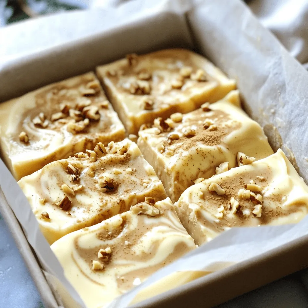 The main ingredients make this fudge rich and creamy. Here’s what you need: - 2 cups white chocolate chips - 1 cup sweetened condensed milk - 1 teaspoon vanilla extract - 1 teaspoon ground nutmeg (plus extra for garnish) - 1 teaspoon ground cinnamon - 1/4 cup unsweetened eggnog (or eggnog-flavored creamer) - A pinch of salt These ingredients blend to create a smooth fudge with a holiday twist. White chocolate gives it a sweet base, while nutmeg and cinnamon add warm flavors. Eggnog brings a festive touch that makes this treat special. If you want to enhance the taste, consider using: - 1/2 cup chopped walnuts or pecans (optional) Adding nuts gives the fudge a nice crunch. It also adds depth to the flavors. You can choose your favorite nuts or leave them out if you prefer a smooth texture. Make sure to measure your ingredients carefully. Here’s a quick guide: - 1 cup = 8 ounces - 1 teaspoon = 5 milliliters If you don't have sweetened condensed milk, you can use heavy cream mixed with sugar. Just mix 1 cup of cream with 1/4 cup of sugar until dissolved. This will give you a similar creamy texture. Always check if your eggnog is dairy-free or low-sugar if needed. First, get your baking dish ready. You need an 8x8-inch square dish. Line it with parchment paper. Leave some paper hanging over the sides. This helps you lift the fudge out later. Now, let’s melt the chocolate. In a medium saucepan, add 2 cups of white chocolate chips and 1 cup of sweetened condensed milk. Set the heat to low. Stir the mix as it heats. This keeps the chocolate smooth. Once it’s melted, take it off the heat. Add 1 teaspoon of vanilla extract, 1 teaspoon of ground nutmeg, and 1 teaspoon of ground cinnamon. Don't forget a pinch of salt! Stir well to blend everything. Slowly mix in 1/4 cup of eggnog until it's all smooth. If you want nuts, fold in 1/2 cup of chopped walnuts or pecans now. Next, pour half of your fudge mix into the dish. Spread it out flat with a spatula. Now, take the remaining fudge and drop spoonfuls on top. Use a toothpick or knife to swirl the two layers together. This creates a nice marbled look. For extra flair, sprinkle some ground nutmeg on top. Now, place the dish in the fridge. Let it chill for about 2 to 4 hours until set. Once firm, lift the fudge out using the parchment paper. Place it on a cutting board and cut into 16 squares. Enjoy your delicious no-bake eggnog nutmeg swirl fudge! To create smooth fudge, you need to melt the chocolate carefully. Use low heat to avoid burning the chocolate. Stir it often so it melts evenly. If you notice lumps, keep stirring. Once you add the eggnog, mix it in well. This makes the fudge creamy and rich. A pinch of salt enhances the flavors too. You can change up the spices based on your taste. If you love cinnamon, add more! Pumpkin spice is a fun twist for fall. Try adding vanilla bean for extra flavor. Even a dash of ginger can make it festive. Don't be afraid to play with spices to find your favorite mix. Swirling is all about technique. Drop spoonfuls of the fudge mixture on top of the first layer. Use a toothpick or a knife to swirl gently. Be careful not to mix too much; you want to see both layers. The goal is a beautiful marbled design. A light touch keeps the fudge looking pretty and makes it more fun to eat. {{image_4}} If you want a nut-free fudge, simply leave out the nuts. The fudge will still taste great! You can replace the nuts with sunflower seeds or leave them out entirely. This keeps it safe for those with allergies while still being delicious. You can change the flavor of your fudge easily. For chocolate fudge, swap white chocolate chips for dark chocolate chips. This will give you a rich, deep taste. If you love peppermint, add a teaspoon of peppermint extract instead of vanilla. You can also sprinkle crushed candy canes on top for a festive touch. Presentation is key for any treat. Instead of just nutmeg, try using a dusting of cocoa powder or shredded coconut. You can also drizzle melted chocolate over the top for an extra treat. Use colorful sprinkles or edible glitter to make your fudge stand out on the dessert table. To keep your fudge fresh, store it in an airtight container. I suggest placing parchment paper between the layers. This helps prevent the fudge from sticking together. Keep it in the fridge for up to two weeks. If you want to enjoy it longer, freezing is a great option. To freeze your fudge, cut it into squares first. Then, wrap each square in plastic wrap. Place the wrapped fudge in a freezer-safe container or bag. This keeps it fresh and prevents freezer burn. The fudge can last in the freezer for up to three months. Just remember to label the container with the date. When you’re ready to eat the fudge, take it out of the freezer. Let it sit at room temperature for about 30 minutes. This helps it soften nicely. If you're in a hurry, you can microwave it for a few seconds. Just watch it closely to avoid melting. Enjoy the creamy, nutmeg flavor as a sweet treat! Yes, you can use dark or milk chocolate. Each type gives a different taste. Dark chocolate adds richness, while milk chocolate makes it sweeter. Adjust the sweetened condensed milk amount for balance. If you pick dark chocolate, consider adding more eggnog to keep the creaminess. The fudge lasts about two weeks in the fridge. Keep it in an airtight container. This helps maintain its soft texture and rich flavor. If you want to store it longer, freeze it. Frozen fudge can last up to three months. Just remember to thaw it in the fridge before serving. You can use eggnog-flavored creamer as a substitute. This works well if you want a lighter version. Other options include milk mixed with vanilla and a pinch of nutmeg. This gives a similar taste without using eggnog. Feel free to experiment with these choices! You learned how to make rich no-bake eggnog nutmeg swirl fudge. We covered each step, from ingredients to storage tips. This fudge is easy to customize with fun flavors and spices. Remember to store your leftovers correctly for later enjoyment. With this guide, you can make a tasty treat for any occasion. Enjoy creating your own delicious fudge and delight your friends and family!