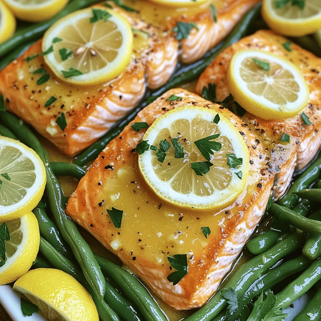 To make this dish, start with fresh, high-quality ingredients. You will need: - 4 salmon fillets (about 6 oz each) - 1 pound fresh green beans, trimmed at the ends Using fresh salmon ensures your dish tastes great. Look for salmon that is bright and moist. The green beans add a nice crunch and color to your plate. The lemon butter adds a zesty kick. Gather these items: - 2 tablespoons unsalted butter, melted - 2 tablespoons freshly squeezed lemon juice - 1 teaspoon lemon zest (from about 1 lemon) - 2 cloves garlic, finely minced - Salt and black pepper to taste This mixture brings out the best flavors in salmon and green beans. The garlic adds depth, while the lemon brightens the dish. Garnishes make your dish look pretty and add flavor. You will want: - Lemon slices, for garnish - Fresh parsley, chopped, for garnish Adding lemon slices gives a fresh look and a bit more citrus flavor. The parsley adds a pop of green and a fresh taste. First, you need to preheat your oven to 400°F (200°C). This temperature helps cook the salmon and green beans just right. It makes them tender and flavorful. Next, grab a small bowl. In it, whisk together 2 tablespoons of melted butter, 2 tablespoons of fresh lemon juice, and 1 teaspoon of lemon zest. Add 2 cloves of finely minced garlic. Mix in a pinch of salt and some black pepper. This sauce will add a bright, zesty flavor to your dish. Now, take a large baking sheet and line it with parchment paper. Place 4 salmon fillets in the center. Make sure to space them evenly. Surround the salmon with 1 pound of fresh green beans, trimmed at the ends. This makes the dish colorful and inviting. Drizzle half of your lemon butter sauce generously over the salmon. Use the rest to drizzle over the green beans. Toss the green beans gently in the pan to coat them well. Then, drizzle 1 teaspoon of extra virgin olive oil over the beans. Season them with more salt, pepper, and sprinkle 1 teaspoon of dried thyme on top. Put the baking sheet in the preheated oven. Bake for about 12-15 minutes. The salmon should look opaque and flake easily with a fork. The green beans should be tender but still have a nice crunch. Once everything is cooked, take the baking sheet out of the oven. For a fresh touch, garnish the salmon with lemon slices. Sprinkle chopped fresh parsley over both the salmon and green beans. This adds color and flavor. Serve the dish warm and enjoy the delightful mix of citrus and fresh ingredients. To get the best salmon, start with fresh fillets. Look for bright color and firm texture. When you bake, keep an eye on the time. Salmon cooks quickly, about 12 to 15 minutes. Check it at 12 minutes. The fish should look opaque and flake easily with a fork. If you have a thermometer, aim for 145°F in the thickest part. This gives you juicy, tender salmon every time. Fresh green beans make a big difference. Trim the ends for a neat look. Toss them in olive oil, salt, and pepper before baking. This adds a nice flavor. You can also add garlic for a punch. A sprinkle of fresh thyme brightens their taste. If you want more zest, squeeze extra lemon juice on them right before serving. This will make them pop with flavor. Presentation matters, even for simple meals. Use a large white platter to showcase your dish. Place the salmon in the center and surround it with green beans. For a touch of color, add lemon slices and chopped parsley on top. This not only looks great but also invites your guests to dig in. Serve extra lemon wedges on the side for more zesty flavor. A colorful dish makes every meal feel special. {{image_4}} You can make this dish even better by adding more veggies. Try bell peppers, carrots, or zucchini for extra color and flavor. Cut them into bite-sized pieces so they cook evenly. Toss these vegetables with the lemon butter mix just like the green beans. This way, you get a tasty mix of flavors and nutrients. Feel free to switch up the seasonings for a new taste. Instead of thyme, try rosemary or dill for a different aroma. You can also add a pinch of red pepper flakes for some heat. A splash of soy sauce can add a savory note. Experiment and find the flavor that you love best! Don't limit yourself to just salmon. Other fish like trout, cod, or tilapia work great too. Just adjust the cooking time based on the thickness of the fish. These options provide new flavors while keeping the dish simple and quick. Enjoy the variety and see which fish you like best! After enjoying your sheet pan lemon butter salmon and green beans, let leftovers cool. Store them in an airtight container. Place the salmon and green beans together or separately. They stay fresh for up to three days in the fridge. Make sure to label the container with the date. This helps you keep track of when you made it. To reheat, use your oven for the best taste. Preheat your oven to 350°F (175°C). Place the salmon and green beans on a baking sheet. Cover them with foil to keep moisture in. Heat for about 10 minutes or until warmed through. You can also use a microwave. Heat in short bursts of 30 seconds, checking often to avoid overcooking. You can freeze leftovers if you want to save them for later. Wrap the salmon and green beans tightly in plastic wrap. Then place them in a freezer-safe container or bag. They can stay in the freezer for up to three months. When you're ready to eat, thaw in the fridge overnight. Reheat as mentioned above for the best results. Cooking salmon takes about 12 to 15 minutes in the oven. This time may vary based on the thickness of the fillets. When the salmon turns opaque and flakes easily, it is ready. I recommend checking the salmon at the 12-minute mark to avoid overcooking. Overcooked salmon can become dry and lose its rich flavor. Yes, you can use frozen salmon! Just make sure to thaw it first. You can thaw salmon overnight in the fridge. If you need it quicker, run it under cold water for about an hour. Keep in mind that cooking time may increase slightly for frozen fillets. You can serve salmon and green beans with a variety of sides. Here are some ideas: - Quinoa or rice for a filling base. - A fresh salad for a light complement. - Roasted potatoes for added texture. - Garlic bread to soak up the lemon butter sauce. These sides will elevate your meal and create a balanced plate. This blog post covered a simple and tasty way to make salmon and green beans. We talked about the key ingredients, like the lemon butter sauce and garnishes, to make your dish pop. You learned the step-by-step instructions for baking, plus tips for perfect cooking and serving. We explored variations to keep meals fresh and discussed how to store leftovers. Remember, cooking should be fun. Use this recipe as a base, and get creative! Enjoy your delicious meal!