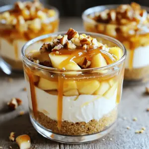 - 2 large Granny Smith apples, finely diced - 1 cup cream cheese, softened - 1/2 cup powdered sugar, sifted - 1 teaspoon pure vanilla extract - 1 cup heavy whipping cream, chilled - 1/2 teaspoon ground cinnamon - 1 cup crushed graham crackers - 1/4 cup unsalted butter, melted - 1/2 cup caramel sauce (plus extra for drizzling) - Chopped nuts (like walnuts or pecans) Using high-quality ingredients makes a huge difference. Choose fresh Granny Smith apples for the best tartness. Select cream cheese that is full-fat and softened properly for a smooth texture. Always sift your powdered sugar to avoid lumps. The heavy whipping cream should be very cold to whip up nicely. For the graham crackers, buy a brand you trust to ensure a good base. Lastly, use homemade or premium caramel sauce for the richest flavor. This attention to detail makes your no bake caramel apple cheesecake cups truly shine. To start, grab a medium mixing bowl. Combine the crushed graham crackers with the melted butter. Stir until it feels like wet sand. This step is key for a good crust. Next, take about 2 tablespoons of this mixture. Press it firmly into the bottom of each cup. Make sure it forms a compact, even layer. This crust will hold all the tasty layers together. Now, let’s make the filling. In a clean bowl, beat the softened cream cheese, sifted powdered sugar, and vanilla extract. Mix until it is smooth and creamy. In another bowl, whip the chilled heavy cream. Use a handheld or stand mixer on medium speed. You want soft peaks, which should take about 2-3 minutes. Gently fold this whipped cream into the cream cheese mix. Use a spatula to keep it fluffy. Fold in the diced Granny Smith apples, ground cinnamon, and caramel sauce. Make sure the apples are well coated. This is where the flavor really comes alive. Spoon the creamy cheesecake mixture over the crust in each cup. Fill them generously but leave some space at the top. Drizzle extra caramel sauce on each cup. If you like, sprinkle chopped nuts on top for crunch. Cover the cups with plastic wrap. Refrigerate for at least 2 hours to help them set. These steps make the No Bake Caramel Apple Cheesecake Cups a delight. Enjoy the process and the tasty result! To get the best whipped cream, start with chilled tools. Use a cold bowl and beaters. Whip the heavy cream on medium speed. Watch for soft peaks to form after 2-3 minutes. If you over-whip, it can turn grainy. This will ruin your fluffy texture. Aim for just the right consistency to fold into your cheesecake mix. Use fresh Granny Smith apples for a tart flavor. Cut the apples into quarters first. Remove the core and seeds. Then, slice each quarter into thin strips. Finally, dice the strips into small cubes. This helps the apples mix well into the creamy filling. The small pieces ensure you get apple in every bite. Serve your cheesecake cups in clear glass cups. This shows off the lovely layers of crust, cream, and apples. For a fancy touch, add a thin slice of fresh apple on top. Drizzle extra caramel sauce for a sweet finish. If you like, sprinkle chopped nuts on top for crunch. This makes your dessert not just tasty, but beautiful too! {{image_4}} You can swap the graham crackers for other bases. Try using crushed Oreos for a chocolate twist. They add a rich flavor to your cheesecake cups. For a gluten-free option, use almond flour or gluten-free cookies. Just mix them with melted butter and press into the cups like before. Adding extra flavors makes your cheesecake cups special. You can mix in chopped caramel candies for added sweetness. A pinch of sea salt can balance the flavors and enhance the caramel. You might also add a splash of maple syrup for a warm taste. If you love spices, try adding a bit of nutmeg or ginger for a kick. Change the fruit to match the seasons! In fall, you can use pears instead of apples for a new flavor. In summer, try fresh berries like strawberries or blueberries. Each fruit brings a unique taste and pairs well with the creamy filling. You can also mix different fruits for a fun twist. Always remember to adjust the sugar based on the fruit's sweetness. To keep your no bake caramel apple cheesecake cups fresh, store them in the fridge. Place them in an airtight container or cover them with plastic wrap. This protects them from drying out and absorbing other flavors. If you have extra caramel sauce, keep it separate until serving. This way, it stays fresh and tasty. These cheesecake cups last about 3 to 4 days in the fridge. After this time, they may lose some taste and texture. Check for any signs of spoilage before eating. If they look or smell off, it's best to toss them out. Enjoy them while they're fresh for the best flavor! You can freeze these cheesecake cups for longer storage. They last about 1 to 2 months in the freezer. To freeze, wrap each cup tightly in plastic wrap, then place them in a freezer-safe container. When ready to enjoy, move them to the fridge to thaw overnight. Avoid refreezing once thawed, as it affects the texture. Yes, you can use different apples. I like Granny Smith for its tartness. Other apples, like Honeycrisp or Fuji, can work too. They add a nice sweetness. Just remember, the flavor will change based on the apple type. Choose apples you enjoy eating fresh. You can keep these cheesecake cups in the fridge for up to three days. Store them in an airtight container. They taste best when chilled. Don't freeze them, as they may lose texture and flavor. Enjoy them fresh for the best experience. If you need a substitute, try using coconut cream. It gives a rich flavor and texture. You can also use store-bought whipped topping if you want a simpler option. Just remember, the taste will differ slightly. Choose what fits your needs best. This article covered key steps to make delicious cheesecake cups. We explored the needed ingredients, from crust to filling, as well as optional garnishes. We also discussed important tips for perfect whipped cream and dicing apples. Additionally, you learned about different ways to customize these cups with flavors and fruit. Finally, we reviewed storage methods to keep your treats fresh. Follow these steps, and you'll create cheesecake cups your friends and family will love. Enjoy your baking adventure!