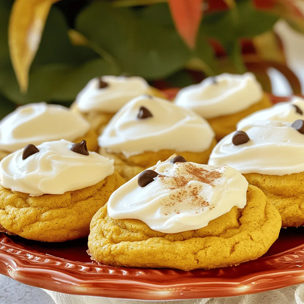 - 1 cup pumpkin puree - 1 cup granulated sugar - 1/2 cup packed brown sugar - 1/2 cup unsalted butter, softened - 1 large egg - 1 teaspoon vanilla extract - 3 cups all-purpose flour - 1 teaspoon baking soda - 1 teaspoon baking powder - 1 teaspoon ground cinnamon - 1/2 teaspoon ground nutmeg - 1/2 teaspoon ground ginger - 1/4 teaspoon salt To make these cookies, we start with pumpkin puree. This gives them a rich flavor and soft texture. The sugars, both granulated and brown, add sweetness and depth. The unsalted butter gives a nice creaminess. We also need an egg and vanilla extract for binding and flavor. Next, we blend in our dry ingredients. Flour helps the cookies hold their shape. Baking soda and baking powder help them rise. The spices—cinnamon, nutmeg, and ginger—bring that wonderful fall taste. Finally, a bit of salt balances all the flavors. - 1 cup powdered sugar - 2 tablespoons unsalted butter, softened - 1 tablespoon milk (add more as needed) - 1/2 teaspoon vanilla extract For the frosting, we use powdered sugar for sweetness and a smooth texture. Softened butter adds creaminess. Milk helps us control the thickness. A splash of vanilla extract enhances the flavor. Mix these together until smooth, and you have a delightful frosting for your cookies. This adds a sweet touch that makes each bite even better. 1. Preheating the oven and preparing baking sheet First, preheat your oven to 350°F (175°C). While it heats, line a baking sheet with parchment paper. This step helps your cookies not stick. 2. Creaming butter and sugars In a large bowl, use an electric mixer to cream together 1/2 cup softened butter, 1 cup granulated sugar, and 1/2 cup brown sugar. Mix for about 2-3 minutes. The mixture should be light and fluffy. 3. Incorporating pumpkin, egg, and vanilla Next, add 1 cup pumpkin puree, 1 large egg, and 1 teaspoon vanilla extract. Beat on medium speed until everything blends well and is smooth. 1. Combining flour and leavening agents In a separate bowl, whisk together 3 cups all-purpose flour, 1 teaspoon baking soda, and 1 teaspoon baking powder. This mix helps your cookies rise. 2. Adding spices and salt Now, add 1 teaspoon ground cinnamon, 1/2 teaspoon ground nutmeg, 1/2 teaspoon ground ginger, and 1/4 teaspoon salt into the flour mix. Whisk until combined, allowing the spices to mix well. 1. Forming cookie dough portions Using a tablespoon or cookie scoop, drop rounded portions of dough onto the prepared baking sheet. Keep them spaced about 2 inches apart. This space allows them to spread while baking. 2. Baking duration and checking doneness Bake the cookies in the preheated oven for 10-12 minutes. They are done when the edges are lightly golden, but the centers should feel soft. 3. Cooling process after baking Once baked, remove the cookies from the oven. Let them cool on the baking sheet for about 5 minutes. Then, transfer them to a wire rack to cool completely. 1. Whisking ingredients to achieve the right consistency While the cookies cool, make the frosting. In a medium bowl, whisk together 1 cup powdered sugar, 2 tablespoons softened butter, 1 tablespoon milk, and 1/2 teaspoon vanilla extract. Mix until smooth and creamy. 2. Adjusting thickness with milk If the frosting is too thick, add a little more milk. This will help you get the right drizzle consistency. You want it to be easy to spread on the cookies. To ensure your cookies stay soft and chewy, check your baking time. Pull them out when the edges are light golden. The centers should feel soft but set. This helps lock in moisture, making each bite delightful. Avoid overmixing your dough. When you combine wet and dry ingredients, mix just until you see no dry flour. Overmixing can make the cookies tough. You want a soft and slightly sticky dough for the best texture. For spreading frosting effectively, use a small offset spatula. Start from the center of the cookie and move outward. This helps create a smooth finish. Let the frosting flow over the edges for a lovely look. Achieving the desired drizzle consistency is key. If your frosting is too thick, add a splash of milk. Mix until it’s smooth and pourable. You want it to drizzle easily but not run off the cookie. Arranging cookies aesthetically makes a big difference. Place them on a decorative platter with space between each cookie. This showcases their soft texture and beautiful frosting. Using garnishes enhances visuals. A sprinkle of cinnamon or mini chocolate chips on top adds flair. These small touches make your cookies stand out and look even more inviting. {{image_4}} You can change the frosting for your cookies. A cream cheese frosting adds a tangy twist. It blends smoothly with the sweet cookie. To make it, mix 8 oz of cream cheese with 1/4 cup of butter. Add 2 cups of powdered sugar and a splash of vanilla. This frosting is rich and pairs well with pumpkin. If you love chocolate, try a chocolate ganache instead. Melt 1 cup of chocolate chips with 1/2 cup of heavy cream. Stir until smooth, then let it cool slightly. This ganache is glossy and decadent. It makes your cookies feel extra special. Mix-ins can take your cookies to the next level. Consider adding chocolate chips for a sweet surprise. They melt and create gooey pockets of chocolate. You can also add nuts for a nice crunch. Walnuts or pecans work well here. Dried fruits can enhance the flavor too. Raisins or cranberries bring a burst of sweetness. You might even try spices like cloves or allspice. They add warmth and depth to the cookies. Experiment and find your favorite mix! If you need gluten-free cookies, swap all-purpose flour for a gluten-free blend. Many brands offer one-to-one flour substitutes. This keeps the texture similar. For a vegan option, use flax eggs instead of a real egg. Mix 1 tablespoon of ground flaxseed with 2.5 tablespoons of water. Let it sit until it thickens. Also, replace butter with coconut oil or vegan butter. Choose a dairy-free milk for the frosting, like almond or oat milk. These swaps make your cookies plant-based while still delicious. To keep your frosted soft pumpkin cookies fresh, store them at room temperature. Place them in an airtight container. This will keep them soft for several days. If you like chilled cookies, you can refrigerate them. Just make sure to layer them with parchment paper to prevent sticking. To freeze your cookies, first let them cool completely. Then, place them in a single layer on a baking sheet. Freeze them for about an hour. Once frozen, transfer the cookies to a freezer bag. Remove as much air as possible before sealing. They can stay fresh for up to three months. When you want to enjoy a cookie, take it out and let it thaw at room temperature. If you want to refresh them, pop them in the microwave for a few seconds. This will warm them up and make them soft again. Enjoy your delicious cookies any time! How do I know when the cookies are done? You can tell the cookies are done when their edges turn golden. The centers should feel soft but set. Check them around the 10-minute mark. Can I use canned pumpkin for this recipe? Yes, canned pumpkin works great! It saves time and keeps the flavor rich and moist. Just make sure it’s pure pumpkin, not pumpkin pie filling. What other spices can I add for flavor enhancement? You can add allspice or cloves for extra warmth. A pinch of cardamom also brings a nice twist. Feel free to mix and match spices to suit your taste. My cookies spread too much; what went wrong? If cookies spread too much, your butter might be too soft. Try chilling the dough for 30 minutes before baking. Also, make sure you use the right amount of flour. Why are my cookies too dry? Dry cookies can happen if you overbake them or add too much flour. Be sure to measure carefully and check them at the 10-minute mark. If they feel dry, try adding a little more pumpkin next time. What to serve with frosted pumpkin cookies? These cookies pair well with warm drinks like coffee or chai. A scoop of vanilla ice cream on the side is also a delightful treat! Are these cookies suitable for holiday gatherings? Absolutely! Their soft texture and sweet frosting make them a hit at any gathering. They add a festive touch and are easy to share. You now know how to make soft pumpkin cookies and their frosting step by step. With the right ingredients and tips, you’ll bake cookies that taste great. Remember to mix well but avoid overdoing it. Try different frostings or mix-ins for a twist, and store your cookies properly for freshness. These cookies are perfect for any gathering or just a tasty treat at home. Enjoy your baking journey!