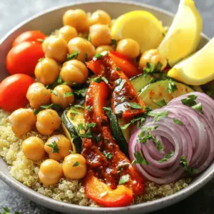 - Chickpeas and grains - 1 cup cooked chickpeas (canned or freshly boiled) - 2 cups cooked quinoa (use white, red, or a mix) - Fresh vegetables - 1 medium zucchini, diced into half-inch cubes - 1 red bell pepper, diced into bite-sized pieces - 1 cup cherry tomatoes, halved - 1 small red onion, thinly sliced - Seasoning and garnishes - 2 tablespoons harissa paste - 1 tablespoon extra virgin olive oil - 1 teaspoon smoked paprika - Salt and freshly cracked black pepper, to taste - Fresh parsley, finely chopped, for garnish - Lemon wedges, for an added burst of brightness Using these ingredients, you can create a vibrant, healthy meal. The chickpeas and quinoa provide protein and fiber, while the veggies add color and nutrients. The harissa paste adds a smoky flavor, which makes every bite exciting. Enjoy the blend of flavors and textures in this dish! 1. Preheat the oven. Set your oven to 425°F (220°C). This heat helps the veggies roast well. 2. Prepare and marinate vegetables. In a big bowl, mix diced zucchini, red bell pepper, halved cherry tomatoes, and sliced red onion. 3. Spread vegetables on baking sheet. Drizzle olive oil, add harissa paste, and sprinkle smoked paprika, salt, and pepper. Toss well. Line a baking sheet with parchment paper. Spread the veggies evenly. 1. Roast the vegetables. Place the baking sheet in the oven. Roast for 20-25 minutes. Stir halfway to help them cook evenly. 2. Cook quinoa. If you haven't cooked the quinoa yet, do so now. Follow the package instructions. Fluff it with a fork for a light texture. 3. Combine and serve. Once the veggies are roasted, let them cool for a few minutes. In each bowl, add quinoa first. Pile on the roasted veggies and chickpeas. Top with fresh parsley and add lemon wedges for a zesty touch. - Ensuring perfectly roasted vegetables: Preheat your oven to 425°F (220°C). This heat helps the veggies caramelize. Cut your zucchini, bell pepper, and onion into even pieces. This way, they all roast at the same time. Toss them with olive oil, harissa, smoked paprika, salt, and pepper. Spread them out on the baking sheet. Leave space between pieces. This helps them crisp up instead of steaming. - Quinoa cooking tips: Rinse your quinoa before cooking. This removes the bitter coating. Use two cups of water for every cup of quinoa. Bring it to a boil, then reduce to low heat. Cover and simmer until the quinoa is fluffy. Fluff it with a fork for a light texture. - Presentation ideas for bowls: Start with a base of fluffy quinoa. Pile the smoky roasted veggies and chickpeas on top. Sprinkle fresh parsley on top for color. Add lemon wedges on the side. This adds brightness and makes the dish pop. - Pairing options with salads or sides: Serve the bowls with a simple green salad. A lemon vinaigrette works well. You can also add crusty bread on the side. This adds texture and makes the meal more filling. Enjoy the contrast of flavors and textures! {{image_4}} You can easily switch out ingredients based on what you have. Try using different vegetables like: - Broccoli - Cauliflower - Carrots - Sweet potatoes These options work well with the smoky flavors of harissa. Feel free to use any veggies you love. For quinoa, you can choose from different types: - White quinoa - Red quinoa - Black quinoa - A mix of all three Each type brings its own taste and texture. You can also swap quinoa for rice or couscous if you prefer. To give your dish an extra kick, add more spices or herbs. Here are some great options: - Cumin - Coriander - Thyme - Oregano These spices can boost your dish’s flavor profile and make it even more exciting. You can also try different dressings or toppings. Some tasty ideas include: - Tahini sauce - Yogurt drizzle - Avocado slices - Feta cheese These toppings add creaminess and depth. Enjoy experimenting to find your favorite flavor combinations! To keep your Smoky Harissa Veggie & Chickpea Bowls fresh, store leftovers properly. For best results, use airtight containers. Glass or plastic containers work well. Make sure the bowls cool down before sealing. This prevents steam buildup, which can cause sogginess. - Best storage methods: Refrigerate your bowls for up to three days. - Recommended containers: Use glass containers for easy reheating and to avoid stains. If you want to save time, consider meal prepping. You can prepare the veggies and quinoa in advance. Roast the vegetables and store them separately from the quinoa. This way, you keep the textures fresh. - Preparing in advance: Chop and marinate your veggies a day before. - Reheating instructions: When ready to eat, combine the quinoa and veggies. Heat them in the microwave or on the stovetop until warm. Enjoy your delicious bowls again! Can I make this recipe vegan? Yes, this recipe is already vegan! It uses chickpeas and veggies, making it plant-based. You can enjoy these smoky harissa veggie and chickpea bowls without any animal products. How to adjust spice levels? To adjust spice, use less harissa paste. Start with one teaspoon and taste. If you want more heat, add more paste a little at a time. You can also add a splash of lemon juice to balance the spice. Caloric content and health benefits Each serving of these bowls has about 400 calories. They are rich in vitamins and minerals from the veggies. The chickpeas add fiber and protein, which can help keep you full. Protein and fiber content per serving Each bowl contains about 15 grams of protein and 10 grams of fiber. This makes it a great meal for energy and digestive health. The quinoa also boosts the protein and fiber content, adding to the overall nutrition. This blog post explored a healthy, veggie-packed recipe featuring chickpeas and grains. You learned how to prepare, roast, and serve delicious meals with simple steps. I shared cooking tips and variations to fit your taste. Storing leftovers and meal prep ideas make this easy for anyone. Remember, cooking should be simple and fun. Use your favorite vegetables and spices to make the dish your own. Enjoy experimenting in the kitchen and nourishing your body with these wholesome meals!