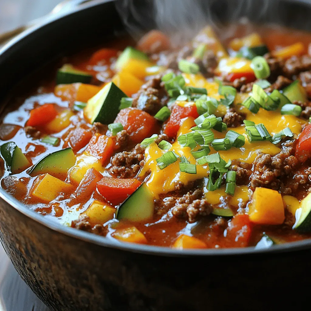 - 1 lb ground beef or turkey - 2 cups diced tomatoes - 1 cup chicken broth - 1 medium yellow onion, finely diced - 3 cloves garlic, minced - 1 bell pepper, diced - 1 tablespoon chili powder - 1 teaspoon ground cumin - 1 teaspoon smoked paprika - 1/2 teaspoon dried oregano - 1/2 teaspoon salt - 1/4 teaspoon black pepper - 1 cup zucchini, diced - 1/2 cup chopped green onions - 1/2 cup shredded cheddar cheese (optional) --- The main ingredients in cozy keto chili set the stage for flavor. The ground beef or turkey gives a rich base. Diced tomatoes add sweetness and moisture. Chicken broth brings everything together. Next, we have the additional ingredients. The yellow onion gives a nice, sweet bite. Garlic adds depth and aroma. The bell pepper brings color and crunch. For the seasonings and garnishes, chili powder is key for heat. Ground cumin and smoked paprika add warmth and smokiness. Oregano brings a touch of earthiness. Salt and pepper enhance all the flavors. Finally, we add zucchini for a nutritious touch. Green onions make a fresh garnish, while shredded cheddar cheese adds creaminess. This mix of ingredients makes the chili hearty and satisfying. 1. Start by heating a large pot over medium heat. 2. Add 1 pound of ground beef or turkey. 3. Cook the meat for about 5 to 7 minutes. 4. Use a spatula to break up the meat as it cooks. 5. Once it’s browned and fully cooked, it's ready. 6. Now, add 1 medium yellow onion. 7. Dice the onion finely for even cooking. 8. Sauté for about 3 to 4 minutes until soft and translucent. 1. Next, stir in 3 cloves of minced garlic. 2. Add 1 diced bell pepper for a pop of color. 3. Cook this mixture for another 2 to 3 minutes. 4. Let the bell pepper soften and the garlic become fragrant. 5. Now, add 2 cups of diced tomatoes to the pot. 6. Pour in 1 cup of low-sodium chicken broth. 7. Add 1 tablespoon of chili powder for heat. 8. Mix in 1 teaspoon of ground cumin and 1 teaspoon of smoked paprika. 9. Don't forget 1/2 teaspoon of dried oregano, 1/2 teaspoon of salt, and 1/4 teaspoon of black pepper. 10. Stir well to combine all the flavors. 1. Increase the heat to bring the mixture to a gentle simmer. 2. Once it starts to simmer, reduce the heat to low. 3. Cover the pot and cook for about 20 minutes. 4. This step helps the flavors meld beautifully. 5. After 20 minutes, add in 1 cup of diced zucchini. 6. Stir well and cover the pot again. 7. Let it simmer for another 10 minutes. 8. This will make the zucchini tender but not mushy. 9. Taste your chili and adjust the seasoning if needed. - Adjusting cook times: Keep an eye on your meat. If you use turkey, it cooks faster than beef. Brown it well for great flavor. When you add the zucchini, let it simmer for just 10 minutes. This keeps it tender and bright. - Adding flavor depth: Use smoked paprika for a rich taste. You can also try adding a splash of Worcestershire sauce. This will enhance the umami and give your chili a nice kick. - Perfect pairings with bread or sides: Serve your chili with keto-friendly bread. A slice of almond flour bread works well. You can also pair it with a fresh salad for a light side. - Ideal toppings for extra flavor: Top your chili with chopped green onions and shredded cheddar cheese. For a spicy kick, add jalapeños. Avocado slices also make a creamy touch. - How to store leftovers: Put any leftovers in an airtight container. It stays fresh in the fridge for up to four days. You can also freeze it for longer storage. - Best reheating methods: Reheat on the stove over medium heat. Stir it often to heat evenly. You can also use the microwave. Heat in short bursts and stir in between to avoid hot spots. {{image_4}} You can switch out the ground beef or turkey for chicken. Ground chicken offers a leaner choice. Alternatively, try plant-based options like lentils or beans. These add texture and keep the dish hearty. If you want a different meat, consider using pork or lamb. Each type brings a unique flavor. Feel free to add more low-carb vegetables to your chili. Chopped spinach or kale works great. You can also use mushrooms or cauliflower for added texture. Customizing veggies helps you tailor the dish to your taste. If you love a certain vegetable, toss it in! To adjust the spice level, start with the chili powder. You can add more if you like heat. For a milder chili, reduce the chili powder. You can also add diced jalapeños for heat. If you love flavor, consider adding smoked paprika or cayenne pepper. These ingredients boost taste and warmth. Each serving of Cozy Keto Chili has about 350 calories. Here’s how the macros break down: - Protein: About 30 grams. This comes mainly from the ground beef or turkey. - Fats: Roughly 20 grams. This comes from the meat and optional cheese. - Carbohydrates: Around 8 grams. Most carbs come from the veggies, making it keto-friendly. This chili is filling and fits well in a low-carb diet. Eating low-carb meals, like this chili, has many perks. First, they can help you feel full longer. This means fewer snacks between meals. Low-carb meals can also support weight loss. They may help regulate blood sugar levels, which is great for energy. Cozy Keto Chili uses healthy ingredients like lean meat and fresh veggies. These ingredients provide vitamins and minerals, boosting your health while you enjoy comfort food. Cozy Keto Chili is a great choice for many diets. It is naturally gluten-free, making it safe for those with gluten sensitivities. If you're planning a family meal, this chili works well. Kids love the taste, and you can adjust the heat. You can even add extra toppings like cheese or sour cream for a fun twist. This dish makes a perfect weeknight dinner that everyone can enjoy! Keto-friendly chili fits into a low-carb diet. The keto diet focuses on low carbs and high fats. This chili uses ground beef or turkey, veggies, and spices. It avoids beans and grains, which are high in carbs. By using zucchini and tomatoes, the dish stays low in carbs but high in flavor. Yes, you can freeze Cozy Keto Chili. Freezing helps keep it fresh for later. First, let the chili cool to room temperature. Then, place it in airtight containers or freezer bags. Be sure to remove as much air as possible. Label the bags with the date. You can freeze it for up to three months. When ready to eat, thaw it in the fridge overnight. Reheat it on the stove or in the microwave until hot. To add heat to your chili, try these tips: - Add more chili powder. Start with an extra half tablespoon. - Toss in diced jalapeños or serrano peppers for fresh heat. - Use hot sauce to boost spice levels to your liking. - Stir in a pinch of cayenne pepper for a quick kick. These tweaks can help you find the perfect heat level for your taste. Enjoy your spicy Cozy Keto Chili! This chili recipe combines beef, tomatoes, and tasty spices, creating a comforting dish. You can adjust the ingredients to fit your taste or dietary needs. Pay attention to cooking tips and storage methods for the best experience. With various protein options and veggie add-ins, it’s perfect for everyone. Enjoy this hearty meal that’s not only delicious but nutritious too. Now, get cooking and delight in your own cozy keto chili creation!