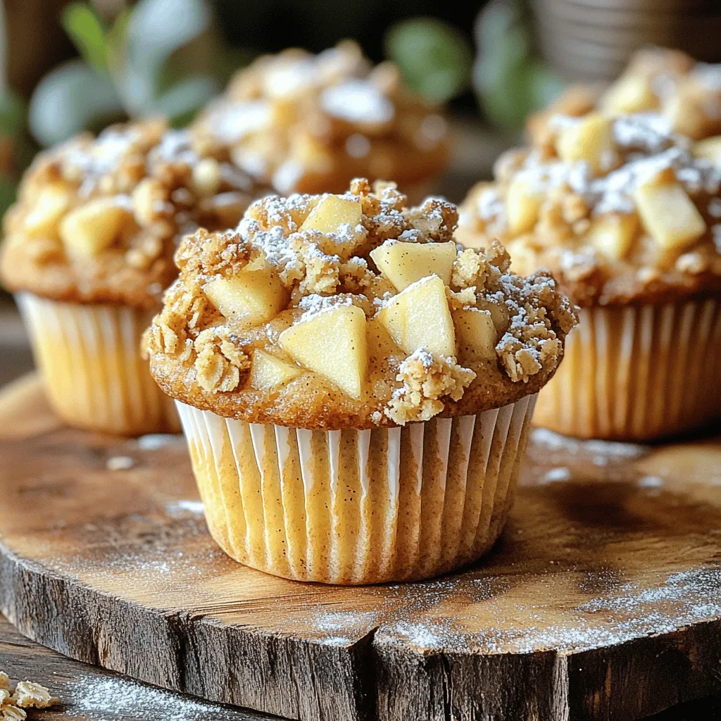 - 1 ½ cups all-purpose flour - 1 cup granulated sugar - ½ teaspoon baking powder - ½ teaspoon baking soda - ½ teaspoon salt - 1 teaspoon ground cinnamon - ½ cup unsalted butter, melted - 2 large eggs - 1 cup buttermilk (or substitute with 1 cup milk plus 1 tablespoon lemon juice) - 2 cups apples, peeled, cored, and diced (about 2 medium apples) - ⅓ cup brown sugar - ½ cup rolled oats - ¼ cup chopped nuts (like walnuts or pecans) - 1 teaspoon vanilla extract Gather your ingredients before you start. Each one plays a big role in making these muffins tasty and fun. All-purpose flour gives the muffins their structure. It's your base. Granulated sugar sweetens them up. This makes them delightful. Baking powder and baking soda help the muffins rise. They create that fluffy texture we love. Salt pulls all the flavors together, making them pop. Ground cinnamon adds warmth. It gives a lovely spice that pairs well with apples. Unsalted butter gives richness. Melt it for easy mixing. Buttermilk keeps the muffins moist. If you don't have buttermilk, mix milk with lemon juice. Eggs bind everything and add moisture. Diced apples bring freshness and sweetness. I use about two medium apples. The real star of the show! Now for the crumble! Brown sugar is sweet and gives a nice color. Rolled oats add a chewy texture. Finally, chopped nuts like walnuts or pecans add crunch. They make the topping extra special. With all these ingredients, you’re set to make the best apple crumble muffins! 1. Preheat the oven and prepare muffin tin: Set your oven to 350°F (175°C). Get your muffin tin ready by either lining it with paper liners or greasing it. This helps the muffins come out easily. 2. Mixing dry ingredients: In a large bowl, whisk together the all-purpose flour, granulated sugar, baking powder, baking soda, salt, and ground cinnamon. Make sure there are no lumps. 3. Combining wet ingredients: In another bowl, whisk the melted butter, eggs, vanilla extract, and buttermilk. Mix until it looks smooth and well-blended. 1. Incorporating wet and dry ingredients: Gently pour the wet mix into the dry mix. Use a spatula to stir until just combined. Do not overmix. This helps keep the muffins light and fluffy. 2. Folding in diced apples: Carefully add the diced apples to the batter. Fold them in gently. You want them mixed without breaking them up too much. 1. Preparing crumble topping: In a small bowl, combine brown sugar, rolled oats, and chopped nuts. This will create a crunchy topping for your muffins. 2. Filling muffin cups and baking time: Spoon the batter into each muffin cup, filling them about ¾ full. Sprinkle the crumble topping generously on each one. Bake for 18-20 minutes. Check with a toothpick; it should come out clean when done. To get the best muffin texture, do not overmix the batter. When you combine the wet and dry ingredients, mix just until you see no dry flour. Overmixing will make your muffins tough. After baking, let the muffins cool for five minutes in the pan. This keeps them fluffy and moist. Then, move them to a wire rack to cool completely. For a tasty touch, sprinkle powdered sugar on top of your muffins. You can also add a dollop of whipped cream. These toppings create a nice contrast to the sweet apple flavor. Pair your muffins with a warm drink like tea or coffee. They also go well with yogurt for a quick breakfast. Enjoy them fresh out of the oven for the best taste! {{image_4}} To make your apple crumble muffins even more fun, consider adding spices. A dash of nutmeg can give a warm touch. Ginger adds a nice zing that pairs well with apples. You can also play with different nuts. Try walnuts or pecans for a crunchy bite. If you want a creamy option, nut butters work great. Almond or peanut butter can add a rich flavor. If you need gluten-free muffins, use almond flour or oat flour instead of regular flour. Both options give great texture. For a dairy-free version, swap buttermilk with plant milk. Just mix any milk with a bit of lemon juice. This simple change keeps your muffins moist and tasty. These adjustments let everyone enjoy this treat, no matter their diet! Store your muffins at room temperature for up to three days. Use a sealed container to keep them fresh. If you want to enjoy them later, freezing is best. Wrap each muffin in plastic wrap. Then, place them in a freezer bag. They can stay in the freezer for up to three months. To enjoy your muffins warm, you have a few options. For the best taste, use the oven. Preheat it to 350°F (175°C). Place the muffins on a baking sheet and warm for about 5-10 minutes. You can also use the microwave. Heat for 10-15 seconds, but check to avoid overheating. Enjoy your warm muffins with a sprinkle of powdered sugar! Can I use different fruits in this recipe? Yes, you can! Try pears, blueberries, or even peaches. Just remember, softer fruits may change the texture. How do I know when muffins are fully baked? Insert a toothpick in the center. If it comes out clean, they are done. If it has wet batter, bake a few more minutes. Can I make the batter ahead of time? Yes, you can! Mix the dry and wet ingredients separately. Combine them just before baking to keep the muffins fluffy. What are the best types of apples for baking? I love using Granny Smith or Honeycrisp apples. They hold their shape and add a nice tartness. Other great options are Fuji and Braeburn. In this post, we covered the key ingredients for apple crumble muffins and how to prepare them. I shared step-by-step instructions, tips for the perfect texture, and tasty serving ideas. We explored variations and how to store your muffins, plus answered common questions about the recipe. With this knowledge, you can bake delicious muffins with ease. Enjoy creating your perfect batch, and share them with family and friends! Happy baking!