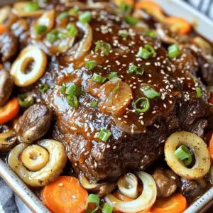 - 3-4 lbs beef chuck roast - 1/2 cup soy sauce - 1/4 cup brown sugar - 1/4 cup sesame oil - 1 tablespoon fresh ginger, minced - 4 cloves garlic, minced - 1 tablespoon gochugaru (Korean red pepper flakes) - 1 tablespoon rice vinegar - 1 teaspoon black pepper - 2 cups beef broth - 2 cups carrots, chopped - 1 cup onion, thinly sliced - 1 cup mushrooms, sliced - 4 green onions, chopped (for garnish) - Sesame seeds (for garnish) Gather these ingredients before you start cooking. Each one plays a key role in making the pot roast flavorful and hearty. The beef chuck roast is the star of the show. It becomes tender and juicy as it cooks. The soy sauce adds saltiness and deep flavor. Brown sugar gives a hint of sweetness. Sesame oil adds a lovely nutty taste. Fresh ginger and garlic bring warmth and zest. Gochugaru gives a mild heat and color. Rice vinegar brightens the dish. Vegetables like carrots, onions, and mushrooms add texture and nutrition. Green onions and sesame seeds make beautiful garnishes. They also add a fresh crunch. With these ingredients, you will create a meal that warms the heart. Enjoy the process of cooking and the delicious results! First, gather your ingredients. In a mixing bowl, whisk together the following: - 1/2 cup soy sauce - 1/4 cup brown sugar - 1/4 cup sesame oil - 1 tablespoon minced fresh ginger - 4 cloves minced garlic - 1 tablespoon gochugaru - 1 tablespoon rice vinegar - 1 teaspoon black pepper Mix until smooth. This marinade gives the roast a sweet and spicy kick. Next, take your beef chuck roast. Place it in a large resealable bag or a deep dish. Pour the marinade over the roast. Make sure it is fully coated. Seal the bag or cover the dish. Refrigerate for at least 4 hours, but overnight is best. This step helps the flavors soak in deeply. Now, preheat your oven to 300°F (150°C). In a heavy pot, heat a little oil over medium-high heat. Remove the roast from the marinade, letting the excess drip off. Carefully place it in the hot pot. Sear each side for about 4-5 minutes. Look for a deep golden-brown crust. This step adds rich flavor to the beef. After searing, take the roast out of the pot. Next, add chopped carrots, sliced onions, and mushrooms to the pot. Stir them for about a minute. This softens them slightly. Now, place the roast back on top of the vegetables. Pour in 2 cups of beef broth. Add the rest of the marinade. Stir to combine everything well. Cover the pot with a lid. Move it into the preheated oven. Cook for 3-4 hours. The meat should become tender and pull apart easily with a fork. This long cooking time makes the beef juicy and flavorful. When the roast is done, taste the sauce. Adjust the seasoning if needed. You can add more soy sauce or a pinch of salt. Remove the roast from the oven and let it rest for about 10 minutes. This helps the juices stay inside when you slice it. Slice the pot roast into thick pieces. Arrange them on a serving platter with the vegetables. Drizzle some cooking liquid over the top. Garnish with chopped green onions and a sprinkle of sesame seeds. This adds a nice crunch and makes it look pretty. Enjoy your flavorful Korean pot roast! Marinating is key for flavor. I suggest marinating your beef chuck roast for at least four hours. If you have time, let it sit overnight. This longer time allows the flavors to soak in deeply. You will taste the ginger, garlic, and soy sauce in every bite. Searing enhances flavor by creating a crust. Heat your pot over medium-high heat. Add a small amount of oil before placing the roast in the pot. Sear each side for four to five minutes until it turns a deep golden-brown. This step builds a rich taste that makes your pot roast even better. If you want a milder dish, use less gochugaru. Start with one teaspoon. You can add more later if you like it spicier. Taste the sauce before serving. If it needs more heat, sprinkle in some extra gochugaru. This way, you control the spice level to fit your taste. {{image_4}} You can easily make a vegetarian version of this dish. Use a hearty vegetable like jackfruit or mushrooms. These options soak up flavors well. Replace beef broth with vegetable broth. This keeps the dish rich and savory. Add more veggies, like zucchini or bell peppers, to boost nutrition. This way, you enjoy the same great taste without meat. You don’t have to stick with beef chuck. Other cuts work great, too. Try brisket for a tender, juicy result. Short ribs are another option; they add a rich flavor. If you prefer pork, use a pork shoulder. Each cut brings its unique taste while keeping the dish delicious. Feel free to mix your favorite vegetables into the pot roast. Potatoes are a classic choice; they add heartiness. Sweet potatoes can offer a nice twist with their sweetness. Try adding parsnips or turnips for a unique flavor. Toss in fresh herbs like thyme or rosemary for an aromatic kick. This flexibility can make your meal even more special. After enjoying your Korean pot roast, cool it down to room temperature. Place the leftover meat and veggies in an airtight container. Make sure to include some of the sauce for extra flavor. Store it in the fridge for up to 3 days. This helps keep the roast moist and tasty. When you are ready to enjoy the leftovers, heat them gently. You can use a microwave or stove. If using a microwave, place the roast and veggies in a safe dish. Cover it to keep the moisture in. Heat in short bursts, stirring in between until hot. If using a stove, warm it in a pot over low heat. Stir occasionally to prevent sticking. If you want to save the pot roast for later, freezing is a great option. First, let the roast cool completely. Then, cut it into portions. Wrap each portion in plastic wrap, then place them in a freezer bag. Be sure to squeeze out as much air as possible. You can freeze it for up to 3 months. When ready to eat, thaw it overnight in the fridge before reheating. Korean pot roast is a tender beef dish cooked with rich flavors. It uses beef chuck roast, soy sauce, and spices like gochugaru. The cooking method makes the meat juicy and easy to pull apart. This dish also has veggies like carrots and onions for added taste. Yes, you can use a slow cooker. After marinating the beef, you can sear it in a pan. Then, place it in the slow cooker with the veggies and broth. Cook on low for 6-8 hours. This method makes the beef very tender. You know the pot roast is done when it is very tender. Use a fork to check; it should pull apart easily. You can also use a meat thermometer. The internal temperature should reach 190°F (88°C) for perfect tenderness. You can serve Korean pot roast with rice or noodles. A simple side salad adds freshness. Steamed vegetables also work well. For a traditional touch, serve with kimchi or pickled radishes for extra flavor. To make the dish spicier, add more gochugaru. You can also use fresh chili peppers or chili paste. Adjust the spice to your taste. Remember to taste as you go, so it doesn't become too hot. Leftovers will last 3-4 days in the fridge. Store them in an airtight container. If you want to keep them longer, consider freezing them. Properly frozen, the pot roast can last for up to 3 months. This guide walked you through making a flavorful Korean pot roast. We covered key ingredients and detailed steps to ensure success. Tips for marinating and serving enhance the dish further. Variations let you customize based on your taste. Lastly, proper storage keeps leftovers fresh. Embrace this recipe to create a tasty meal that impresses everyone! Enjoy cooking and sharing this delightful feast.