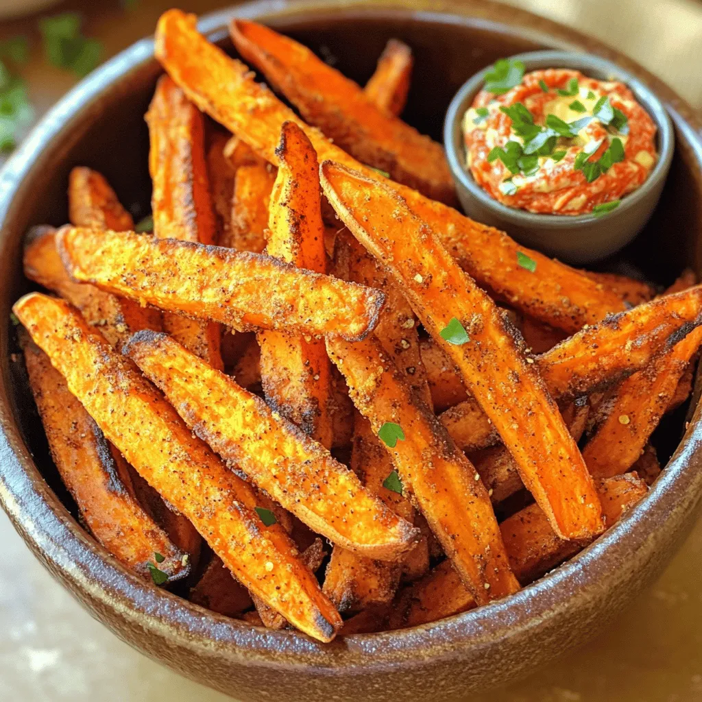 - 2 large sweet potatoes - 2 tablespoons olive oil - 1 teaspoon smoked paprika - 1/2 teaspoon garlic powder - 1/2 teaspoon onion powder - 1/2 teaspoon fine sea salt - 1/4 teaspoon freshly ground black pepper - 1/4 teaspoon cayenne pepper I love using sweet potatoes for fries. They are sweet, colorful, and packed with nutrients. You start with two large sweet potatoes. Peel them and cut them into even fries. This helps them cook evenly. Next, you will need olive oil and some spices for flavor. I use smoked paprika for a nice smoky taste. Garlic powder and onion powder give depth. Sea salt and black pepper add seasoning. Cayenne pepper adds heat, but you can adjust this based on your spice level. - 1/2 cup mayonnaise - 1 tablespoon Dijon mustard - 1 tablespoon sriracha sauce - 1 tablespoon fresh lemon juice The spicy aioli is a game-changer. I mix mayonnaise with Dijon mustard for creaminess and flavor. Adding sriracha gives it a spicy kick. I also squeeze in fresh lemon juice for brightness. This aioli pairs so well with the fries. You can adjust the sriracha to make it milder or hotter, depending on your taste. - Fresh parsley For a pop of color, I like to garnish with fresh parsley. It adds a nice touch to the fries and aioli. Just chop it finely and sprinkle it over the fries right before serving. This little detail makes your dish look professional and inviting. Preheating your air fryer is key to perfect fries. Set it to 400°F (200°C) for about 5 minutes. This helps the fries cook evenly and become crispy. If you skip this step, your fries may not turn out as good. Now, let's get those sweet potatoes ready. Take 2 large sweet potatoes and peel them. Cut them into uniform fries. This helps them cook at the same rate. Place the cut fries in a large bowl. Drizzle with 2 tablespoons of olive oil. Next, add the spices: - 1 teaspoon smoked paprika - 1/2 teaspoon garlic powder - 1/2 teaspoon onion powder - 1/2 teaspoon fine sea salt - 1/4 teaspoon freshly ground black pepper - 1/4 teaspoon cayenne pepper Toss everything well until the fries are coated. This mix gives them a great flavor and a bit of heat. Now, it’s time to air fry. Place the seasoned fries in the air fryer basket. Make sure to spread them out in a single layer. If they are too crowded, they won’t cook well. Cook the fries for 15 to 18 minutes. Shake the basket halfway through. This helps them cook evenly and become golden brown. Once done, they should look crispy and delicious. Enjoy! To make your sweet potato fries super crispy in the air fryer, follow these simple steps: - Cut Uniformly: Cut your sweet potatoes into even-sized fries. This helps them cook evenly. - Preheat the Air Fryer: Always preheat your air fryer to 400°F (200°C). This ensures that the fries start cooking right away. - Don’t Overcrowd: Place fries in a single layer in the basket. If you add too many, they will steam instead of fry. - Shake the Basket: Shake the basket halfway through cooking. This lets the hot air reach all sides of the fries. These tips will give you that perfect crunch on each fry! You can switch up the flavors of your sweet potato fries easily. Here are some fun ideas: - Cajun Spice: Use Cajun seasoning for a kick. - Italian Blend: Try Italian herbs like oregano and basil for a fresh taste. - Cinnamon Sugar: For a sweet twist, mix cinnamon and a bit of sugar. Feel free to mix and match these spices to suit your taste! Sweet potato fries pair well with many foods. Here are some great ideas: - Burgers: Serve them alongside your favorite burger. - Salads: Add them to a salad for extra crunch. - Dips: Besides spicy aioli, try ranch dressing or ketchup. These options will enhance your meal and make it more enjoyable! {{image_4}} You can change the flavor of your sweet potato fries easily. Try adding different spices for a fun twist. Here are some options: - Cinnamon and Sugar: For a sweet treat, mix cinnamon and a bit of sugar. - Cajun Spice Mix: Add a kick with a blend of cayenne, paprika, and garlic powder. - Italian Herbs: Use dried basil, oregano, and thyme for a fresh flavor. Each combination gives the fries a new personality. You can mix and match as you like! Sweet potato fries taste great with many sauces. Here are a few tasty options to try: - Garlic Ranch: Mix ranch dressing with minced garlic for a creamy dip. - Honey Mustard: Blend honey with mustard for a sweet and tangy option. - Avocado Lime Sauce: Mash avocado with lime juice for a fresh, creamy dip. Experiment with these sauces to find your favorite pairings. Each dip adds a new layer of flavor to your fries. If you don’t have an air fryer, you can still enjoy sweet potato fries. Here’s how to bake them: 1. Preheat the Oven: Set your oven to 425°F (220°C). 2. Prepare the Fries: Toss your seasoned sweet potato fries with olive oil and spices. 3. Arrange on a Baking Sheet: Lay the fries in a single layer on a baking sheet. Use parchment paper for easy cleanup. 4. Bake: Cook for 25-30 minutes, flipping halfway through to ensure even crisping. Baked fries have a different texture but are still delicious! Enjoy your crispy treat. To keep your sweet potato fries fresh, store them in an airtight container. Place a paper towel inside to absorb moisture. This helps keep the fries crispy. You can refrigerate them for up to three days. For longer storage, freeze the fries in a single layer on a baking sheet. Once frozen, transfer them to a freezer bag. They can last up to three months in the freezer. To reheat fries and keep them crispy, use the air fryer. Set it to 375°F (190°C) and cook for about 5-7 minutes. This method revives their crunch. Alternatively, you can use an oven. Preheat the oven to 400°F (200°C), spread the fries on a baking sheet, and bake for 10-12 minutes. Avoid using the microwave, as this will make them soft. Sweet potato fries can last about three days in the fridge. The spicy aioli, when stored properly, lasts about one week in the fridge. For frozen fries, they maintain their quality for up to three months. Just ensure you seal them well to prevent freezer burn. Yes, you can use frozen sweet potatoes for this recipe. Just remember that frozen fries may cook faster. Start checking them at 12 minutes. If they seem soft but not crispy, give them a few more minutes. Adjust the cooking time, and they can still taste great! To make the aioli less spicy, simply cut back on the sriracha. Start with a teaspoon, then taste it. If you want it milder, add more mayonnaise. You can also swap sriracha for regular mayo or Greek yogurt for a creamy dip without the heat. Most air fryers work well for fries. I recommend air fryers with adjustable temperature settings. Look for models like the Philips or Ninja. These brands cook evenly and have good capacity. They help you achieve that perfect crispiness every time! This post covered how to make delicious sweet potato fries and spicy aioli. We discussed ingredients, air frying steps, and ways to add flavor. Remember to preheat the air fryer and shake the basket for the crispiest fries. Explore variations and storage tips for leftovers. Experiment with different spices and sauces to find your favorite flavor. With these tips, you can enjoy awesome sweet potato fries anytime. Embrace the fun of cooking and make this dish your own!