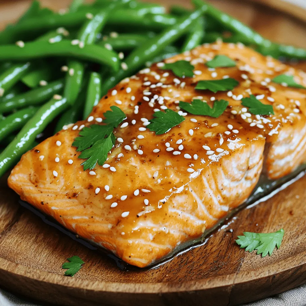- 4 salmon fillets (approximately 6 ounces each) - 4 tablespoons pure honey - 3 cloves garlic, finely minced - 1 tablespoon soy sauce (low sodium recommended) - 1 tablespoon freshly squeezed lemon juice The main ingredients for honey garlic salmon create a sweet and savory flavor. Salmon fillets are the star of this dish. They are rich in omega-3 fatty acids and protein. Honey adds sweetness that balances the savory notes. Garlic gives a punchy taste that brightens the dish. Soy sauce adds umami, enhancing the overall flavor. Finally, lemon juice brings acidity, cutting through the richness of the fish. - 1 pound fresh green beans, trimmed and cleaned - 2 tablespoons extra virgin olive oil - Sesame seeds, for garnish - Fresh parsley, finely chopped, for garnish - Salt and freshly cracked black pepper, to taste Fresh green beans add crunch and color to the plate. They are tasty and full of vitamins. Olive oil helps sauté the beans, adding richness. Sesame seeds give a nutty flavor and a nice crunch. Fresh parsley brightens the dish with color and freshness. Salt and pepper enhance the natural taste of the beans. Together, these ingredients make a perfect side for honey garlic salmon. To start, we need to prepare the marinade. In a medium bowl, combine these ingredients: - 4 tablespoons pure honey - 3 cloves garlic, finely minced - 1 tablespoon soy sauce - 1 tablespoon freshly squeezed lemon juice - Salt and freshly cracked black pepper, to taste Whisk this mixture until smooth. Then, place your salmon fillets in a shallow dish. Make sure each fillet is coated well. Pour the marinade over the salmon. Cover the dish and let it marinate in the fridge for 20-30 minutes. This time allows the flavors to soak into the salmon. Now it’s time to cook the salmon. In a large skillet, heat 2 tablespoons of extra virgin olive oil over medium-high heat. Once hot, remove the salmon from the marinade, but keep that marinade for later. Place the salmon in the skillet, skin-side down. Sear the salmon for about 4-5 minutes. You want the skin to be crispy and golden brown. After searing, carefully flip the salmon with a spatula. Pour the reserved marinade over the fish. Cook for an additional 3-4 minutes. The salmon should flake easily with a fork when done. While the salmon cooks, let’s prepare the green beans. Fill a medium pot with water and add a generous pinch of salt. Bring it to a rolling boil. Once boiling, add 1 pound of trimmed green beans. Blanch them for 3-4 minutes. You want them vibrant green and tender-crisp. Next, quickly transfer the beans to an ice bath using a slotted spoon. This stops the cooking process. Drain the beans and set them aside. In another skillet, heat a small drizzle of olive oil over medium heat. Add the blanched green beans to the pan. Sauté for 3-4 minutes, tossing continuously. Season with salt and pepper to taste. The beans should be nicely coated and heated through. To get crispy skin on your salmon, start with dry fillets. Pat them with a paper towel first. This helps the skin get nice and crispy when you cook it. Heat your skillet until it's hot before adding olive oil. Place the salmon skin-side down. Don’t move it for the first few minutes. This helps the skin crisp up nicely. To check for doneness, look for the fish to turn from bright pink to a lighter shade. You can also use a fork to see if it flakes easily. If it does, it's ready to eat. The salmon should cook for about 8-10 minutes total. If you want to adjust the sweetness, add more honey or reduce it for less sweetness. You can also tweak the tanginess. For more zing, add extra lemon juice. If you like a little heat, sprinkle some chili flakes into the marinade. For garnishing, try using fresh herbs like dill or basil. They add a fresh taste. You can also sprinkle extra sesame seeds for a nice crunch. A dash of zest from a lemon adds brightness too. These simple changes can make your dish even more exciting! {{image_4}} You can spice up your honey garlic salmon in fun ways. One great option is to add chili flakes. This brings heat and depth to the dish. Just sprinkle them on the salmon before cooking. You can also mix them into the marinade for an even flavor. Another option is to use herb-infused marinades. Fresh herbs like rosemary or thyme add a fragrant twist. Combine them with the honey and garlic for a new taste. You can even try using dried herbs if fresh ones are not available. They still bring great flavor to the table. You don’t have to stick to green beans. Many vegetables work well with salmon. Broccoli is a great substitute. It adds crunch and color. Asparagus is also a tasty choice. It cooks quickly and looks beautiful on the plate. For seasonal options, consider zucchini or bell peppers. These veggies add a fresh, vibrant feel. You can roast or sauté them to complement the salmon. This way, your meal stays exciting and full of variety. To keep your honey garlic salmon and green beans fresh, follow these tips: - Refrigeration guidelines: Place any leftovers in an airtight container. They can last in the fridge for up to three days. Make sure to cool the dish to room temperature before sealing it. This helps prevent moisture buildup. - Freezing tips: If you want to store the meal for longer, you can freeze it. Wrap each salmon fillet and green beans tightly in plastic wrap and then place them in a freezer bag. They can stay frozen for up to three months. When you’re ready to eat, thaw them in the fridge overnight. To enjoy your leftovers, reheating is key. Here are the best methods: - Best methods to retain flavor and texture: The oven works best. Preheat it to 350°F (175°C). Place the salmon and green beans on a baking sheet. Cover with foil to keep moisture in. Heat for about 15-20 minutes or until warmed through. - If you prefer the stovetop, use a skillet. Heat it over medium heat, add a splash of water, and cover. This helps steam the food while it warms. Cook for about 5-7 minutes, checking often to prevent overcooking. This way, you keep the sweet and savory taste intact! You should marinate the salmon for 20 to 30 minutes. This time allows the fish to soak up the sweet and savory flavors of the marinade. The honey, garlic, and soy sauce blend together beautifully. If you marinate too long, the fish may become too salty. Yes, you can use frozen salmon fillets. To thaw them, place the fillets in the fridge overnight. If you're short on time, you can also use a cold water method. Seal the fillets in a bag and submerge them in cold water for about an hour. Pat them dry before marinating. Honey garlic salmon goes great with fresh green beans, as they provide a nice crunch. You can also serve it with rice or quinoa for a hearty meal. A simple salad with mixed greens adds freshness and balances the dish. Roasted vegetables like asparagus or broccoli also complement the flavors nicely. In this article, we explored delicious honey garlic salmon and fresh green beans. You learned about key ingredients and step-by-step cooking methods. I shared tips for perfecting salmon and enhancing flavors. You also found ideas for variations, storage, and reheating tips. Now, you have the tools to create this tasty meal. Enjoy experimenting in your kitchen with these simple steps!