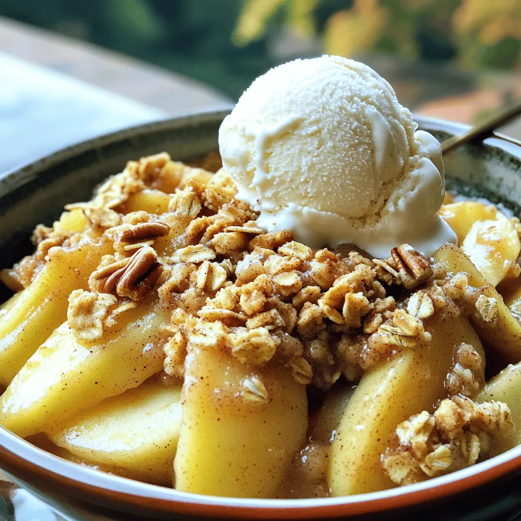 - 4 medium apples, peeled, cored, and thinly sliced - 1 cup of rolled oats - 1 cup of packed brown sugar - 1/2 cup of all-purpose flour - 1 teaspoon of ground cinnamon - 1/2 teaspoon of salt - 1/2 cup of unsalted butter, melted - 1/4 cup of chopped walnuts (optional) What can I use instead of brown sugar? You can try maple syrup or honey. Both add sweetness but change the texture a bit. For a gluten-free option, you can use almond flour or gluten-free all-purpose flour. This keeps your crisp tasty and safe for gluten-free diets. If you want a nut-free apple crisp, skip the walnuts. You can add seeds like pumpkin or sunflower for crunch without the nuts. - Preheat the oven: Start by setting your oven to 350°F (175°C). This ensures that your Apple Crisp bakes evenly. - Coating the apples with sugar and cinnamon: In a large bowl, mix the sliced apples with 1/2 cup of brown sugar and 1 teaspoon of cinnamon. Toss until all apple slices are coated. This step adds sweetness and flavor to the apples. - Mixing dry ingredients: In another bowl, combine 1 cup of rolled oats, the remaining 1/2 cup of brown sugar, 1/2 cup of all-purpose flour, and 1/2 teaspoon of salt. This mixture forms the base of your topping. - Combining with melted butter and nuts: Pour in 1/2 cup of melted unsalted butter. If you like, add 1/4 cup of chopped walnuts for extra crunch. Stir until the mix is crumbly and well-blended. - Layering the apple mixture and topping: Spread the coated apples evenly in a greased 9x13-inch baking dish. Sprinkle the crumble topping over the apples, covering them completely. This ensures that every bite is delicious. - Baking time and temperature: Place the dish in your preheated oven. Bake for 30-35 minutes. The Apple Crisp is ready when the apples are soft and the topping turns golden brown. Enjoy the warm, sweet aroma that fills your kitchen! Choosing the right apples makes a big difference. I recommend using tart apples like Granny Smith. Their firm texture holds up well in baking. You want apples that won't turn mushy. Avoid soft apples like Red Delicious for this recipe. To avoid a soggy base, layer the apples evenly. This helps them cook uniformly. Don't over-saturate the apples with sugar. Too much moisture can lead to a soggy bottom. You can prepare this apple crisp in advance. Mix the apple layer and topping before baking. Store them separately in the fridge. When you're ready, assemble and bake. This makes it easy for last-minute guests. For reheating, place the crisp in the oven. Heat it at 350°F for about 15-20 minutes. This keeps the topping crispy. You can also use a microwave, but the texture may change. Serve warm portions in individual bowls. A scoop of vanilla ice cream on top adds a creamy touch. The warm crisp and cold ice cream create a delightful contrast. Garnish with a dusting of cinnamon or nutmeg. You can also add a few chopped walnuts for extra crunch. This makes your dish look and taste even better. {{image_4}} You can change the fruit in this crisp to fit your taste. Try using pears for a sweet twist. Berries, like blueberries or raspberries, add a nice tartness. Seasonal fruits also work well. In fall, use apples and pears. In summer, mix in berries for a colorful treat. Add a dash of vanilla for extra warmth in flavor. Nutmeg is another great choice that adds depth. You can also mix in more nuts or seeds. Chopped almonds or sunflower seeds give a nice crunch. This makes your crisp even more delicious and fun. You can easily make this recipe vegan. Just swap the regular butter for plant-based butter. For a sugar replacement, try maple syrup or coconut sugar. Both work well and taste great. These changes keep the crisp tasty while meeting dietary needs. To keep your apple crisp fresh, store it properly. Place the cooled apple crisp in an airtight container. This helps lock in moisture and flavor. You can keep it in the fridge for up to three days. If you want to save it longer, freezing is a great option. For freezing, let the apple crisp cool completely. Then, wrap it tightly in plastic wrap and foil. This prevents freezer burn. You can freeze it for up to three months. When you're ready to enjoy it, simply thaw it in the fridge overnight. Reheating apple crisp can be simple and quick. The best method is to use the oven. Preheat your oven to 350°F (175°C). Place the crisp in a baking dish and cover it with foil. This keeps it moist while it heats. Bake for about 15-20 minutes until it's warm. If you're short on time, you can use a microwave. Place a portion in a microwave-safe bowl. Heat it for 30 seconds to 1 minute. Check to see if it's warm. This method may not keep the topping as crispy, but it works in a pinch. To preserve texture and flavor, always avoid overheating. You want the apples tender and the topping still crumbly. This way, every bite remains delightful. Yes, you can! Feel free to mix other fruits in your apple crisp. Here are some tasty options: - Pears: They add a sweet and juicy flavor. - Berries: Blueberries or raspberries bring a nice tartness. - Peaches: These add a lovely summer twist. - Cherries: They lend a rich, sweet flavor. Mixing fruits can change the taste and texture. Just ensure you balance sweetness. For example, if using tart berries, you might need extra sugar. Making this apple crisp gluten-free is simple. Here are some swaps: - Use gluten-free flour instead of all-purpose flour. Almond flour or oat flour works well. - Ensure the rolled oats are certified gluten-free. Some oats may contain gluten. - Check the brown sugar for any additives that might not be gluten-free. These changes keep the taste and texture great while making it safe for gluten-free diets. Serving apple crisp with a few extras makes it even better. Here are some ideas: - Vanilla Ice Cream: The warm crisp pairs perfectly with cold ice cream. - Whipped Cream: This adds a light, creamy touch. - Caramel Sauce: Drizzle some on top for added sweetness. - Coffee or Tea: A warm drink complements the dish nicely. These pairings enhance the flavors and create a delightful dessert experience. In this post, I covered how to make a tasty apple crisp. You learned about the ingredients, how to prepare them, and tips for perfecting the dish. I also shared variations and storage tips. Try new fruits or toppings to make your crisp unique. Remember, a warm bowl with ice cream is a great way to enjoy it. With this guide, you can create a delicious dessert that wows everyone. Enjoy making your apple crisp!