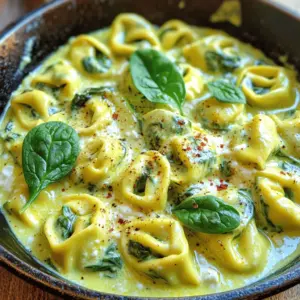 - 15 ounces fresh spinach tortellini - 2 tablespoons olive oil - 2 cloves garlic, minced - 1 cup heavy cream - 1/2 cup grated Parmesan cheese - 1/2 cup ricotta cheese - 1 teaspoon dried oregano - Salt and black pepper to taste - Fresh spinach leaves (for garnish) - A pinch of red pepper flakes (optional for a kick) Each serving of creamy spinach tortellini offers a tasty balance of flavors and nutrients. Here’s a quick breakdown: - Calories: About 480 - Protein: 18g - Fat: 28g - Carbohydrates: 40g - Fiber: 2g - Sugar: 2g This dish is rich in flavor and provides a good source of protein from both cheeses and tortellini. You can easily adjust some ingredients to fit your needs: - Tortellini: Use any stuffed pasta you prefer. Cheese or mushroom-filled versions work well. - Heavy cream: Swap with half-and-half or coconut cream for a lighter option. - Parmesan cheese: Nutritional yeast makes a great vegan substitute. - Ricotta cheese: Cottage cheese can work in a pinch. - Olive oil: Avocado oil or butter are good alternatives for cooking. - Fresh spinach leaves: Arugula or kale can add a different twist for garnish. These swaps let you customize the dish while keeping it delicious. Start by filling a large pot with water. Add a generous pinch of salt. Bring the water to a rolling boil. Once boiling, carefully add 15 ounces of fresh spinach tortellini. Cook them for about 3-4 minutes, or until they are al dente. Be sure to follow the package instructions for best results. After cooking, drain the tortellini well and set them aside in a bowl. In a spacious skillet, pour in 2 tablespoons of olive oil. Heat the oil over medium heat until it shimmers. Then, add 2 cloves of minced garlic. Sauté the garlic for around 30 seconds. Stir constantly to let the aroma fill your kitchen. Make sure not to let the garlic brown. Next, carefully add 1 cup of heavy cream to the skillet. Stir it in slowly, allowing it to heat without boiling. Now, it’s time to make the sauce creamy. Add 1/2 cup of grated Parmesan cheese and 1/2 cup of ricotta cheese. Stir continuously until both cheeses melt into the cream. This creates a rich, smooth texture. Sprinkle in 1 teaspoon of dried oregano. Season the sauce with salt and black pepper to taste. For a little heat, add a pinch of red pepper flakes if you like. Gently add the cooked tortellini to the skillet. Toss them in the creamy sauce until they are well coated. Let the tortellini simmer in the sauce for about 2-3 minutes. This lets all the flavors blend together beautifully. Your creamy spinach tortellini is now ready to serve! For a pop of color, garnish with fresh spinach leaves before plating. Enjoy your flavorful dinner delight! To cook tortellini just right, follow these tips: - Use plenty of water: Fill a large pot with water. Add a good amount of salt. This helps season the pasta. - Boil water first: Wait for the water to boil before adding the tortellini. This keeps them from getting mushy. - Don’t crowd the pot: Cook in batches if needed. This helps each piece cook evenly. - Check doneness: Taste a piece after 3 minutes to see if it’s al dente. It should have a slight bite. To make your sauce smooth and creamy, consider these points: - Heat gently: Add cream slowly to the garlic. Don’t let it boil, as this can make it separate. - Melt cheese properly: Stir in the cheeses until fully melted. This creates a rich, creamy texture. - Season carefully: Taste the sauce before adding more salt or pepper. Balance is key for flavor. - Add herbs last: Mix in oregano at the end for fresh flavor. Dried herbs can lose their taste when cooked too long. To make your dish beautiful and tasty, try these ideas: - Use fresh spinach: Garnish with fresh spinach leaves for color and crunch. It brightens the dish. - Extra cheese: A sprinkle of Parmesan on top adds flavor and looks great. - Red pepper flakes: If you like heat, add a pinch of red pepper flakes. It gives a nice kick. - Plate with care: Serve in shallow bowls for a fancy touch. Drizzle extra sauce on top for visual appeal. {{image_4}} You can make this dish vegan. For a dairy-free sauce, use coconut cream instead of heavy cream. Choose nutritional yeast for a cheesy flavor. You can also replace the cheeses with vegan options. Look for vegan ricotta and Parmesan in stores. These swaps keep the dish creamy and flavorful. Adding protein makes this meal heartier. Cooked chicken breast works well. Simply slice it and mix it with the tortellini. Shrimp is another tasty option. Sauté shrimp until they turn pink, then add them to the creamy sauce. These proteins add texture and taste. Using seasonal vegetables boosts flavor and nutrition. Try adding fresh tomatoes in summer. Their sweetness brightens the dish. In fall, mix in roasted butternut squash for a warm touch. Spinach is perfect here, but feel free to add kale or peas. These veggies make your meal colorful and exciting. To store your creamy spinach tortellini, wait for it to cool. Place it in an airtight container. It will stay fresh in the fridge for up to three days. When you’re ready to eat, just take it out and enjoy! Reheat your tortellini on the stove for the best results. Add a splash of milk or cream in a skillet. This will keep it creamy. Heat on low, stirring gently until warmed through. You can also use the microwave. Place it in a bowl, cover it, and heat for 1-2 minutes. Stir halfway for even warmth. You can freeze creamy spinach tortellini for later. Use a freezer-safe container or bag. It will stay good for up to three months. To reheat, let it thaw in the fridge overnight. Then, warm it on the stove or in the microwave as mentioned above. This way, you can enjoy a delicious meal anytime! To make creamy spinach tortellini from scratch, you need a few key steps. First, create fresh pasta dough. Combine flour and eggs to form a smooth mix. Roll the dough thin and cut it into circles. Next, prepare a filling. You can use ricotta cheese, spinach, and a pinch of salt. Place a small amount of filling in the center of each circle. Fold the dough over and seal the edges to form tortellini. Cook the tortellini in boiling salted water until they float. Then, follow the sauce steps in the recipe for a creamy delight. Yes, you can use frozen tortellini. It is a great time-saver. Just cook the frozen tortellini in boiling water for about 5-7 minutes. Follow the package instructions for the best results. After cooking, drain the tortellini and add them to the creamy sauce. The flavors will still meld well, making a delicious meal. Creamy spinach tortellini pairs well with many sides. Here are a few ideas: - A fresh garden salad with a light vinaigrette. - Garlic bread for a crunchy texture. - Roasted vegetables to add color and nutrients. - A glass of white wine, like Pinot Grigio, enhances the meal. These sides balance the creamy dish and create a delightful dining experience. In this article, we explored the magic of creamy spinach tortellini. We covered the key ingredients and their nutritional value. I shared easy steps to prepare the dish and tips for perfect results. You learned about fun variations and how to store leftovers. Embrace this dish’s flexibility to suit your taste. Enjoy cooking, experimenting, and sharing this delightful meal with friends and family. Simple, tasty, and rewarding, creamy spinach tortellini can elevate any dining experience.